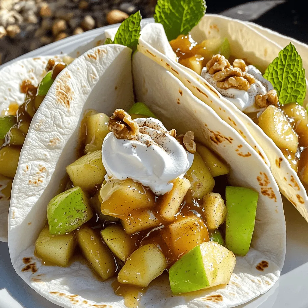 To make Apple Cheesecake Tacos, you need fresh and tasty ingredients. Here’s what you will need: - Large apple varieties (Granny Smith or Honeycrisp) - Butter and spices (cinnamon, brown sugar) - Cream cheese and sweeteners (powdered sugar, vanilla extract) - Flour tortillas and optional toppings (walnuts, whipped cream, mint leaves) These ingredients create a perfect mix of flavors. The apples give a crisp bite, while the cream cheese adds a rich texture. The spices bring warmth and sweetness to the dish. You can easily find all these items at your local grocery store. When you choose your apples, pick ones that are firm and fresh. This will make your tacos taste amazing. You can see the full recipe for more details on how to prepare this fun dessert. First, grab your skillet and melt the butter over medium heat. Add the diced apples, cinnamon, and brown sugar. Sauté them for about 5 to 7 minutes. You want the apples to become tender and caramelized. Stir occasionally to avoid burning. Once cooked, set the apples aside to cool. In a mixing bowl, combine the softened cream cheese, powdered sugar, and vanilla extract. Use a hand mixer or a whisk to beat the mixture. You want to achieve a smooth and creamy consistency. Make sure there are no lumps. This creamy filling is the heart of your tacos. Now it's time to warm the flour tortillas. You can do this in a dry pan or microwave. Just a few seconds will make them pliable. Spread a generous portion of the cream cheese filling on each tortilla. Then, spoon the sautéed apples over the cream cheese. If you like, add chopped walnuts for a nice crunch. Fold the tortillas in half like a taco. Place them on serving plates. Top with a dollop of whipped cream. Garnish with fresh mint leaves if you want a pop of color. For the full recipe, check the details above. Enjoy your delicious Apple Cheesecake Tacos! Choosing the right apple is key. I love using Granny Smith or Honeycrisp apples. They offer a nice balance of sweet and tart. For cooking, slice them into small cubes. This helps them cook evenly. Sauté the apples in butter, cinnamon, and brown sugar. Cook them for about 5 to 7 minutes. You want them soft and caramelized. Keep stirring to avoid burning. For a twist, try flavored cream cheese. Pumpkin spice or chocolate cream cheese work well. Adjust the sweetness to your taste. You can add more powdered sugar if you like it sweeter. Or, reduce it for a less sweet filling. Both ways will add a fun kick to your tacos. Toppings can make a big difference. Consider adding chopped walnuts on top for crunch. You can also try chocolate syrup for a sweet drizzle. Ice cream pairs nicely with these tacos too. A scoop on the side makes it a real treat. Enjoy them warm with a dollop of whipped cream. Fresh mint leaves add a pop of color and flavor. These small touches make your Apple Cheesecake Tacos stand out! {{image_2}} You can switch apples for other fruits. Pears are sweet and soft. They add a great taste. Berries like strawberries or blueberries also work well. Mixing fruits gives a fun twist! Try using a blend of apples and berries for a unique flavor. The sweet and tart notes will surprise your taste buds. If you need gluten-free tacos, use corn tortillas. They hold up well and taste great. For a fresh twist, try lettuce wraps instead. They add a nice crunch and are light. If you're vegan, use dairy-free cream cheese. Brands like Tofutti or Kite Hill make good options. You can still enjoy a tasty filling while keeping it plant-based. Check out the Full Recipe for more details on these options! To keep your Apple Cheesecake Tacos fresh, store them properly. If you have assembled tacos, wrap each one in plastic wrap. Place them in an airtight container. This keeps the tacos from getting soggy. You can store them in the fridge for up to two days. If you have unassembled tacos, store the cream cheese filling and sautéed apples separately. Use containers with tight lids. The cream cheese filling lasts about five days, while the apples stay fresh for four days. When reheating, you want to keep the texture just right. For the assembled tacos, heat them in a skillet over low heat. This warms them gently. Avoid the microwave, as it can make them soggy. For the cream cheese filling, warm it in a bowl over hot water. This method keeps it creamy and smooth. Add a bit of milk if it thickens too much. Enjoy your yummy tacos again without losing their charm! The prep time for Apple Cheesecake Tacos is about 15 minutes. This includes chopping the apple and mixing the cream cheese filling. The cook time is around 15 minutes. You sauté the apples until they are soft and caramelized. So, the total time is 30 minutes. This quick recipe is perfect for busy days or a sweet treat! Yes, you can make the cream cheese filling ahead of time. Just mix the cream cheese, powdered sugar, and vanilla as the recipe says. Store it in an airtight container in the fridge. It will stay fresh for up to three days. This way, you can save time when you are ready to assemble your tacos! These tacos pair well with many treats. You can serve them with vanilla ice cream or whipped cream. Adding a drizzle of caramel sauce makes them even more special. For drinks, try hot apple cider or a simple cup of tea. You can also enjoy them with a fresh fruit salad for a balanced meal. In this article, we covered a fun recipe for Apple Cheesecake Tacos. We discussed the key ingredients and how to prepare them. I shared tips for making your apples sweet and your cream cheese smooth. You learned how to assemble the tacos and served them with tasty toppings. Remember, you can switch out fruits and try new flavors. The possibilities are endless. Enjoy making this delicious treat that everyone will love!