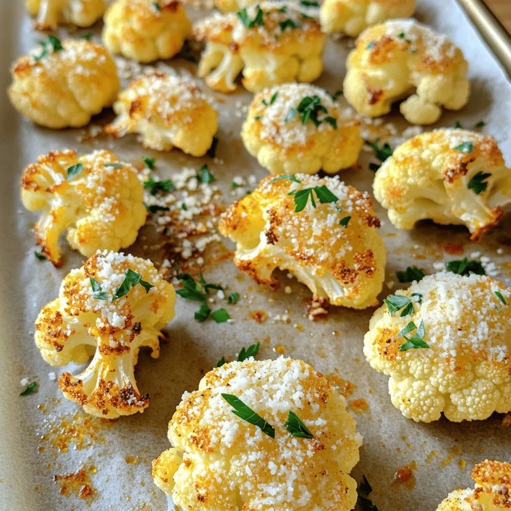 To make Crispy Parmesan Roasted Cauliflower, you will need: - 1 medium head of cauliflower, cut into florets - 1/2 cup grated Parmesan cheese - 1/4 cup olive oil - 1 teaspoon garlic powder - 1 teaspoon onion powder - 1/2 teaspoon smoked paprika - Salt and pepper to taste - Fresh parsley, chopped (for garnish) Gather these tools to make cooking easy: - A large mixing bowl - A baking sheet - Parchment paper - A spatula or wooden spoon - A sharp knife for cutting You can add extra flavors if you wish: - A squeeze of lemon juice for brightness - A pinch of red pepper flakes for heat - Fresh herbs like thyme or rosemary for earthiness These ingredients and tools help create a tasty dish. Enjoy the process of making this delightful meal! For the complete recipe, check the Full Recipe. Start by washing the cauliflower. Remove any leaves and cut it into florets. Aim for even sizes for cooking. This helps all pieces cook at the same time. Place the florets in a large bowl. In a separate bowl, mix the olive oil, garlic powder, onion powder, smoked paprika, salt, and pepper. Stir well. This blend will give the cauliflower a burst of flavor. Pour the marinade over the florets. Toss them until each piece is well coated. Preheat your oven to 425°F (220°C). Line a baking sheet with parchment paper. Spread the marinated cauliflower in a single layer on the sheet. Now, sprinkle the grated Parmesan cheese on top. Roast the cauliflower for 25 to 30 minutes. Stir halfway through. Look for a golden brown color and crispy texture. Once done, take it out and let it cool for a few minutes. Garnish with chopped parsley before serving. You can find the full recipe above for more details. To get crispy Parmesan roasted cauliflower, follow a few key steps. First, make sure to cut the cauliflower into even florets. This helps them cook at the same rate. Second, don't skip the olive oil. It helps create a nice crispy texture. Third, roast the cauliflower at a high temperature, around 425°F (220°C). This allows the florets to brown well. Lastly, stir the cauliflower halfway through cooking. This ensures all sides get crispy. Crispy Parmesan roasted cauliflower is great as a snack or side dish. You can serve it with a dipping sauce, like ranch or garlic aioli. It pairs nicely with grilled meats or fish. You can also add it to a salad for extra crunch. If you want to impress guests, serve it on a large platter with fresh parsley on top. One common mistake is overcrowding the baking sheet. This traps steam and makes the cauliflower soggy. Spread the florets out for even roasting. Another mistake is not seasoning enough. Use salt and pepper generously for great flavor. Lastly, don’t skip the cheese! Parmesan adds a rich taste and crunch. For the full recipe, check out the complete guide. {{image_2}} You can switch up the cheese in this recipe. Try using Pecorino Romano for a sharper taste. Or, go for a mix of mozzarella and cheddar for a creamy texture. Each cheese adds a unique flavor to the dish. Spices can change the whole vibe of your cauliflower. Try adding cayenne pepper for heat. Or, use Italian seasoning for a herby touch. You can even mix in curry powder for a warm, earthy flavor. Experiment with what you love. To make this dish vegan, skip the cheese. Instead, use nutritional yeast. It gives a cheesy flavor without dairy. You can also add a bit of tahini for creaminess. Adjust the spices to enhance the taste. Enjoy this dish with a whole new twist! For the full recipe, please check the earlier sections. After enjoying your Crispy Parmesan Roasted Cauliflower, store any leftovers in an airtight container. Keep them in the fridge for up to three days. This helps keep the flavors fresh and the texture good. Avoid stacking them too high to prevent sogginess. To reheat, preheat your oven to 350°F (175°C). Spread the cauliflower on a baking sheet. Heat for about 10-15 minutes. This will help regain some crispiness. You can also use an air fryer for a quicker option. Just heat at 350°F for about 5 minutes. If you want to freeze the leftovers, make sure they are cool first. Place the cauliflower in a freezer-safe bag or container. It can last up to two months in the freezer. To use, thaw in the fridge overnight. Then, reheat as mentioned above. Yes, you can use frozen cauliflower. Just thaw it first. Pat it dry with paper towels. This step helps to keep the texture crisp. Frozen cauliflower cooks faster. Keep an eye on it to avoid overcooking. This recipe is already gluten-free! Just use fresh ingredients. Ensure your Parmesan cheese is free of gluten. Always check labels when buying store-bought items. You can serve this dish with many items. Here are some great options: - Grilled chicken or fish - A fresh salad - Quinoa or rice - A hearty soup These pairings enhance the flavors and make a complete meal. Enjoy experimenting with your plate! For the full recipe, check the section above. This blog post covered all the essentials for making Crispy Parmesan Roasted Cauliflower. We discussed the right ingredients, tools, and steps you need. Tips helped you avoid common mistakes for perfect crispiness. You learned about variations, storage, and answers to frequent questions. Trying new flavors or sticking with classics makes this dish fun. Enjoy your cooking adventure and share your results! You now have the tools to make this easy and tasty recipe at home.