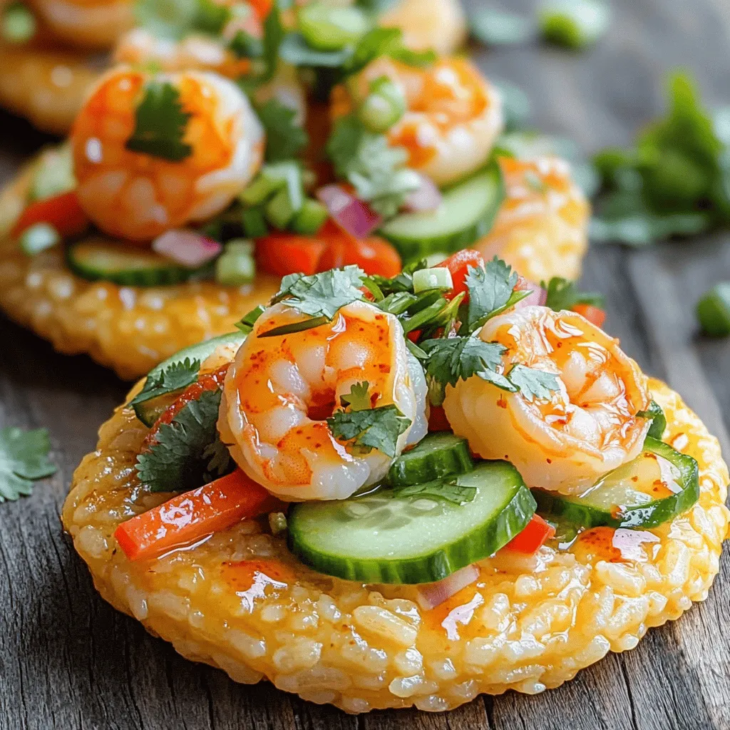 - 1 cup sushi rice - 1 lb shrimp, peeled and deveined - ½ cucumber, thinly sliced - 1 red bell pepper, julienned - 2 green onions, chopped - 2 cups water - 1 tablespoon rice vinegar - 1 teaspoon sugar - Salt to taste - 2 tablespoons vegetable oil (for frying) - 1 tablespoon sriracha sauce - 1 tablespoon lime juice - 1 clove garlic, minced - 1 teaspoon ginger, grated - Fresh cilantro - Green onions Creating crispy rice with spicy shrimp salad is all about the balance of flavors and textures. The sushi rice is essential for that perfect bite. It’s sticky and holds together well when fried. The shrimp brings a tasty punch, especially when mixed with sriracha and lime juice. Fresh veggies like cucumber and bell pepper add crunch and color. Rice vinegar and sugar are key pantry staples. They give the rice a slight tang and sweetness that balances the spice from the shrimp. You can make it even better with garnishes like fresh cilantro and green onions. They add freshness and a pop of flavor. If you want the full recipe with step-by-step instructions, check out the Full Recipe link. Enjoy making this delightful dish! - Rinsing the Sushi Rice Start by rinsing the sushi rice. Use cold water and place the rice in a bowl. Rinse until the water runs clear. This step is key. It removes extra starch. Extra starch can make the rice sticky. - Cooking the Rice Next, in a medium pot, combine the rinsed rice and two cups of water. Bring the mixture to a boil. Once it boils, cover and lower the heat. Let it simmer for about 15 minutes. When done, the rice should be tender and the water absorbed. - Cooling the Rice After cooking, remove the rice from the heat. Let it cool slightly. Stir in rice vinegar, sugar, and a pinch of salt. Spread the rice on a baking sheet to cool completely. Cooling makes the rice firm and easy to shape. - Forming and Frying the Patties Once cooled, heat vegetable oil in a large skillet over medium-high heat. With wet hands, form the cooled rice into small patties. Fry the patties until they are golden and crispy, about 3-4 minutes on each side. Drain them on paper towels after frying. - Preparing the Shrimp Mixture In a bowl, mix the shrimp with sriracha, lime juice, minced garlic, and grated ginger. Toss until the shrimp are well coated in the mixture. This adds a spicy kick to the dish. - Sautéing the Shrimp In the same skillet, add the shrimp mixture. Sauté over medium-high heat. Cook until the shrimp turn pink and are cooked through, about 4-5 minutes. This step brings all the flavors together. Now you're ready to assemble your crispy rice with spicy shrimp salad. For the complete recipe, check the Full Recipe section. To make the best crispy rice cakes, cooling the rice is key. When the rice cools, it firms up. This helps you form nice patties that hold their shape. Spread the cooked rice on a baking sheet. Let it cool for about 30 minutes. The best oil for frying is vegetable oil. It has a high smoke point, which keeps the rice cakes crispy. Use about 2 tablespoons in your skillet. Make sure the oil is hot before adding the rice patties. This will give you that golden brown color. To really boost the flavor, try adding extra seasoning. A pinch of garlic powder or onion powder can work wonders. You can also sprinkle in some smoked paprika for a subtle smokiness. For sauce variations, you can switch up the sriracha. Try adding some soy sauce or a dash of fish sauce for a richer taste. Mixing in a bit of sesame oil can add depth too. When plating, stack the crispy rice cakes for height. This makes your dish look more appealing. You can also drizzle some sauce over the top. Using colorful ingredients is a must. The red bell pepper and green onions add great color. Don't forget fresh cilantro for a pop of green. This will make your dish not just tasty but beautiful too. {{image_2}} You can switch up the protein in this dish. Chicken works well if you want a heartier option. Simply cook diced chicken breast in the same spicy sauce. For a plant-based twist, use tofu. Press the tofu to remove excess water, then marinate it in the same spicy sauce. Cook it until crispy for a tasty vegetarian version. The flavor of this dish can change with the sauce you choose. For an Asian flair, use soy sauce or hoisin sauce. These sauces add depth and umami. If you prefer heat, stick with sriracha or add chili flakes. You can also adjust the spice level to your taste. Use less sriracha for a milder dish, or add more for a fiery kick. This dish shines as both an appetizer or a main course. Serve small crispy rice cakes topped with shrimp salad as bite-sized appetizers. For a filling meal, pile the shrimp salad high on the rice cakes. You can also mix in other salads, like a crunchy slaw or a fresh herb salad. This adds freshness and texture to the dish. - Use airtight containers to keep your food fresh. - Store crispy rice and shrimp salad separately. - The shrimp salad lasts 2-3 days in the fridge. - Rice cakes stay good for up to 5 days. - To keep the rice crispy, use a skillet. - Heat the skillet over medium heat with a bit of oil. - Cook rice cakes for about 2-3 minutes on each side. - Microwaving is quick but may make rice soft. - Freeze rice cakes for later enjoyment. - Place them in a single layer on a baking sheet. - Once frozen, transfer them to a freezer bag. - Shrimp salad does not freeze well; it's best fresh. - Store any leftover shrimp in the fridge for a day. Feel free to check the Full Recipe for more details on how to prepare this delicious dish! You can boost the flavor of rice cakes with a few easy steps. Here are some suggestions: - Add seasoning to the rice before cooking. Try garlic powder or onion powder. - Mix in herbs like basil or cilantro right after cooking. - Drizzle soy sauce or sesame oil on top before serving. These small tweaks can make a big difference in taste. The rice cakes will shine with added flavors. Yes, you can use frozen shrimp for this dish. Here’s how to do it right: - Thaw the shrimp in the fridge overnight or place them in cold water for about 15 minutes. - Cook the shrimp right after thawing for the best taste. Using frozen shrimp is a great way to save time while still enjoying a tasty meal. To complement the crispy rice and spicy shrimp, consider these side dishes: - A fresh green salad with a light vinaigrette. - Steamed broccoli or asparagus for a crunchy texture. - A bowl of miso soup, which adds warmth and depth. These sides will enhance the meal and provide balance. You can find the Full Recipe for Crispy Rice with Spicy Shrimp Salad by following this link to detailed instructions and tips. To make tasty crispy rice cakes with spicy shrimp salad, use simple, fresh ingredients. We covered sushi rice, shrimp, and vegetables, plus helpful pantry staples. You learned how to cook rice, form patties, and sauté shrimp. Tips for crispy cakes and flavor enhancements were also shared. Lastly, we discussed variations, storage, and reheating options. Experiment with flavors and enjoy your dish. Enjoy the process, and make it your own!