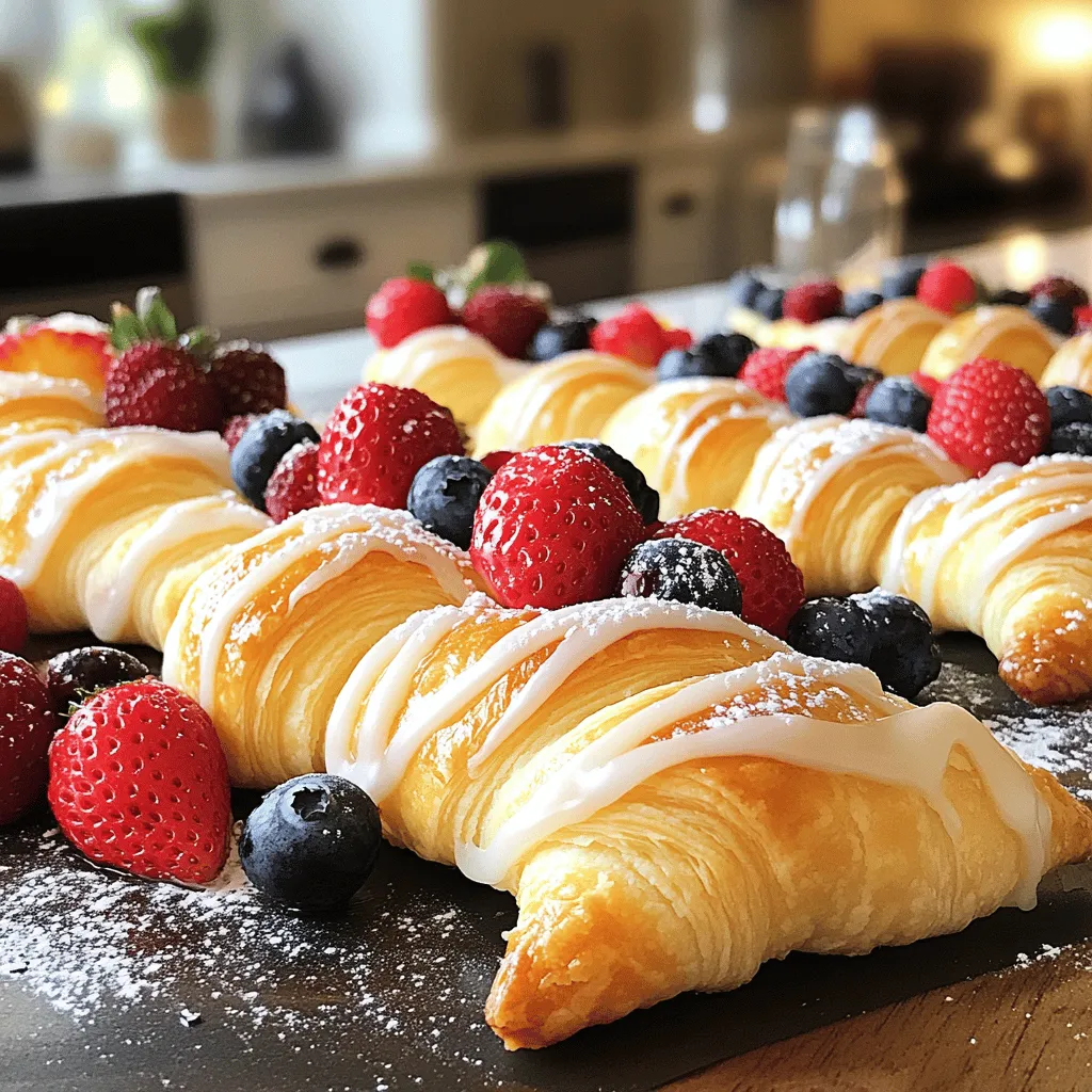 To make this delightful treat, you need a few key ingredients. Here’s what you will need: - 1 package (8 oz) cream cheese, softened - 1/4 cup granulated sugar - 1/2 teaspoon vanilla extract - 1 tablespoon lemon juice - 1 package (1 lb) refrigerated crescent dough - 1 egg, beaten (for egg wash) - 1/4 cup powdered sugar (for drizzling) - Fresh berries (raspberries, blueberries, or strawberries) for garnish - Optional: 1/2 teaspoon almond extract for added flavor These ingredients create a creamy filling and a flaky crust that make the Danish irresistible. If you don’t have a few of the main ingredients, don’t worry! You can easily substitute them: - Cream cheese: Use mascarpone or ricotta cheese for a different texture. - Granulated sugar: Brown sugar or coconut sugar works well too. - Vanilla extract: Use almond extract or maple syrup for a unique twist. - Crescent dough: You can use puff pastry if you prefer a different dough. These swaps keep the recipe flexible while still tasting great. To take your cheesecake Danish to the next level, consider adding some fun extras: - Fruit: Mix in chopped fruits like peaches or cherries into the cream cheese filling. - Spices: A pinch of cinnamon or nutmeg adds warmth and depth. - Chocolate: Swirl in melted chocolate for a decadent touch. These add-ins make your Danish even more enjoyable and unique. For the full recipe, check out the complete instructions above. To make the cheesecake filling, start by gathering your ingredients. You will need cream cheese, granulated sugar, vanilla extract, lemon juice, and optional almond extract. 1. Mix Ingredients: In a bowl, add the softened cream cheese. Then, add the granulated sugar, vanilla extract, lemon juice, and almond extract if you want extra flavor. 2. Beat Until Smooth: Use a hand mixer to blend these together. Mix until the filling is smooth and creamy. Make sure there are no lumps left. This filling is the heart of the cheesecake danish. It adds that rich and tangy flavor we all love. Shaping your danish is fun and simple. Follow these steps for perfect pastries: 1. Prepare Dough: Open the refrigerated crescent dough package. Unroll it on a clean surface. 2. Cut into Rectangles: Separate the dough into four rectangles. Each rectangle uses two triangles. Pinch the seams to seal them. Flatten the rectangles slightly with your hands or a rolling pin. 3. Add Filling: Spoon two tablespoons of your cream cheese filling into the center of each rectangle. Leave about an inch around the edges. 4. Fold and Seal: Fold the edges over the filling to create a square. Pinch the seams tightly to keep the filling inside. 5. Brush with Egg: Brush the tops of your danishes with the beaten egg. This gives them that golden finish. 6. Bake: Place them on a lined baking sheet and bake in a preheated oven at 375°F (190°C) for about 12-15 minutes. Watch for a golden brown color. Baking them gives a lovely crisp texture that pairs well with the creamy filling. Now that your danishes are baked and cooled, it’s time to serve them up! - Drizzle Icing: In a small bowl, mix powdered sugar with a bit of water to create a light icing. Drizzle this over the cooled danishes. - Add Fresh Berries: Top each danish with fresh berries like raspberries, blueberries, or strawberries. They add a nice pop of color and flavor. - Serve Warm or Cold: You can serve these danishes warm or at room temperature. They taste great either way! For the full recipe, check out the ingredients and instructions above. Enjoy your delightful creation! If your pastry turns out tough, you may have overworked the dough. Always handle it gently. If your danish leaks filling, ensure you seal the edges well. A bit of egg wash can help hold things together. If they puff too much, reduce the oven temperature slightly. To get a flaky dough, keep everything cold. Use chilled cream cheese and butter. When rolling out the dough, do it quickly. Avoid warming it with your hands. Also, make sure to fold the dough over itself a few times. This creates layers for that perfect flakiness. You can boost the flavor of your danish easily. Add zest from a lemon or orange to the cream cheese mix. This adds a fresh taste. A dash of almond extract gives a nice touch too. Top your danish with fresh berries for added sweetness and color. You can also drizzle some honey for extra richness. For the complete recipe, check out the Full Recipe. {{image_2}} You can change the fruit on top of your cheesecake Danish to fit your taste. Fresh berries are a great choice. Try raspberries for a tart touch. Blueberries add sweetness, while strawberries give a classic flavor. You can also mix fruits for a colorful twist. Consider using peaches or cherries for a summer vibe. Each fruit brings a different taste and texture, making your Danish unique. While crescent dough works well, you can try other dough types too. Puff pastry creates a flaky and buttery base. You can also use phyllo dough for a lighter option. This will give your Danish a crunchy texture. If you prefer a more wholesome choice, consider whole wheat dough. Each dough type adds its own charm to the dish. You can make your cheesecake Danish vegan or gluten-free with a few simple swaps. For a vegan version, use silken tofu instead of cream cheese. Add a bit of nutritional yeast for a cheesy flavor. You can also use coconut cream for richness. For gluten-free, choose gluten-free dough or make your own from almond flour. These adaptations let everyone enjoy this treat without missing out. Check out the Full Recipe to explore all the delicious ways to enjoy your cheesecake Danish! To keep your cheesecake danish fresh, place it in an airtight container. Store it in the fridge for up to three days. If you leave it out, it may dry out or get stale. Always let it cool completely before sealing it up. This keeps the texture nice and creamy. When you want to enjoy your leftover danish, reheating is easy. Preheat your oven to 350°F (175°C). Place the danish on a baking sheet. Heat for about 5-7 minutes. This warms it through and keeps the pastry crisp. You can also use a microwave if you're short on time. Heat it for about 10-15 seconds. Just be careful not to overdo it, or it might get soggy. Freezing is a great way to save your cheesecake danish for later. Wrap each danish tightly in plastic wrap. Then, place them in a freezer bag or container. They can last up to three months in the freezer. When you want to eat one, thaw it in the fridge overnight. Then, reheat it in the oven for the best taste. Enjoy your delicious treat anytime! For the full recipe, check the earlier section. To make cheesecake Danish from scratch, follow these steps. First, gather your ingredients. You need cream cheese, sugar, vanilla extract, lemon juice, and crescent dough. Combine the cream cheese, sugar, vanilla, and lemon juice in a bowl. Mix until smooth. Unroll the crescent dough and cut it into rectangles. Place the cream cheese mix in the center of each rectangle. Fold the dough over the filling and seal the edges. Brush with egg wash and bake at 375°F for 12-15 minutes. You can find the detailed steps in the Full Recipe. Yes, you can use different types of cheese. Cream cheese is the classic choice, but alternatives exist. Mascarpone adds a rich, creamy taste. Ricotta brings a lighter texture and a slightly grainy feel. Neufchâtel offers a lower-fat option, with a similar taste to cream cheese. Mixing cheeses can create unique flavors. For instance, try blending cream cheese with mascarpone for a richer filling. Experiment and find your favorite combination! The best way to serve cheesecake Danish is warm and fresh from the oven. Allow them to cool slightly before serving. Drizzle with icing made from powdered sugar and water for sweetness. Top with fresh berries like raspberries, blueberries, or strawberries for color and flavor. You can also serve them with a dollop of whipped cream or a scoop of vanilla ice cream. This adds a delightful touch. Enjoy with a cup of coffee or tea for a perfect treat! This blog post covered how to make a delicious cheesecake Danish. We explored essential ingredients, substitutes, and add-ins for flavor. I shared clear steps for prepping, shaping, and baking the pastry. You learned tips for great results, variations to try, and best storage practices. Making this treat can be fun and rewarding. With these tips, you can enjoy tasty cheesecake Danish at home. Start experimenting today!
