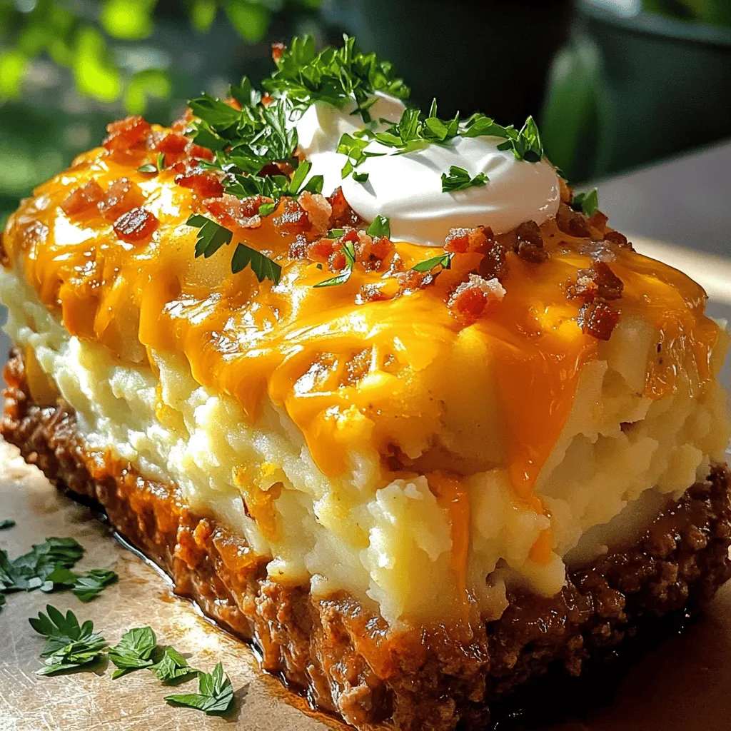 - 1 lb ground beef - 1 lb ground turkey - 2 cups mashed potatoes (prepared) - 1 small onion, finely chopped - 2 cloves garlic, minced - 1 cup shredded cheddar cheese - 1/2 cup cooked bacon bits - Fresh parsley for garnish When you gather your ingredients, focus on quality. Fresh ground beef and turkey provide great flavor. Use homemade or instant mashed potatoes, whichever suits your time. The onion and garlic are key for a tasty base. Chop the onion small to blend well. Garlic adds a nice punch, and it really brightens the dish. Don’t forget the cheese! Cheddar gives a creamy melt and a rich taste. If you like bacon, toss in the bits for extra crunch and flavor. Finally, fresh parsley on top makes your meatloaf look nice. It also adds a hint of freshness. For the full recipe, check out the Ultimate Loaded Potato Meatloaf. - Preheat your oven to 350°F (175°C). - In a large mixing bowl, combine 1 lb of ground beef and 1 lb of ground turkey. This mix adds depth to your meatloaf. - Next, incorporate 1 small chopped onion, 2 cloves of minced garlic, and 2 cups of prepared mashed potatoes. This adds moisture and flavor. - Blend in 1 cup of shredded cheddar cheese and 1/2 cup of optional cooked bacon bits. These ingredients give a tasty twist to the dish. - In another bowl, whisk together 1/2 cup of sour cream, 1/4 cup of milk, 2 large eggs, 2 tablespoons of Worcestershire sauce, salt, and pepper. This will create a creamy blend. - Pour the liquid mixture into the meat mixture. Gently mix until just combined. Avoid overmixing to keep the meatloaf tender. - Gradually add 1/2 cup of breadcrumbs to help bind the mixture. It should hold together well without being too dry. - Shape the mixture into a loaf and place it in a greased 9x5 inch loaf pan. This helps it keep its form while baking. - Bake in your preheated oven for 1 hour or until the internal temperature reaches 160°F (70°C). This ensures it is cooked through and safe to eat. For the complete experience, don't forget to check the Full Recipe for more details! To keep your meatloaf tender, avoid overmixing the meat. When you mix the ingredients, do it gently. If you mix too much, the meatloaf can become tough. The best internal temperature for meatloaf is 160°F (70°C). Use a meat thermometer to check this. For a great presentation, slice the meatloaf and serve it warm. Add a dollop of sour cream on top. Sprinkle fresh chives for color. Pair your meatloaf with steamed vegetables or a side salad. This completes the meal and adds nice flavors. One common mistake is overcooking the meatloaf. This can make it dry and hard. Always check the internal temperature to avoid this issue. Another mistake is not letting it rest before slicing. Allow the meatloaf to sit for at least 10 minutes. This helps the juices settle, making each slice moist and flavorful. {{image_2}} You can change the type of meat in this recipe. Using ground pork or chicken can add a new taste. If you want a lighter option, lean ground turkey works well too. For a vegetarian twist, use lentils or chickpeas. These options keep the dish tasty and fun. Changing the cheese can give your meatloaf a fresh kick. Try using mozzarella or gouda for a rich flavor. Adding herbs like thyme or rosemary can enhance the taste. Spices like paprika or cayenne can also add a nice heat. Mix and match to find your favorite combo! You can get creative with the toppings. Try a barbecue sauce or a sweet glaze for a unique flavor. Crispy onions on top add a nice crunch. You can also make herb butter to spread over the meatloaf. These changes make the dish even more exciting! For the full details on the recipe, check the Full Recipe. To keep your meatloaf fresh, store it in an airtight container. You can also wrap it tightly with plastic wrap or aluminum foil. This helps prevent moisture loss. Meatloaf lasts about 3 to 4 days in the fridge. If you want to keep it longer, consider freezing. Freezing meatloaf is a great option for later meals. First, let the meatloaf cool completely. Then, wrap it tightly in plastic wrap. For extra protection, place it in a freezer bag or container. Properly stored, it can last up to 3 months in the freezer. When you’re ready to eat, thaw it in the fridge overnight. Reheat it in the oven at 350°F (175°C) for about 30 minutes. This keeps the texture nice and moist. There are many fun ways to use leftover meatloaf. You can slice it for hearty sandwiches. Just add some cheese and your favorite toppings. Another idea is to crumble it into a casserole. Mix it with pasta, veggies, and cheese for a tasty dish. You can also turn it into meatloaf tacos. Just chop it up and serve in soft tortillas with salsa. For more ideas, check out the Full Recipe. You can use cauliflower for a lower-carb version. It gives a similar texture. Another option is sweet potatoes. They add a nice flavor and sweetness. Both of these alternatives work well in meatloaf. You can prepare them just like regular mashed potatoes. This meatloaf takes about one hour to cook. The oven should be set to 350°F (175°C). The thickness of the meatloaf affects the cooking time. A larger loaf may take a bit longer. Always check the internal temperature. It should reach 160°F (70°C) to be safe to eat. Yes, you can make this meatloaf ahead of time. Prepare it up to the baking step. Cover it and store it in the fridge for one day. You can also freeze it for up to three months. Just thaw it in the fridge before baking. This way, you have a tasty meal ready to go when you need it. For the full recipe, check the [Full Recipe]. This meatloaf recipe combines ground beef and turkey for great taste. You can mix in flavorful ingredients like cheese and herbs. I shared tips to make your meatloaf tender and avoid mistakes. For variety, try different meats or toppings. Proper storage keeps leftovers fresh, and I included ideas for using them up. Overall, you can enjoy a delicious, satisfying meal. Experiment with flavors, and make it your own!