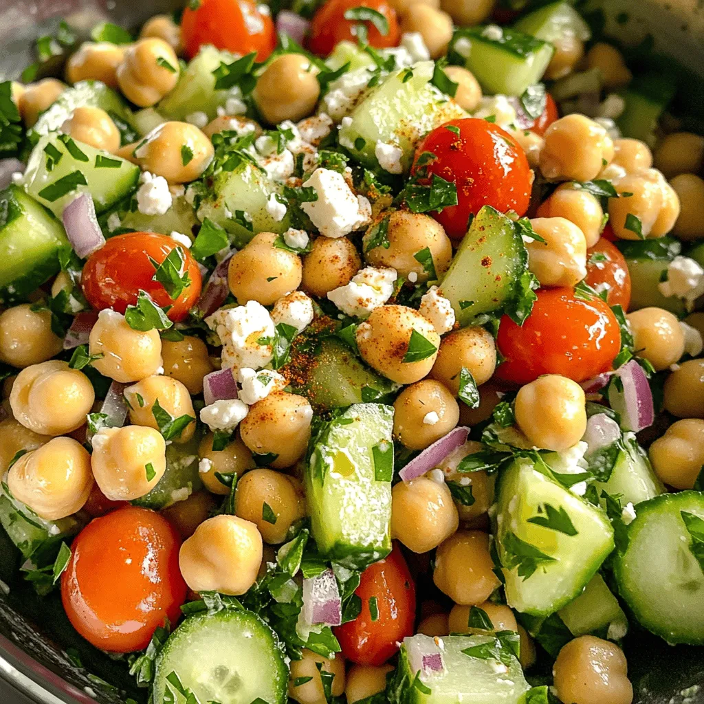 To make Fresh Chickpea and Cucumber Delight with Feta, gather these fresh ingredients: - 1 can (15 oz) chickpeas, rinsed and drained - 1 medium cucumber, diced - 1 cup cherry tomatoes, halved - 1/2 red onion, finely chopped - 1/2 cup feta cheese, crumbled - 1/4 cup fresh parsley, chopped - 2 tablespoons olive oil - 1 tablespoon lemon juice - Salt and pepper to taste - 1/4 teaspoon smoked paprika (optional) Using the right amounts is key to great taste. Here’s a breakdown of what you need: - Chickpeas: One can gives a nice base. - Cucumber: A medium-sized cucumber adds crunch. - Cherry tomatoes: One cup brings sweetness and color. - Red onion: Half of one onion gives a mild bite. - Feta cheese: Half a cup adds creaminess and tang. - Fresh parsley: A quarter cup brightens the dish. - Olive oil: Two tablespoons help mix flavors. - Lemon juice: One tablespoon adds a zesty kick. - Salt and pepper: Use to taste for perfect seasoning. - Smoked paprika: Just a pinch for a smoky hint if you like. Want to make your dish pop? Try these garnishes: - Extra parsley on top for color. - A sprinkle of smoked paprika for flavor. - Add sliced olives for a briny touch. - Toss in avocado for creaminess. - Include roasted red peppers for sweetness. This recipe is versatile, and you can adjust it to fit your taste. Check out the Full Recipe for details! Start by gathering your fresh ingredients. You will need: - 1 can (15 oz) chickpeas, rinsed and drained - 1 medium cucumber, diced - 1 cup cherry tomatoes, halved - 1/2 red onion, finely chopped - 1/2 cup feta cheese, crumbled - 1/4 cup fresh parsley, chopped Rinse the chickpeas under cold water. This step helps remove excess sodium and improves the taste. Dice the cucumber into small pieces. Halve the cherry tomatoes for a juicy bite. Finely chop the red onion for a nice crunch. Crumble the feta cheese and chop the parsley too. In a large mixing bowl, combine the chickpeas, cucumber, cherry tomatoes, and red onion. Mix these ingredients gently. Next, sprinkle the crumbled feta cheese and chopped parsley on top. This adds flavor and color to your salad. Use a spoon to mix everything together until well combined. Make sure the feta is evenly distributed. In a small bowl, whisk together: - 2 tablespoons olive oil - 1 tablespoon lemon juice - Salt and pepper to taste - 1/4 teaspoon smoked paprika (optional) Whisk until the mixture is smooth. Drizzle the dressing over the salad. Gently toss all the ingredients together. Taste your salad and adjust the seasoning as needed. You might want more lemon juice or salt. Let the salad chill in the fridge for about 15 minutes. This helps the flavors blend well. For the full recipe, check out the details provided above. Using fresh ingredients makes a big difference. Choose firm, bright cucumbers and ripe tomatoes. Rinse your chickpeas well to remove excess salt and enhance taste. Fresh parsley adds a burst of flavor. Always chop vegetables just before serving for the best crunch. Presentation matters when serving food. Use a large bowl or individual jars. This adds a fun twist. Layer ingredients for a colorful effect. Sprinkle extra parsley and smoked paprika on top. This makes your salad pop with color and flavor. Taste is key in cooking. If you want more zing, add extra lemon juice. For a spicy kick, increase the smoked paprika. Adjust salt and pepper to your preference. Experiment with flavors until you find your perfect mix. These small tweaks can elevate your dish. For the full recipe, check the instructions provided. {{image_2}} You can swap ingredients to fit your taste. Instead of chickpeas, try black beans or lentils. If you don’t like cucumber, use bell peppers or zucchini. For feta, goat cheese or even vegan cheese works great. This keeps the dish fresh and fun. Get creative with what you have on hand. Want to make it heartier? Add some protein or grains. Grilled chicken, shrimp, or tofu can boost flavor and nutrition. Quinoa or farro also adds a nice touch. Just cook them first and mix them in. This makes your meal more filling and satisfying. Adjust your ingredients based on the season. In summer, add fresh corn or ripe avocados. During fall, swap in roasted squash or apples for sweetness. These changes keep the dish vibrant year-round. You can always find fresh produce that fits the season. Explore the [Full Recipe] for more ideas and ways to enjoy this salad! To keep Fresh Chickpea and Cucumber Delight with Feta fresh, store it in an airtight container. Place the salad in the fridge right after serving. This helps keep it crisp and tasty. Avoid letting it sit out at room temperature for too long. The longer it stays out, the softer the veggies become. This salad is best enjoyed cold. If you want to warm it up, do so gently. Use a microwave on low power for about 15 seconds. Be careful not to overheat. Heating could change the texture and taste of the fresh ingredients. The shelf life of this salad is about 3 days in the fridge. After that, the cucumbers may become mushy, and the flavors may fade. To enjoy the best taste, finish it within those days. If you notice any off smells or textures, it’s best to toss it. For the full recipe, you can refer back to the main article. Yes, you can make this salad ahead of time. It stays fresh for a day or two in the fridge. Just store it in an airtight container. The flavors will blend nicely if you let it sit. However, if you plan to add the feta, do this right before serving. It keeps the texture and taste just right. Absolutely! To make this salad vegan, simply leave out the feta cheese. You can replace it with avocado for creaminess. You can also use vegan cheese if you want that cheesy flavor. The rest of the ingredients stay the same. This way, you still enjoy a tasty dish without dairy. This salad pairs well with many dishes. Try serving it with grilled chicken or fish for a complete meal. It also works great as a side with pita bread or hummus. If you're in the mood for something light, serve it with a bowl of soup. The options are endless, so feel free to mix and match. Don't forget to check out the Full Recipe for more details! This blog covered how to make a fresh chickpea salad. We discussed using fresh ingredients and their measurements. You learned how to mix and dress your salad. I shared tips for enhancing flavors and making it look great. We explored variations by substituting ingredients or adding proteins. Finally, you learned how to store it properly. Remember, making this salad is easy and fun. Enjoy customizing it to fit your taste and impress your guests!