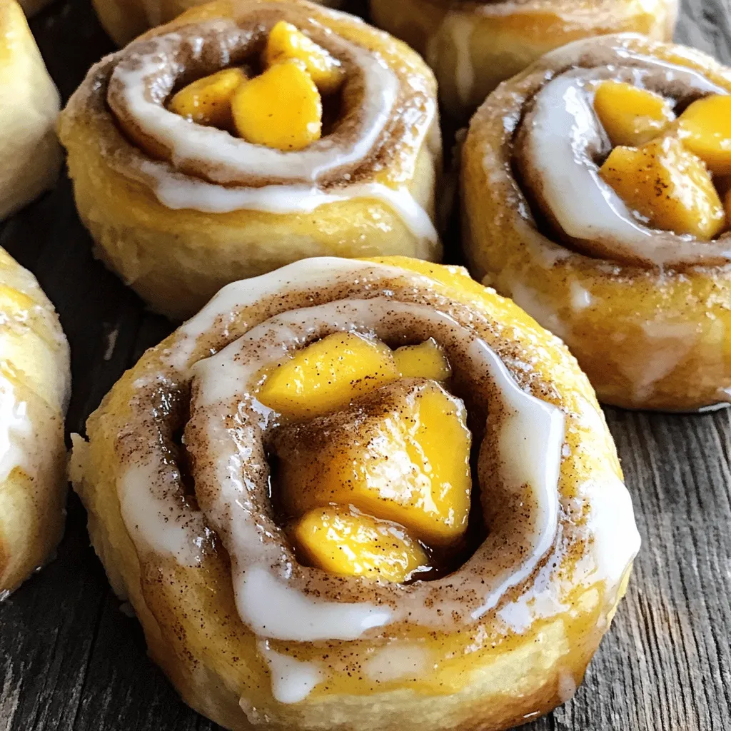 To make these Peach Cobbler Cinnamon Rolls, you need the following ingredients: - 2 cups all-purpose flour - 1 cup canned or fresh peaches, diced - ½ cup brown sugar - 2 teaspoons ground cinnamon - ½ cup granulated sugar - 1 teaspoon baking powder - ½ teaspoon baking soda - ½ teaspoon salt - ⅓ cup unsalted butter, melted - 1 large egg - ½ cup milk - 1 teaspoon vanilla extract - 1 cup powdered sugar (for frosting) - 1-2 tablespoons milk (for frosting consistency) You can swap some ingredients based on what you have. Here are a few ideas: - Use whole wheat flour instead of all-purpose flour for a healthier option. - If you have no fresh peaches, canned peaches work just fine. - Replace brown sugar with coconut sugar for a different flavor. - You can use almond milk or oat milk instead of regular milk. - For a dairy-free version, use vegan butter and your favorite plant-based milk. To make this recipe, gather the following tools: - Large mixing bowl - Small mixing bowl - Whisk - Rolling pin - Parchment paper or baking dish - Sharp knife for slicing the rolls - Measuring cups and spoons These tools will help you create those delightful rolls without any fuss. Happy baking! Start by gathering all your ingredients. This makes the process smooth and fun. Preheat your oven to 375°F (190°C). Grease a 9x13-inch baking dish or line it with parchment paper. This will help your rolls not stick. 1. Mix Dry Ingredients: In a large bowl, whisk together the flour, baking powder, baking soda, and salt. 2. Combine Wet Ingredients: In another bowl, mix the melted butter, granulated sugar, egg, milk, and vanilla extract. 3. Make the Dough: Add the wet mixture to the dry mixture. Stir until you have a soft dough. 4. Roll Out the Dough: On a floured surface, roll the dough into a rectangle about ¼ inch thick. 5. Create the Filling: In a small bowl, mix the brown sugar and ground cinnamon. Spread melted butter over the dough. Sprinkle the cinnamon-sugar mix and diced peaches evenly on top. 6. Form the Rolls: Roll the dough tightly from the long side. Slice it into 1-inch thick rolls. Place them in the prepared baking dish. 7. Bake: Bake the rolls for 20-25 minutes. They should be golden brown and cooked through. While the rolls bake, whisk powdered sugar and 1-2 tablespoons of milk until smooth. Once the rolls are out, let them cool for a few minutes. Drizzle the frosting generously over the top. Serve these peach cobbler cinnamon rolls warm for the best flavor! For the full recipe, please refer to the earlier section. To get the best peach cobbler cinnamon rolls, start with the dough. Make sure you mix your wet and dry ingredients well. This step helps build a soft dough. Roll your dough out to about ¼ inch thick. This thickness ensures even baking and a nice fluffy texture. When you spread the filling, use a thin layer of melted butter. This adds moisture and flavor without making the dough soggy. Lastly, roll it tightly! A snug roll gives you nice, round swirls. One common mistake is overworking the dough. If you mix too much, the rolls can get tough. Use a gentle touch when mixing and rolling. Another mistake is not letting the rolls rise. Rising time helps them become soft and airy. Don’t rush this step! Also, keep an eye on the oven. Every oven is different. Your rolls may bake faster or slower than the recipe states. Check them a few minutes early for that perfect golden brown. To boost the flavor, try adding spices. Nutmeg or ginger pairs well with cinnamon. For a twist, mix in some lemon zest with the peaches. This brightens up the rolls. You can also experiment with the frosting. Adding a dash of almond extract gives a nice nutty taste. If you want a creamier frosting, use cream cheese instead of powdered sugar. These little tweaks can make your peach cobbler cinnamon rolls even more delightful. For the full recipe, check the earlier section. {{image_2}} You can switch up the fruit in these rolls. Try using apples for a classic taste. Blueberries add a nice burst of flavor. Cherries bring a sweet and tart kick. Just make sure to chop the fruit into small pieces. This way, they mix well into the dough. Each fruit brings its own charm to the rolls. Want to make these rolls vegan? Use plant-based milk instead of regular milk. Substitute the egg with a flax egg or applesauce. For gluten-free rolls, swap the all-purpose flour with a gluten-free blend. Look for one that has xanthan gum. This helps the dough stay together. These options keep the taste amazing while fitting your diet. Toppings can elevate your peach cobbler cinnamon rolls. Consider adding nuts for crunch, like pecans or walnuts. A sprinkle of granola gives a fun texture, too. You can also drizzle honey or maple syrup over the top. For a fun twist, try adding a dollop of whipped cream. These toppings make each roll even more delightful. You can find the full recipe to try these variations! To keep your peach cobbler cinnamon rolls fresh, let them cool completely. Place them in an airtight container. If you do not have one, wrap them tightly in plastic wrap or aluminum foil. Store them at room temperature for up to two days. If you want them to last longer, put them in the fridge. They can stay good for about a week in the fridge. When you are ready to enjoy your rolls again, preheat your oven to 350°F (175°C). Place the rolls on a baking sheet. Cover them with foil to keep them moist. Heat for about 10 to 15 minutes. If you prefer the microwave, place a roll on a microwave-safe plate. Heat for 20-30 seconds. Check if it's warm enough. If not, heat for a few more seconds. Freezing peach cobbler cinnamon rolls is easy and keeps them tasty. After baking, let them cool completely. Wrap each roll in plastic wrap, then place them in a freezer bag. Make sure to remove as much air as possible. You can freeze them for up to three months. When you want to eat them, thaw overnight in the fridge. Then, reheat as mentioned earlier. Enjoy your peach cobbler flavor anytime! For the full recipe, check out the earlier section. Peach cobbler cinnamon rolls are a sweet treat. They combine soft cinnamon rolls with juicy peaches. You get a warm, gooey center with a hint of cinnamon. These rolls taste just like your favorite peach cobbler. The dough is simple and fluffy, making each bite delightful. Yes, you can prepare these rolls ahead of time. Make the dough and filling the night before. Roll them up and slice them, then cover them tightly. Store them in the fridge. In the morning, let them sit out for about 30 minutes. Then, bake them as usual. This method saves time on busy mornings. To check if the rolls are done, look for a golden-brown color. You can also insert a toothpick into the center. If it comes out clean, the rolls are ready. Another way to tell is by gently pressing on the rolls. They should feel firm but soft. Trust your senses, and you'll bake them perfectly every time! You’ve learned all about making Peach Cobbler Cinnamon Rolls. We covered ingredients, equipment, and easy steps. I shared tips to create perfect rolls and avoid mistakes. You also found fun variations and storage tips to keep them fresh. Remember, these rolls can be a delicious treat any time. Enjoy the process of baking, and don’t be afraid to get creative! Every attempt will get you closer to your perfect roll. Happy baking!