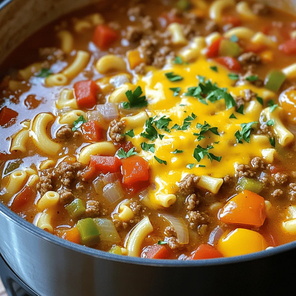 - 1 lb ground beef - 1 medium onion, chopped - 2 cloves garlic, minced - 1 bell pepper, chopped (any color) - 1 can (15 oz) diced tomatoes - 2 cups beef broth - 1 cup elbow macaroni - 1 tsp paprika - 1 tsp Italian seasoning - Salt and pepper to taste In making Easy Grandma's Goulash, the main ingredients focus on hearty flavors. Ground beef brings protein and richness to the dish. Chopped onion and minced garlic add a savory base. Bell peppers offer a nice crunch and sweetness. Diced tomatoes provide moisture and tang. Beef broth adds depth, while elbow macaroni gives the meal its comforting texture. Finally, spices like paprika and Italian seasoning enhance the overall flavor. - 1 cup shredded cheddar cheese (optional for topping) - Fresh parsley for garnish (optional) For a touch of richness, add shredded cheddar cheese on top. It melts beautifully and adds creaminess. Fresh parsley brings a pop of color and freshness. These optional ingredients can elevate the dish but are not required for a delicious goulash. - Large pot or Dutch oven - Wooden spoon You will need a large pot or Dutch oven for cooking. This helps heat everything evenly. A wooden spoon is perfect for stirring the ingredients. It won’t scratch your pot and gives you good control while mixing. For the full recipe, refer to the detailed steps in the next section. - Browning the ground beef First, I heat a large pot over medium heat. I add 1 pound of ground beef. I cook it until it turns brown. This takes about 5 to 7 minutes. I break it apart with a spoon as it cooks. This step brings out the beef's rich flavor. - Sautéing the onions and garlic Next, I add a chopped medium onion and 2 minced garlic cloves. I sauté them for about 3 to 4 minutes. I wait until the onion turns soft and clear. This makes the dish smell great and adds depth to the flavor. - Adding vegetables and combining ingredients Then, I stir in a chopped bell pepper. I cook it for about 3 minutes. After that, I pour in a can of diced tomatoes and 2 cups of beef broth. I also add 1 cup of elbow macaroni. I mix everything well. I season this with 1 teaspoon of paprika, 1 teaspoon of Italian seasoning, salt, and pepper. - Letting it simmer I bring the pot to a boil. Once boiling, I reduce the heat to low. I cover it and let it simmer for 15 to 20 minutes. I stir occasionally to prevent sticking. The macaroni should be al dente when done. - Garnishing with cheese and parsley If I want, I sprinkle shredded cheddar cheese on top. I cover the pot for a few minutes. This helps the cheese melt nicely. I also like to add fresh parsley for a pop of color. - Pairing with bread or salad This goulash tastes great with crusty bread or a fresh salad. It makes a hearty meal that warms the soul. For the full recipe, check out the details above. Using fresh spices makes a big difference. Fresh spices give your goulash a bright flavor. Try to use paprika and Italian seasoning straight from the jar. If you grind spices yourself, they taste even better. Focus on cooking techniques too. Browning the beef well adds a rich taste. Sauté the onions and garlic until soft. This step builds a great base for your dish. You can easily adjust seasonings to match your taste. If you like more heat, add red pepper flakes. Want it milder? Just skip the spicy extras. Adding more vegetables can enhance the dish. Chopped carrots, peas, or mushrooms blend well in this recipe. They add nutrition and flavor while keeping it colorful. To avoid sticky macaroni, stir often while it cooks. It helps keep the pasta separate and tender. Use a large pot to give the macaroni space. When cooking, make sure everything is even. Stir the mixture every few minutes. This keeps flavors balanced and prevents burning. Follow these tips, and your goulash will shine. For the full recipe, check the Easy Grandma's Goulash section above. {{image_2}} You can switch up the protein in goulash for some fun. Ground turkey works well. It’s leaner but still tasty. You can also try sausage. It adds a nice spice. If you prefer plant-based meals, use lentils or plant-based ground meat. These options keep the dish hearty and satisfying. Adding more veggies makes goulash even better. Carrots bring sweetness and color. Peas add a nice pop of green. For a spicy kick, toss in some jalapeños. They give the dish a fun heat. Mix and match your favorite vegetables to find your perfect blend. Want to change the base? Swap elbow macaroni for gluten-free pasta. This keeps the dish friendly for those with gluten issues. You can also use rice instead of pasta. Just adjust the cooking time to make sure everything cooks right. Both options offer great texture and flavor. After enjoying your goulash, let it cool for a bit. Place it in an airtight container. This helps keep the flavors fresh. You can store it in the fridge for up to three days. Make sure not to leave it out for more than two hours to prevent bacteria growth. If you want to keep it longer, freezing is a great option. Pour the cooled goulash into a freezer-safe container. Leave some space at the top since it may expand. You can freeze it for up to three months. When ready to eat, thaw it overnight in the fridge. This keeps it safe and tasty. You can reheat goulash on the stove or in the microwave. On the stove, gently heat it in a pot over low heat. Stir often to prevent sticking. In the microwave, use a microwave-safe bowl. Heat in short bursts, stirring in between. This helps avoid overcooking. Keep an eye on it to ensure it warms evenly. How long to cook goulash? You need to cook goulash for about 30 minutes. This includes browning the beef and simmering the pasta. Make sure to check the pasta for doneness as it cooks. Can I make goulash ahead of time? Yes, you can make goulash ahead of time. Just prepare it and let it cool. Store it in the fridge for up to three days. Reheat it on the stove or in the microwave when ready to serve. What can I substitute for beef broth? You can use chicken broth or vegetable broth instead of beef broth. Both options add flavor without changing the dish too much. Can I skip the cheese? Absolutely, you can skip the cheese. The goulash will still taste great. You can add extra herbs or spices for flavor if you want. How many servings does this recipe yield? This recipe yields about 4 to 6 servings. It depends on how hungry everyone is. How to adjust the recipe for larger groups? To serve more people, just double the ingredients. Cook it in a bigger pot. Make sure to stir well to mix everything evenly. In this blog post, we explored the essentials for making goulash. We covered key ingredients, including ground beef, veggies, and broth. I shared cooking steps from browning beef to garnishing your dish. Custom tips helped you enhance its flavor and make it your own. Remember, you can adapt ingredients and add your twists. Goulash is flexible and forgiving, making it a fun dish to prepare. I hope you feel ready to create a hearty meal everyone will love. Enjoy your cooking!