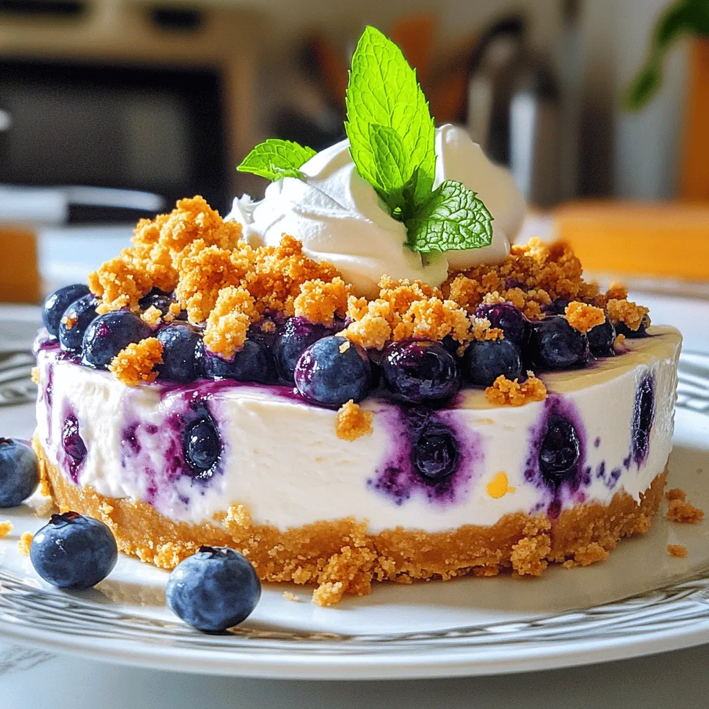 - 1 ½ cups graham cracker crumbs - ¼ cup sugar - ½ cup unsalted butter, melted - 2 (8 oz) packages cream cheese, softened - ¾ cup sugar - 2 large eggs - 1 teaspoon vanilla extract - 1 cup sour cream - 1 cup fresh blueberries - ½ cup oats - ½ cup all-purpose flour - ½ cup brown sugar - ½ teaspoon cinnamon - 6 tablespoons unsalted butter, melted This blueberry crumble cheesecake has a rich, creamy texture. The crust combines sweet graham cracker crumbs with melted butter. This mix creates a solid base. The filling blends soft cream cheese with sugar, eggs, and vanilla. Adding sour cream gives it a tangy twist. Fresh blueberries add a burst of flavor and color. The crumble topping is a mix of oats, flour, and brown sugar. It adds a delightful crunch. Together, these ingredients create a dessert that feels special. You can find the full recipe for this dessert at the end of the article. First, preheat your oven to 325°F (160°C). This step is key for even baking. Next, grab a 9-inch springform pan. Grease the bottom and sides with a bit of butter. This helps the cheesecake come out easily later. In a medium bowl, mix 1 ½ cups of graham cracker crumbs, ¼ cup of sugar, and ½ cup of melted butter. Stir until it looks like wet sand. Firmly press this mixture into the bottom of your greased pan. Bake the crust for 10 minutes. Afterwards, take it out and let it cool completely before adding the cheesecake filling. Now, let’s make the filling. In a large bowl, beat 2 packages of softened cream cheese with ¾ cup of sugar. Mix until it’s smooth and creamy. Next, add 2 large eggs one at a time, mixing well after each one. Then, stir in 1 teaspoon of vanilla extract and 1 cup of sour cream. Finally, gently fold in 1 cup of fresh blueberries. This adds that lovely fruity flavor. Pour the creamy filling into the cooled crust. Use a spatula to spread it evenly. In another bowl, prepare the crumble topping by mixing ½ cup of oats, ½ cup of all-purpose flour, ½ cup of brown sugar, and ½ teaspoon of cinnamon. Pour in 6 tablespoons of melted butter and mix until crumbly. Sprinkle this topping evenly over the cheesecake filling. Now it's time to bake! Place the cheesecake in the preheated oven. Bake for about 50-60 minutes. The center should be set but still a little wobbly. Once done, turn off the oven. Leave the cheesecake inside with the door slightly ajar for 1 hour to cool slowly. This helps prevent cracks. After cooling in the oven, place the cheesecake in the refrigerator. Chill for at least 4 hours, or better yet, overnight. This waiting time lets the flavors meld together. Before serving, slice and add fresh blueberries on top. A drizzle of whipped cream makes it even better. Enjoy your Blueberry Crumble Cheesecake with friends and family. For the complete recipe, check out the Full Recipe. To ensure a smooth cheesecake, start with softened cream cheese. Cold cream cheese makes it hard to mix well. Let it sit at room temperature for about 30 minutes before starting. This step helps create a creamy texture. When you mix, do it on low speed. This prevents air from getting in and keeps lumps away. Mix just until blended and not too long. Serving your cheesecake can be fun! Top each slice with fresh blueberries and a swirl of whipped cream. This adds color and flavor. For a fancy touch, add mint leaves or a light dusting of powdered sugar. You can also use a drizzle of blueberry sauce for extra flair. These small details make your cheesecake look and taste amazing. One big mistake is overmixing the batter. This can make the cheesecake too airy, leading to cracks. Stop mixing once everything is combined. Another mistake is not cooling the cheesecake properly. Let it cool in the oven with the door ajar for one hour. This helps prevent cracks and gives it a nice texture. Follow these tips for a perfect Blueberry Crumble Cheesecake every time! You can find the full recipe above. {{image_2}} You can switch up the berries in your cheesecake. Try using raspberries or strawberries instead of blueberries. Each berry brings a different taste. Raspberries add a tart kick, while strawberries offer sweetness. Mix them in the filling or use them as a topping. This way, you can create your own berry masterpiece. Don't be afraid to experiment with your favorite fruits. If you need a gluten-free option, use gluten-free graham crackers for the crust. They work just as well and taste great. For a twist, try a chocolate crust. Use chocolate cookie crumbs instead of graham crackers. This change adds a rich flavor that pairs well with the creamy cheesecake. You can make it your own and impress your guests. To boost the taste, add some lemon zest or vanilla seeds to the filling. Lemon zest gives a fresh, bright flavor. Vanilla seeds add depth and warmth. You can also mix in spices like nutmeg or ginger into the crumble topping. They add warmth and a hint of spice. These small changes can make your cheesecake unique and exciting. Don't be afraid to get creative with flavors! For the complete recipe, check out the Full Recipe section. To store leftover blueberry crumble cheesecake, wrap it well. Use plastic wrap or aluminum foil. You can also place it in an airtight container. This keeps the cheesecake fresh. It will stay fresh for up to five days in the fridge. After five days, the taste may change. If you want to keep it longer, consider freezing. To freeze the cheesecake, follow these steps: 1. Cool: First, let the cheesecake cool completely in the fridge. 2. Wrap: Wrap it tightly in plastic wrap. Make sure there are no gaps. 3. Foil: Next, wrap it in aluminum foil for extra protection. 4. Label: Write the date on the foil. This helps you track how long it’s been frozen. The cheesecake can be frozen for up to three months. When you’re ready to serve, take it out and thaw it. Place it in the fridge overnight. This keeps the texture smooth. You can enjoy leftover cheesecake cold. Just slice it and serve straight from the fridge. If you prefer it warm, here’s how to reheat it: 1. Preheat: Set your oven to 325°F (160°C). 2. Warm: Place the slices on a baking sheet. 3. Heat: Bake for about 10-15 minutes. Pair leftover cheesecake with fresh berries or a drizzle of chocolate sauce. These additions bring out the flavors and make it even more delicious! For the full recipe of this delightful dessert, check the above sections. You can swap some ingredients to lower the calories. Use low-fat cream cheese instead of regular. Substitute Greek yogurt for sour cream. You can also use a sugar substitute like stevia. For the crust, try whole wheat crumbs instead of graham crackers. This keeps the flavor while cutting down on calories. Yes, you can make this cheesecake ahead of time. Prepare it the day before. Chill it overnight for the best flavor. Store it tightly covered in the fridge. Just remember to add any toppings right before serving. Yes, there are many options for non-dairy cream cheese. Brands like Tofutti and Kite Hill offer great substitutes. You can also use cashew cream for a rich, creamy texture. Blend soaked cashews with lemon juice for a fresh taste. To reduce the sweetness, cut back on the sugar. Use half the amount for a less sweet cheesecake. You can also try natural sweeteners like maple syrup or honey. Just remember to adjust the liquid in your recipe. Serve leftovers chilled for a refreshing treat. You can also heat them in the microwave for a warm dessert. Top with fresh blueberries or a scoop of ice cream to elevate the flavor. Enjoy those delicious slices however you like! This cheesecake combines rich flavors and a lovely crumble topping, making it a treat. We explored the ingredients, from the simple graham crust to the creamy filling with blueberries. You learned how to prepare and bake it to perfection. Plus, we covered tips to avoid common mistakes and offered variations for a unique twist. Remember, a well-chilled cheesecake enhances its creamy texture. With these steps, you can create a delightful dessert that impresses everyone. Enjoy your baking adventure!