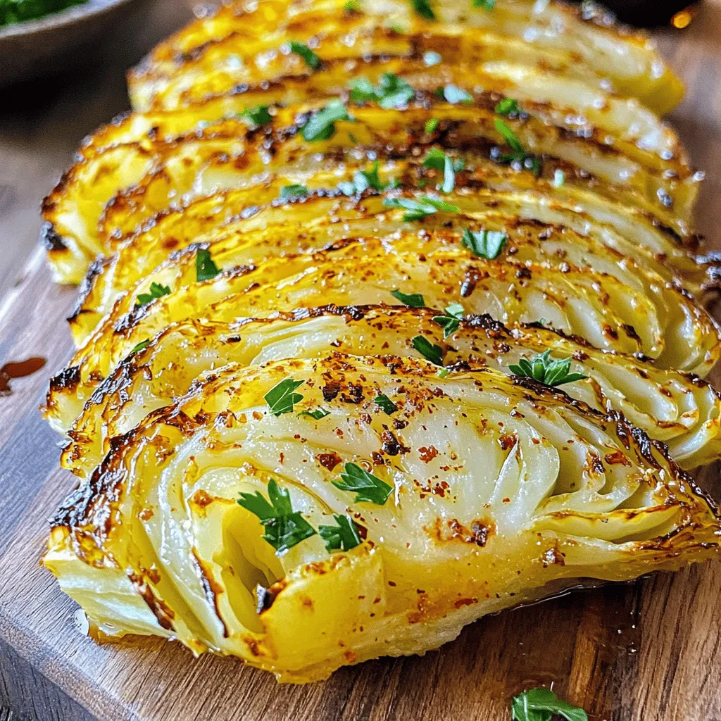 - 1 large head of green cabbage - 4 tablespoons olive oil - 4 cloves garlic, minced - 1 teaspoon smoked paprika - 1 teaspoon salt - 1/2 teaspoon black pepper - 1 teaspoon balsamic vinegar - Fresh parsley, chopped (for garnish) To make oven roasted garlic cabbage steaks, start by picking fresh ingredients. Look for a firm head of cabbage with bright green leaves. Avoid any that feel soft or show signs of browning. Fresh garlic should also be firm with no sprouts. You can adjust the recipe as needed. If you prefer more spice, add more smoked paprika. Want it creamier? Try sprinkling cheese on top before serving. If you need to skip an ingredient, use lemon juice instead of balsamic vinegar. These simple swaps allow you to customize flavors to your liking. Enjoy the process of making this dish your own! For the complete guide, check out the Full Recipe. How to clean and cut the cabbage Start by removing any wilted outer leaves from the cabbage. Rinse it under cold water to clean it well. Next, place the cabbage on a cutting board. Cut it into thick slices, about one inch wide. You will get around four to six cabbage steaks, depending on the size of your cabbage. Preparing the garlic-oil mixture In a mixing bowl, combine the olive oil, minced garlic, smoked paprika, salt, black pepper, and balsamic vinegar. Whisk these ingredients together until they blend well. This mixture gives the cabbage a rich flavor. Roasting in the oven: Timing and temperature Preheat your oven to 400°F (200°C). Place the cabbage steaks on a large baking sheet lined with parchment paper. Brush both sides of each steak generously with your garlic-oil mixture. Roast the cabbage in the hot oven for about 25 to 30 minutes. They should be golden brown on the outside and tender inside. Tips for flipping cabbage steaks while cooking Halfway through roasting, carefully flip each cabbage steak. Use a spatula to avoid breaking them. This helps both sides cook evenly and become crispy. Presentation ideas for serving To serve, place the roasted cabbage steaks on a rustic wooden board. Drizzle any leftover garlic oil over them. Garnish with freshly chopped parsley for a bright touch. This makes the dish look appetizing. Recommended side dishes Cabbage steaks pair well with many sides. Think about serving them with quinoa, grilled chicken, or a fresh salad. These options balance the rich flavors of the cabbage and make for a complete meal. For the full recipe, check out the details above. To get the best texture, cut your cabbage into thick slices. Aim for 1-inch steaks. This thickness allows the inside to cook well while the outside gets crispy. Brush the garlic-oil mixture on both sides. This adds flavor and keeps the steaks moist. You can experiment with seasonings. Try adding: - Crushed red pepper for heat - Lemon zest for brightness - Parmesan cheese for a savory touch These options can take your dish to the next level. If your cabbage steaks are soggy, check the oil amount. Too much oil can make them wet. Try using less next time. Also, ensure the oven is hot enough. A temperature below 400°F may not crisp them well. For burnt edges, flip your steaks halfway through cooking. If your oven runs hot, lower the temperature slightly. Keep an eye on them during the last few minutes. Different ovens may heat unevenly. Use an oven thermometer for accuracy. Adjust cooking time based on how your oven behaves. This will help you achieve the perfect roast every time. For the full recipe, refer back to the main article. {{image_2}} You can change the flavor of your cabbage steaks easily. Try using different spices or herbs. For a spicy kick, add cayenne pepper or chili flakes. If you prefer fresh herbs, consider rosemary or thyme. Both will bring a new taste to your dish. Cheese lovers can also enjoy these steaks. A sprinkle of Parmesan or feta cheese adds a creamy layer. For a twist, melt some cheese on top during the last few minutes of roasting. This creates a golden, bubbly topping that tastes amazing. While cabbage steaks are great, you can explore other vegetables too. Thick slices of cauliflower or eggplant roast well and can mimic the cabbage texture. These options provide different flavors while keeping your dish exciting. Using colored cabbages can also enhance your plate. Red or purple cabbages look stunning and taste just as good. Their vibrant colors make for a beautiful presentation. This adds visual appeal and new flavors to your meals. For more details on making these delicious dishes, check out the Full Recipe. To keep your cabbage steaks fresh, cool them completely. Place them in an airtight container. Store them in the fridge for easy access. If you want to keep them longer, freeze the steaks. Wrap them tightly in plastic wrap and then place them in a freezer bag. This helps prevent freezer burn. When you’re ready to eat, you can reheat them in the oven. Set the oven to 350°F (175°C) and heat for about 10-15 minutes. This method keeps them crispy and tasty. In the fridge, your leftover cabbage steaks should last about 3-5 days. Always check for any signs of spoilage before eating. If you have a lot left, consider using them in other dishes. Chop the leftover cabbage and mix it into a stir-fry. You can also add it to soups or salads for extra crunch. Another fun idea is to blend them into a veggie wrap. The possibilities are endless! For more details on making these delicious cabbage steaks, check the Full Recipe. How do you make cabbage steaks not fall apart? To keep cabbage steaks from falling apart, cut them thick. Aim for slices that are about 1-inch wide. This thickness helps them hold together. Make sure to handle them gently when flipping during cooking. Can I prepare cabbage steaks in advance? Yes, you can prepare cabbage steaks in advance. Cut the cabbage and coat it with the garlic-oil mix. Store them in the fridge for up to a day. Just remember to let them come to room temperature before roasting. What can I serve with roasted cabbage steaks? Roasted cabbage steaks pair well with many dishes. You can serve them with grilled meats, roasted potatoes, or a fresh salad. They also taste great with a drizzle of tahini or a squeeze of lemon. Health benefits of cabbage Cabbage is low in calories and high in fiber. It helps with digestion and keeps you full. It also has vitamins C and K, which are good for your skin and bones. Caloric content per serving Each serving of oven roasted garlic cabbage steaks has about 100 calories. This makes them a healthy side dish to add to any meal. Enjoy the flavor and health benefits at the same time. For the full recipe, click on [Full Recipe]. Oven roasted garlic cabbage steaks are easy, tasty, and full of nutrition. We covered what to buy, how to prepare, cook, and serve. You now have tips for perfecting your steaks and ideas for variations. Store your leftovers properly for later enjoyment. Now, you can confidently make this dish a regular part of your meals. Enjoy the rich flavors and health benefits as you explore your cooking skills. Happy roasting!