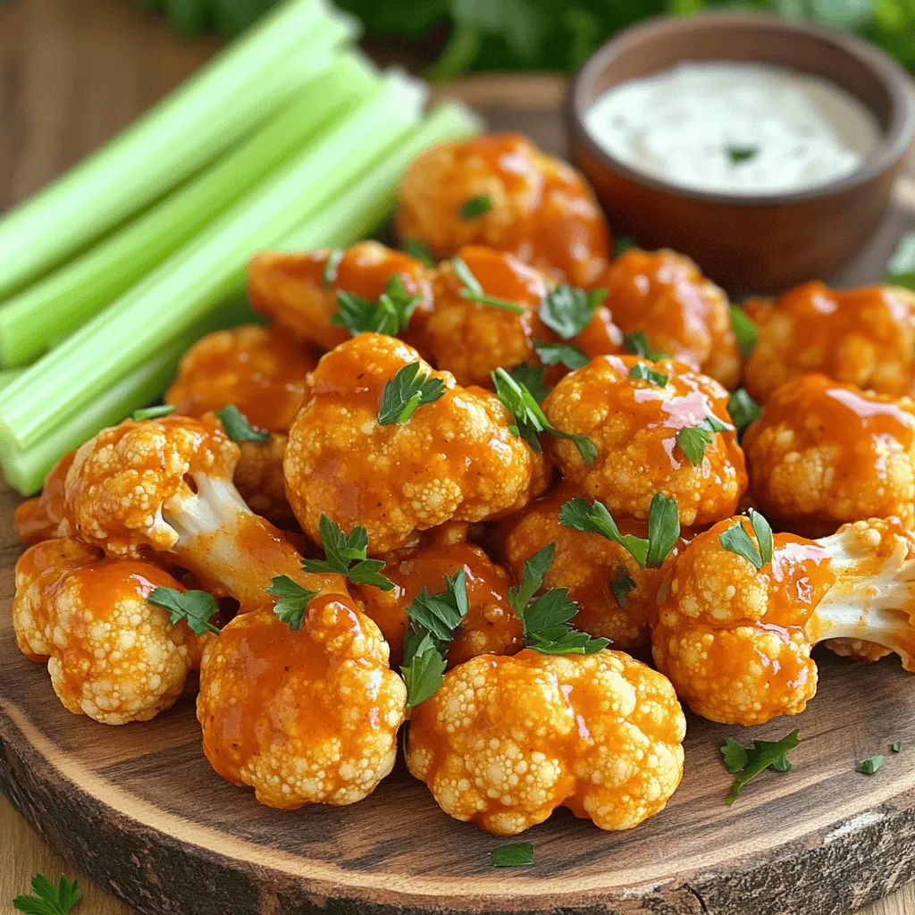 - Cauliflower florets - Gluten-free flour option - Buffalo sauce options For the main part of this recipe, I use a large head of cauliflower. The florets give you that perfect bite. If you need a gluten-free option, you can swap all-purpose flour for gluten-free flour. This keeps it tasty for everyone! The buffalo sauce is the star. You can use store-bought or make your own for a fresh twist. - Garlic powder - Paprika and cayenne pepper - Salt and pepper considerations Next, we add flavor! Garlic powder adds a nice kick. Paprika gives it warmth, while cayenne pepper brings the heat. Adjust the cayenne to fit your taste. Don't forget salt and pepper! They help bring out all the flavors. - Garnishes such as parsley - Accompaniments like celery sticks and dressings For serving, I love to sprinkle chopped parsley on top. It adds color and a fresh taste. Pair these wings with celery sticks for crunch. A small bowl of ranch or blue cheese dressing is great for dipping. These add-ons make your plate look fun and inviting! For the full recipe, refer to the earlier section. 1. Preheat your oven to 450°F (232°C). This high heat helps to get the wings crispy. 2. Line a baking sheet with parchment paper. This keeps them from sticking and makes cleanup easy. 3. In a large mixing bowl, whisk together: - 1 cup all-purpose flour (or gluten-free substitute) - 1 cup water - 1 teaspoon garlic powder - 1 teaspoon onion powder - 1 teaspoon paprika - 1/2 teaspoon cayenne pepper (adjust for spice preference) - Salt and pepper to taste Mix until smooth. The batter should coat the florets well, but not be too thick. 1. Take each cauliflower floret and dip it into the batter. Make sure to coat it fully. 2. After dipping, shake off any extra batter. This step helps keep them crispy. 3. Place the coated florets on the prepared baking sheet in a single layer. Avoid crowding them for even cooking. 1. Bake the cauliflower in the preheated oven for about 20-25 minutes. They should start to turn golden brown and crispy at this point. 2. While they bake, mix 1 cup of buffalo sauce with 2 tablespoons of olive oil in a bowl. This adds flavor and richness to the sauce. 3. After 20-25 minutes, take the baking sheet out of the oven. Carefully toss the baked cauliflower in the buffalo sauce mix until evenly coated. 4. Return the coated florets to the baking sheet and bake for another 10-15 minutes. This final bake makes them crispy and caramelized. You can follow the Full Recipe for the complete details. Enjoy your buffalo cauliflower wings! - Perfecting the batter texture: The right batter is key for crispy wings. Mix flour, water, garlic powder, onion powder, paprika, cayenne, salt, and pepper. Aim for a thick, smooth batter. It should coat the cauliflower well but still drip slightly. This balance gives you that crunchy bite you want. - Ensuring even baking: Spread the coated florets on a lined baking sheet. Make sure they do not touch. This helps hot air circulate around them. Bake at 450°F (232°C) for 20-25 minutes. Flip them halfway for even browning. The goal is golden and crispy wings. - Customizing spice levels: Buffalo sauce can be spicy. If you like it hot, use more cayenne. For a milder flavor, reduce the cayenne or add more flour to the batter. You can even mix in some honey for sweetness if you prefer. - Alternative sauces for versatility: Try different sauces for variety. BBQ sauce works well for a smoky flavor. Teriyaki sauce gives a sweet twist. You can even use a yogurt sauce for a creamy touch. The options are endless! - Plating ideas for parties: Serve the wings on a large platter. Add fresh celery sticks around the edges. This not only looks nice but also gives your guests a crunchy side. Drizzle extra buffalo sauce on top for flair. - Pairing recommendations with drinks: These wings go well with many drinks. Try them with a cold beer for a fun combo. A crisp white wine also pairs nicely. For non-alcoholic options, serve with sparkling water or lemonade. These drinks balance the heat and enhance flavors. {{image_2}} You can easily switch up the flavor of your buffalo cauliflower wings. Try different spice blends to create your own twist. For a smoky flavor, add smoked paprika. If you like it hot, increase the cayenne pepper. You can also mix in some chili powder for a different heat level. Using homemade buffalo sauce offers a fresh taste. Combine hot sauce with melted butter for a classic flavor. You can also add honey for a sweet touch. This lets you control the heat and sweetness to fit your taste. If you need gluten-free options, use a gluten-free flour blend. Almond flour or chickpea flour work well. These substitutes keep the wings crispy and tasty. You won’t miss the regular flour at all. For vegan substitutions, replace the butter in your buffalo sauce with olive oil. You can also use a plant-based ranch or blue cheese dressing. This way, everyone can enjoy these wings without worry. Incorporating international flavors can make your dish unique. Try adding Asian spices like five-spice powder for an exciting twist. You could also use curry powder for an Indian flair. For dipping sauces, think beyond the usual ranch. A spicy sriracha mayo or a tangy tahini sauce can add a fun kick. Each of these ideas makes your buffalo cauliflower wings even more special. To keep your buffalo cauliflower wings fresh, follow these steps: - Refrigeration: Place leftovers in an airtight container. Store them in the fridge. They stay good for about 3 to 5 days. - Freezing: If you want to save them longer, freeze the wings. Use a freezer-safe bag or container. They can last for up to 3 months in the freezer. When it’s time to enjoy your leftovers, you have two main options: - Oven Reheating: This method keeps them crispy. Preheat your oven to 350°F (175°C). Spread the wings on a baking sheet. Heat for about 10-15 minutes until hot and crispy. - Microwave Reheating: This is faster but can make them soggy. If you use the microwave, cover the wings with a paper towel. Heat in short bursts of 30 seconds until warm. To maintain crispiness, I suggest the oven method. It works best! Knowing how long your buffalo cauliflower wings last is key: - Fridge Life: They last 3 to 5 days in the fridge when stored properly. - Signs of Spoilage: Check for any odd smells, slimy texture, or discoloration. If you see any of these signs, it's best to toss them out. Following these tips helps you enjoy your buffalo cauliflower wings at their best! Don’t forget to check out the Full Recipe for more details! Buffalo cauliflower wings are made of simple, fresh ingredients. The main ingredient is cauliflower. Cauliflower is low in calories and high in fiber. It is also packed with vitamins C and K. Using it in this recipe gives a healthy twist to a classic dish. The batter includes flour, water, garlic powder, onion powder, paprika, cayenne pepper, salt, and pepper. These seasonings add great flavor and a little heat. The wings are then tossed in buffalo sauce, which can be store-bought or homemade. Yes, you can make buffalo cauliflower wings ahead of time. Preparing them in advance is a smart choice for meal prep. You can batter and bake the wings, then store them in the fridge. Just reheat before serving. This way, you save time on busy days. If you need extra flavors, toss them in the sauce just before serving. This keeps them crispy and tasty. You can find pre-made buffalo cauliflower wings at many grocery stores and restaurants. Some popular chains offer frozen options that you can heat at home. Check the frozen aisle for a quick meal. Local restaurants may also have buffalo cauliflower wings on their menu. Don’t be afraid to ask for recommendations. You might discover a new favorite spot! This blog post covered how to make delicious buffalo cauliflower wings. We looked at key ingredients like cauliflower, different flour options, and buffalo sauce styles. I shared tips for perfecting the texture and even baking. You learned about flavor tweaks, serving ideas, and storage tips. In conclusion, buffalo cauliflower wings are a tasty, versatile dish. You can easily customize them to fit your taste and dietary needs. With these tips, you can impress friends and enjoy a healthier snack.