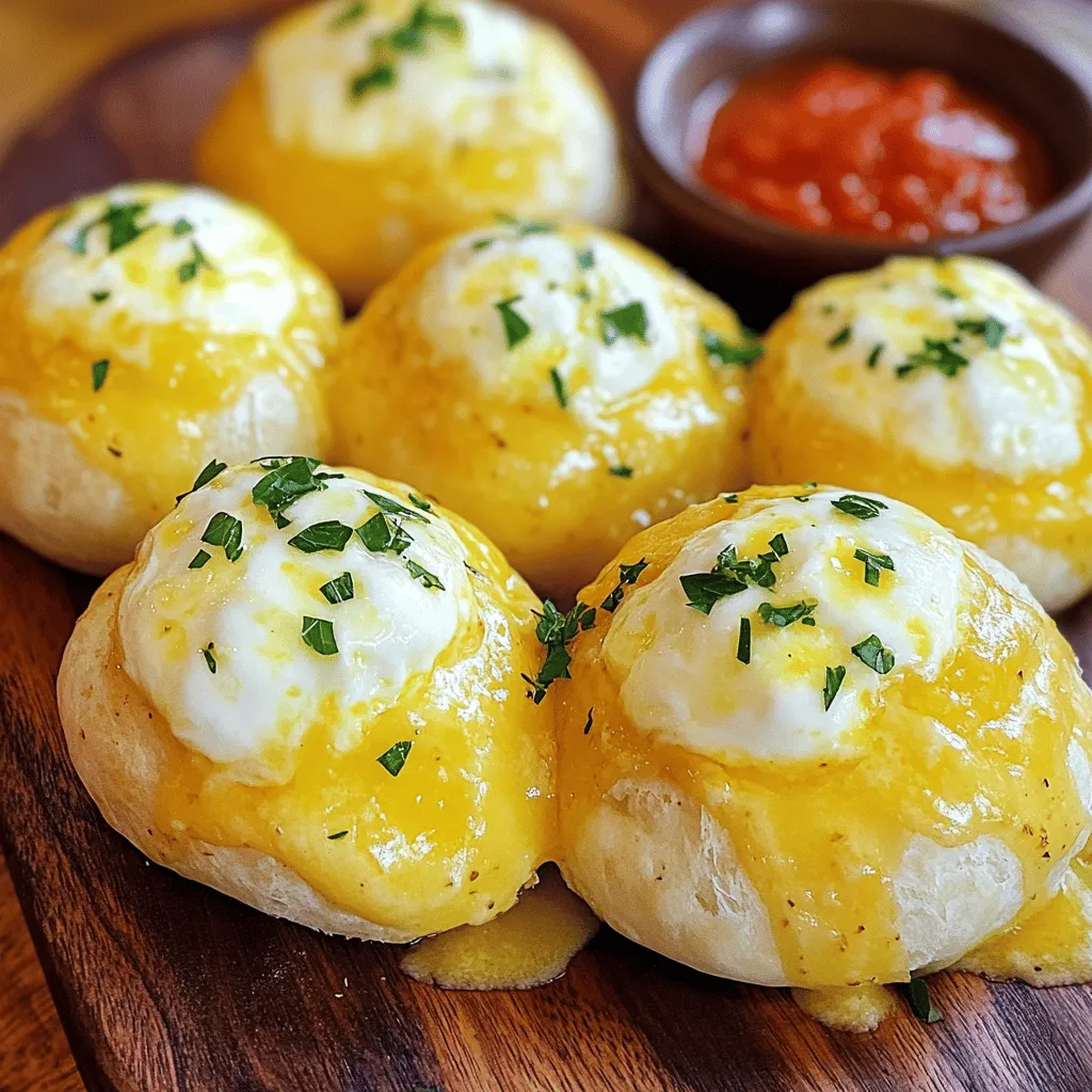 - 1 can (16 oz) refrigerated biscuit dough - 1 cup shredded mozzarella cheese - 1/2 cup cream cheese, softened - 1/4 cup unsalted butter, melted - 4 cloves garlic, minced - 1 tablespoon fresh parsley, chopped - 1 teaspoon Italian seasoning - 1/2 teaspoon salt - 1/4 teaspoon black pepper - Optional: pinch of red pepper flakes for heat - Baking sheet - Parchment paper - Mixing bowls - Brush for butter Gather these ingredients for your Garlic Butter Cheese Bombs. The biscuit dough makes a soft outer layer. The mozzarella and cream cheese create a gooey center. You will love the garlic butter, which adds rich flavor. Fresh parsley and Italian seasoning enhance the taste. Feel free to adjust the spices to your liking. For the best results, use a baking sheet lined with parchment paper. This helps to avoid sticking and makes cleanup easier. A mixing bowl will be handy for blending your cheese filling. Finally, a brush will help coat your cheese bombs in that delicious garlic butter. The Full Recipe is simple and quick, perfect for a cozy night in or a gathering with friends. Just gather these ingredients, and you’ll be ready to create a tasty treat that everyone will love! - Preheat your oven to 375°F (190°C). Line a baking sheet with parchment paper. - In a small bowl, mix melted butter, minced garlic, and chopped parsley. Set this aside. - In another bowl, combine shredded mozzarella and softened cream cheese. Add salt, pepper, and Italian seasoning. Mix well. - Open the biscuit dough and separate it into individual biscuits. Roll each biscuit into a small circle in your palm. - Place a generous spoonful of the cheese mixture in the center of each biscuit circle. - Fold the edges of the biscuit over the cheese filling. Pinch to seal, forming a ball. - Dip each cheese-filled biscuit ball into the garlic butter mixture. Make sure they are well coated. - Place the coated cheese bombs on the prepared baking sheet, leaving space between them. - Bake them for about 15-18 minutes until the tops are golden brown. Check for doneness by looking for that golden color. For the full recipe, check the section above. Enjoy the steps, and let your kitchen fill with the amazing aroma of garlic and cheese! To seal your dough well, pinch the edges tightly. This keeps the cheese filling inside. If you leave gaps, the cheese may leak out when baking. For even baking, place cheese bombs at least an inch apart. This allows hot air to flow around them. To achieve a golden crust, bake until they are a deep golden brown. This usually takes about 15 to 18 minutes. Keep an eye on them to avoid burning. To boost flavor, try adding spices like garlic powder or onion powder. Fresh herbs like thyme or chives work great too. If you want cheese alternatives, use cheddar or pepper jack for a kick. For a fun twist, swap out regular biscuits for flaky or buttermilk versions. These give a nice texture and taste. For a tasty presentation, serve cheese bombs warm on a bright platter. Garnish with extra parsley for a pop of color. Pair them with dips like marinara, ranch, or spicy salsa. They are also great with a fresh salad or soup. This makes for a balanced meal or a fun snack at gatherings. {{image_2}} You can play around with the cheese in Garlic Butter Cheese Bombs. Use cheddar for a sharp taste, or try pepper jack for a kick. Cream cheese gives a rich texture, but you might enjoy goat cheese for a tangy twist. If you need a gluten-free option, swap the biscuit dough with gluten-free dough. Many stores offer this, making it easy to enjoy these treats without worry. You can also use a naan or flatbread as a base. This change will give your bombs a unique flavor. Add vegetables like spinach or bell peppers for a fresh crunch. Diced jalapeños can spice things up. For meat lovers, cooked bacon or sausage makes a tasty addition. Just ensure you chop them small to fit inside the biscuit. You can make these cheese bombs in an air fryer. Preheat the air fryer to 375°F (190°C). Cook for about 10-12 minutes, checking halfway through. The result will be crispy on the outside and gooey on the inside. Grilling is another fun option. Form the cheese bombs and place them on skewers. Grill for about 8-10 minutes on medium heat. This method adds a smoky flavor that pairs well with the cheese. If you're short on time, try the stove-top method. Heat a skillet over medium heat. Place the cheese bombs in the skillet and cover with a lid. Cook for about 5-7 minutes per side until golden brown. This method is quick and gives a nice crust. For holidays, you can make themed cheese bombs. Add cranberry sauce for a festive touch during Thanksgiving. In winter, mix in some nutmeg or cinnamon for warmth. Incorporate spices like pumpkin spice for fall or peppermint for winter festivities. These flavors can make your cheese bombs feel special for any occasion. For dessert-style bombs, use sweet cheeses. Try mixing cream cheese with chocolate or caramel. You can also add a hint of vanilla for extra sweetness. Serve these with a drizzle of chocolate sauce for a delightful treat. For the full recipe, check the main article. To keep your garlic butter cheese bombs fresh, place them in an airtight container. This helps keep moisture in and protects from odors in your fridge. They will last for about 3 to 4 days. If you want to keep them longer, freezing is a great option. To reheat, I recommend using an oven set to 350°F (175°C). Place the cheese bombs on a baking sheet for about 10 minutes. This method warms them through and keeps the outside crisp. You can also use a microwave, but it may make them a bit soft. For the best flavor, always reheat with a bit of garlic butter brushed on top. If you want to freeze garlic butter cheese bombs, let them cool completely first. Then, wrap each bomb tightly in plastic wrap. Place the wrapped bombs in a freezer bag or container. They will stay good for about 2 months. To thaw, move them to the fridge overnight. For reheating, use the same oven method as before. This keeps them tasty and fresh. Garlic Butter Cheese Bombs are warm, cheesy bites wrapped in biscuit dough. They have a rich garlic butter flavor that makes them a perfect appetizer or snack. This dish likely comes from the popularity of stuffed bread rolls and has gained fame in many homes and restaurants. Yes, you can prepare Garlic Butter Cheese Bombs ahead of time. Store the uncooked cheese bombs in the fridge for up to 24 hours. Just cover them well to keep them fresh. You can also freeze them for up to three months. Just thaw them in the fridge before baking. To add spice, mix in some red pepper flakes into the cheese filling. You can also use pepper jack cheese for a kick. Serve your cheese bombs with spicy marinara or sriracha for dipping. These options will enhance the flavors and give you a nice heat. If your cheese bombs seem doughy, check the baking time. They should bake until golden brown. Ensure the dough is sealed well to avoid excess moisture. If they are still too soft, try rolling them thinner next time for a better texture. Yes, you can make vegetarian Garlic Butter Cheese Bombs by using only cheese and herbs. For gluten-free options, look for gluten-free biscuit dough or use a mix of almond flour and cheese. These adjustments allow everyone to enjoy this tasty treat. In this post, we explored how to make delicious Garlic Butter Cheese Bombs using simple ingredients and step-by-step instructions. You learned about key ingredients, helpful tips, and fun variations. These bombs are perfect for any gathering or a cozy night in. Experiment with the tips provided to make them your own. Whether you're a novice or an expert, these cheese bombs are sure to impress your friends and family. Enjoy your cooking!