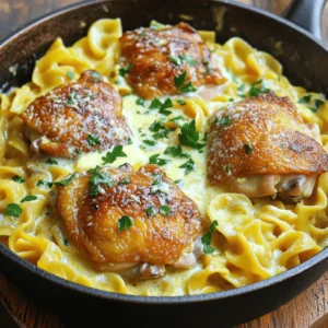 - 4 boneless, skinless chicken thighs - 2 tablespoons olive oil - Salt and pepper to taste - 1 teaspoon garlic powder - 1 teaspoon onion powder - 1 cup chicken broth - 8 ounces egg noodles - 1/2 cup heavy cream - 3 tablespoons unsalted butter - 1/2 cup grated Parmesan cheese - Fresh parsley, chopped (for garnish) - Large skillet - Measuring cups and spoons - Knife and cutting board To make One-Pan Chicken with Buttered Noodles, you need fresh, simple ingredients. Start with the chicken. I prefer chicken thighs for their flavor and juiciness. Season them well with salt, pepper, garlic powder, and onion powder. This adds depth to your dish. Next, you’ll need egg noodles. They cook quickly and soak up all the sauce. The heavy cream and butter create a rich sauce. The Parmesan cheese adds a nice, nutty flavor. Fresh parsley gives a pop of color and freshness. For equipment, use a large skillet. It helps cook everything evenly. Make sure you have measuring cups and spoons for accuracy. A knife and cutting board are essential for preparing the chicken and parsley. With these ingredients and tools, you're all set to cook a delicious meal. Don’t forget to check out the Full Recipe for complete instructions! 1. First, season the chicken thighs. I use salt, pepper, garlic powder, and onion powder. This adds great flavor. 2. Next, heat the olive oil in a large skillet over medium heat. 3. Once the oil is hot, add the seasoned chicken. Sear each side for about 5 to 7 minutes. Look for a nice golden brown color. This means the chicken is cooking well. 4. After cooking, remove the chicken from the skillet. Set it aside while you cook the noodles. 1. In the same skillet, pour in the chicken broth. Bring it to a simmer. This adds more flavor to the noodles. 2. Add the egg noodles next. Cook them according to the package instructions. Usually, this takes about 5 to 7 minutes. Stir occasionally to keep them from sticking. 3. Check the noodles for doneness. They should be al dente, which means they are firm but cooked. 1. Once the noodles are ready, lower the heat. Now, stir in the heavy cream, butter, and Parmesan cheese. Mix well until the cheese melts. The noodles should be creamy and rich. 2. Slice the chicken thighs into pieces. Nestle them back into the noodle mixture. Let everything heat together for another minute. 3. Taste your dish. Adjust with salt and pepper if needed. 4. Finally, remove from heat. Garnish with chopped parsley for a fresh touch. For the complete experience, refer to the Full Recipe. Enjoy your one-pan chicken with buttery noodles! - To ensure chicken is cooked properly, use a meat thermometer. The chicken should reach 165°F (75°C). This keeps it juicy and safe to eat. - Achieve the perfect noodle texture by cooking them al dente. This means they should still have a slight bite. Follow the package instructions closely for the best results. - Adding fresh herbs like basil or thyme can boost the dish. You can also try garlic or onion powder for more depth. - If you need to replace Parmesan cheese, use Pecorino Romano or nutritional yeast. These options add flavor and creaminess, too. - Pair this dish with a simple side salad. A fresh green salad complements the richness of the chicken and noodles. - For a stunning look, serve the dish in a large bowl. Top it with extra Parmesan and a sprinkle of parsley. This makes it pop on the table! {{image_2}} You can switch out chicken thighs for chicken breasts. Chicken breasts cook faster and are leaner. If you want a vegetarian twist, use firm tofu or mushrooms. Tofu absorbs flavors well, making it a great choice. Mushrooms add a nice, savory taste that works in this dish. If you need gluten-free options, try rice noodles or quinoa pasta. Both will give a different texture but still taste great. You can also use whole wheat pasta for added fiber. For a fun twist, try using spiralized vegetables like zucchini noodles. Want to make it spicy? Add red pepper flakes to the sauce for heat. Just a pinch can transform the dish! If you want a creamier sauce, try using sour cream or cream cheese instead of heavy cream. Each option changes the flavor and texture for fun variations. For the full recipe, check out the detailed instructions in the earlier sections! To store leftovers properly, let the dish cool first. Place it in an airtight container. This keeps out air and moisture. You can store it in the fridge for up to three days. When you’re ready to eat, reheat it gently on the stove. Add a splash of chicken broth to keep the noodles creamy. Stir often to avoid sticking. If you want to freeze portions, let the dish cool completely. Then, use freezer-safe bags or containers. It’s best to freeze it within two hours of cooking. You can freeze it for up to three months. When you’re ready to enjoy it, thaw it overnight in the fridge. Reheat it on the stove, adding a bit of cream or broth for moisture. This dish stays fresh in the fridge for about three days. Look for signs of spoilage like off-smells or a change in color. If it smells sour or looks slimy, it’s time to throw it away. Enjoy your One-Pan Chicken with Buttered Noodles as soon as you can for the best taste! For the full recipe, click here. To keep chicken tender, start by marinating it. Use olive oil, lemon juice, or yogurt. Marinate for at least 30 minutes. This helps break down the protein. When cooking, don’t overcook the chicken. Sear the thighs for 5-7 minutes on each side until golden brown. This keeps them juicy inside. Always let the chicken rest after cooking for a few minutes. This helps retain the juices. Yes, you can use many types of noodles! Try fettuccine or spaghetti for a twist. Rice noodles also work well for a gluten-free option. If you want something different, use whole wheat noodles. Each choice adds its own flavor and texture to the dish. Just cook them according to the package instructions. To add spice, stir in red pepper flakes during cooking. Start with a pinch, then taste and adjust. You can also add diced jalapeños or a splash of hot sauce. For a smoky flavor, try smoked paprika. These options can give your meal a nice kick. Mix and match to find your perfect heat level! For the full recipe, see the [Full Recipe]. In this post, we explored a delicious chicken noodle dish. You learned about the main ingredients and the tools needed. I provided clear steps for cooking chicken and noodles. Tips helped enhance flavors and gave serving ideas. Variations showed options for proteins and noodles. Finally, storage tips ensure your leftovers stay tasty. This dish is easy to make and full of flavor. Enjoy cooking and experimenting with it!