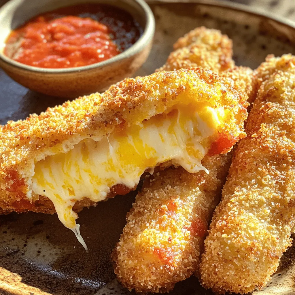 - 12 ounces mozzarella cheese sticks - 1 cup all-purpose flour - 2 large eggs - 1 tablespoon water - 2 cups breadcrumbs (preferably seasoned) - 1 teaspoon garlic powder - 1 teaspoon Italian seasoning - Oil for frying (vegetable or canola) - Marinara sauce for dipping Gathering the right ingredients is key. You need fresh mozzarella sticks. They form the heart of the dish. The all-purpose flour helps the breading stick. Eggs mixed with water create a sticky coating. Breadcrumbs add that crunch we crave. Seasoning boosts flavor. Garlic powder and Italian seasoning make a big difference. For frying, choose vegetable or canola oil. You can’t forget the marinara sauce for dipping. It adds a nice tang. When I make these, I often use seasoned breadcrumbs. They add a nice touch. The blend of spices enhances the cheese flavor. Feel free to mix and match the seasonings based on your taste. If you love a bit of heat, try adding some chili powder or crushed red pepper. Using fresh ingredients makes a big impact. You’ll taste the difference. If you want to impress guests, these mozzarella sticks are a great start. The full recipe guides you through every step. - Cut mozzarella sticks and prepare the breading station First, I cut each mozzarella stick in half. This makes them easier to fry and eat. Then, I set up my breading station. I need three bowls: one for flour, one for eggs, and one for breadcrumbs. In the bowl with breadcrumbs, I mix in garlic powder and Italian seasoning. This adds great flavor. - Coat the mozzarella sticks Next, I take a mozzarella stick and coat it in flour. I shake off the extra flour. Then, I dip the stick in the egg mixture, making sure it is covered well. Finally, I roll the stick in the breadcrumb mixture. I press lightly so the crumbs stick well. This step is key for a crispy outside. - Heat oil and fry mozzarella sticks I heat about one inch of oil in a large skillet over medium heat. I know the oil is ready when a breadcrumb dropped in sizzles right away. I carefully place the coated mozzarella sticks into the hot oil. - Draining and serving After about 1-2 minutes, I flip them to cook the other side. They should turn golden brown. Once they are crispy, I take them out and place them on a paper towel-lined plate. This helps drain any extra oil. I serve these hot with marinara sauce for dipping. - Cooking time per side I aim for about 1-2 minutes on each side. This time gives them that perfect golden look. - Perfecting the crispiness To get them nice and crispy, I avoid crowding the pan. This way, each stick gets enough heat. If I overcrowd, they won’t cook evenly, and that can lead to soggy sticks. To get the best texture for your mozzarella sticks, keep the oil at the right temperature. Aim for around 350°F. If the oil is too cool, the sticks soak up too much oil. This leads to soggy bites. A quick test is to drop a breadcrumb into the oil. If it sizzles, you’re good to go! Use a heavy skillet for frying. Cast iron or stainless steel works best. These pans heat evenly, giving you a nice crispy crust. For easier breading, try using a fork or tongs. They help keep your hands clean and make the process faster. One big mistake is overcrowding the skillet. If you add too many sticks at once, the oil cools down. This means they won’t fry well. Fry in small batches to keep the heat steady. Also, remember to shake off excess flour before dipping. Too much flour can lead to clumps and uneven coating. {{image_2}} You can easily change the flavor of your mozzarella sticks. One way is by adding spices to the breadcrumbs. Try mixing in paprika, cayenne, or even some chili powder. This adds a nice kick. You can also use flavored cheeses. Instead of plain mozzarella, look for garlic or herb-infused varieties. These options create a unique taste that excites your palate. While marinara sauce is a classic, you can serve your mozzarella sticks with other sauces. For a twist, try ranch dressing, pesto, or even a spicy sriracha mayo. Each sauce brings a new flavor. Pairing suggestions include fresh veggies or a small salad. These add crunch and balance to your snack. If you have dietary needs, do not worry! You can make gluten-free mozzarella sticks. Just replace the all-purpose flour and breadcrumbs with gluten-free versions. For a vegan option, choose plant-based mozzarella. Use chickpea flour instead of eggs for breading. These swaps ensure everyone can enjoy your cheesy snack. To keep your fried mozzarella sticks fresh, wrap them in foil or plastic wrap. You can also place them in an airtight container. This will keep them from drying out. Store them in the fridge if you plan to eat them within a few days. For longer storage, use a freezer-safe bag or container. To reheat mozzarella sticks, place them in the oven. Set it to 375°F (190°C) and bake for about 10 minutes. This will help them regain their crispiness. Avoid using the microwave, as it can make them soggy. If you must use a microwave, heat them in short bursts. Check after each burst to avoid overcooking. You can freeze both un-fried and fried mozzarella sticks. For un-fried sticks, place them on a baking sheet. Freeze until firm, then transfer to a freezer bag. For fried sticks, let them cool first. Then, wrap them tightly in foil. To cook from frozen, bake them directly in the oven at 375°F (190°C) for 15-20 minutes. No need to thaw! You can bake mozzarella sticks instead of frying them. Preheat your oven to 400°F (200°C). Follow the breading steps from the Full Recipe. Place the coated sticks on a baking sheet lined with parchment paper. Spray the sticks lightly with cooking spray. Bake for about 10-12 minutes, or until golden and crispy. This method is healthier and still gives you a tasty treat. Yes, you can prep mozzarella sticks in advance. After breading them, place them on a baking sheet in a single layer. Cover the sheet with plastic wrap and refrigerate for up to 24 hours. If you want to freeze them, lay them flat in the freezer first to prevent sticking. Once frozen, move them to a freezer bag. Just remember, you may need to adjust cooking times if they're frozen. To keep the cheese inside, start by freezing the breaded sticks for about 30 minutes before cooking. This helps the cheese firm up. Make sure to coat them well in flour, egg, and breadcrumbs. The thicker the breading, the less likely the cheese will ooze out. Fry them at the right temperature, too. If the oil is too hot, the outside will cook too fast, allowing the cheese to escape. You now know how to make perfect mozzarella sticks at home. We discussed the key ingredients and detailed steps, from preparation to frying. I shared tips to achieve the best texture and avoid common mistakes. You also learned about fun variations and clever storage methods. Now, get creative with your flavors and sauces! Your homemade mozzarella sticks can impress anyone. Enjoy making this tasty treat that brings joy to every bite.