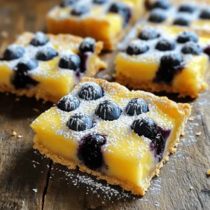 To make delicious blueberry lemon bars, gather these fresh ingredients: - 1 cup all-purpose flour - 1/4 cup powdered sugar - 1/2 cup unsalted butter, softened - 1/4 teaspoon salt - 2 large eggs - 1 cup granulated sugar - 2 tablespoons lemon zest (about 2 lemons) - 1/4 cup fresh lemon juice - 1 teaspoon baking powder - 1 cup fresh blueberries - Extra powdered sugar for dusting You can also add some optional ingredients to enhance flavor. Consider using a pinch of vanilla extract for warmth. Adding a few drops of almond extract can give a nice twist. If you like a bit of spice, a dash of cinnamon or nutmeg can add depth. Using fresh ingredients ensures the best taste. Fresh blueberries burst with flavor, and ripe lemons offer a bright zing. Each element plays a key role in the balance of sweet and tart. This full recipe brings together these ingredients for a treat that is both zesty and satisfying. First, set your oven to 350°F (175°C). This temperature helps the bars bake evenly. Grease an 8x8 inch baking pan with butter or cooking spray. If you prefer, line the pan with parchment paper. This makes it easy to lift the bars out later. To make the crust, mix these ingredients in a bowl: - 1 cup all-purpose flour - 1/4 cup powdered sugar - 1/2 cup unsalted butter, softened - 1/4 teaspoon salt Use a fork or your fingers to combine them until the mix looks like coarse crumbs. Next, press the crust firmly into the bottom of your pan. Make sure it is even all around. This helps the bars cook evenly. In a separate bowl, whisk together: - 2 large eggs - 1 cup granulated sugar - 2 tablespoons lemon zest - 1/4 cup fresh lemon juice - 1 teaspoon baking powder Mix these ingredients gently until they blend well. Be careful not to overmix. When ready, gently fold in 1 cup of fresh blueberries. Do this slowly to keep the blueberries whole and intact. Pour the blueberry filling over the crust. Spread it out evenly. Bake the pan in the oven for 20 to 25 minutes. The filling should be set and not jiggly when done. Once baked, take the pan out and let it cool on a wire rack. For the best results, refrigerate the bars for at least one hour before cutting them into squares. This step helps the bars set properly. Enjoy your fresh blueberry lemon bars! For more details, check the Full Recipe. 1. Overmixing the filling: When you make the filling, mix just until smooth. Overmixing can add air and make it puff up during baking. This can lead to a texture that is not creamy and smooth. 2. Not properly cooling the bars: Allow your bars to cool in the pan before cutting. If you cut them too soon, they may fall apart. Let them chill in the fridge for at least an hour. This will help them set nicely. - Best practices for a flaky crust: Cold butter is key for a flaky crust. Make sure your butter is softened but still cool. Mix it with the dry ingredients until it looks like coarse crumbs. This keeps the crust light. - How to achieve a perfectly set filling: Bake the bars until the filling looks firm and no longer jiggles. If you see a slight shine on top, that’s okay. It will set as it cools. - Choosing the right blueberries: Fresh blueberries are best. Look for ones that are plump and firm. They should be deep blue with a slight bloom. This shows they are ripe and fresh. - Tips for selecting ripe lemons: Choose lemons that are heavy for their size. They should have a bright yellow color. If they feel slightly soft, they are juicy. This will give more flavor to your bars. For more detailed steps, check the Full Recipe. {{image_2}} You can change the flavor of your blueberry lemon bars easily. For a twist, try adding different fruits. Raspberries or blackberries work great with lemon. They add a nice tangy taste. You can also mix berries for a colorful dessert. Another idea is to incorporate herbs. Fresh mint adds a cool flavor. Basil can give an unexpected yet delightful taste. Just use a small amount so it doesn't overpower the fruit. These simple changes can make your dessert unique and fun. If you need a gluten-free option, you have choices. You can use almond flour or coconut flour instead of all-purpose flour. Both options create a tasty crust. Just make sure to adjust the amount of butter. These flours absorb moisture differently. Ground almonds will give a nutty flavor. Coconut flour adds a subtle sweetness. Both will keep your bars light and delicious. Feel free to experiment with these alternatives to suit your needs. When it’s time to serve, think about pairing your bars. Ice cream or whipped cream adds a creamy touch. Vanilla ice cream complements the lemon well. Or, top with fresh whipped cream for a light finish. For gatherings, consider creative presentations. Cut the bars into fun shapes with cookie cutters. Serve on a colorful platter with mint leaves for garnish. These small touches can impress your guests. They will love how you present this simple yet elegant dessert. For the complete recipe, check the [Full Recipe] section! To keep your blueberry lemon bars fresh, use an airtight container. Glass or plastic containers work well. Store them in the fridge for the best taste. Make sure they are completely cool before packing them. If you want to freeze them, cut the bars first. Wrap each piece in plastic wrap. Then, place them in a freezer-safe bag. This way, you can enjoy them later! Blueberry lemon bars last about one week in the fridge. Look for signs of spoilage like a sour smell or a change in color. If they look dry or hard, it’s time to toss them. When reheating frozen bars, let them thaw in the fridge overnight. You can warm them in the oven at 350°F for about 10 minutes. This keeps the texture nice! For more details, check the Full Recipe. Yes, you can use frozen blueberries. Just make sure to let them thaw first. Drain any excess liquid to keep the filling from getting too watery. Gently fold them into the mixture. This helps maintain their shape. Frozen berries may not taste as fresh, but they work well. If you want a dairy-free option, use coconut oil or vegan butter. Applesauce is another choice for a healthier option. It gives moisture without the fat from butter. Just remember, these substitutes may change the flavor slightly. Look for the filling to be set and no longer jiggly. The edges should be slightly golden. You can also insert a toothpick in the center. If it comes out clean, your bars are ready! Yes, you can make the bars a day before serving. Just cool them completely and store in the fridge. Cover them with plastic wrap to keep them fresh. This helps the flavors blend nicely. Each bar has about 150 calories. They also contain 6 grams of fat and 20 grams of sugar. You'll get some vitamin C from the lemons. Blueberries add fiber and antioxidants. For the complete recipe, check out the Full Recipe. You learned how to make delicious blueberry lemon bars step by step. From mixing the crust to creating the filling, each part matters. I shared tips to avoid common mistakes and make your bars stand out. You can even try fun variations to keep things fresh. Whether you store them well or serve them creatively, these bars will impress. Baking should be fun, and with these easy tips, you’ll enjoy making and sharing your treats. Happy baking!