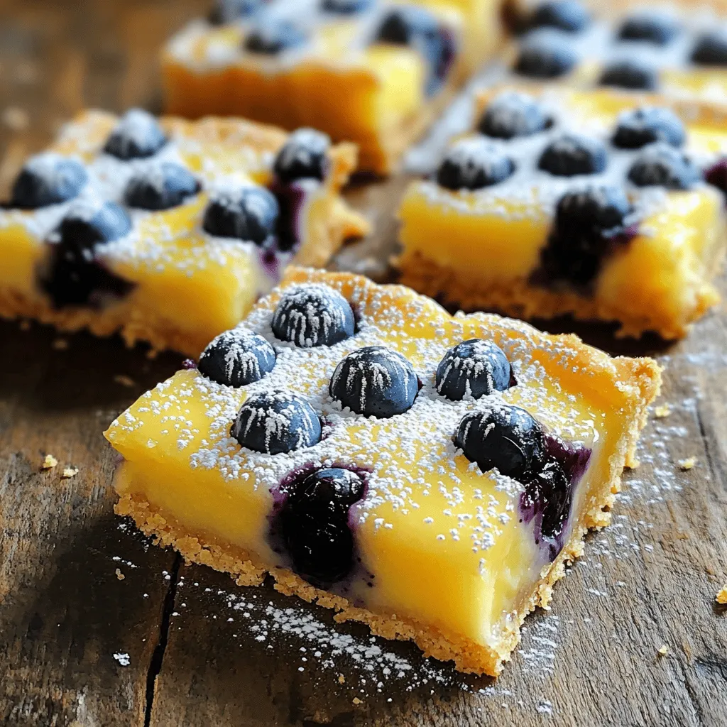 To make delicious blueberry lemon bars, gather these fresh ingredients: - 1 cup all-purpose flour - 1/4 cup powdered sugar - 1/2 cup unsalted butter, softened - 1/4 teaspoon salt - 2 large eggs - 1 cup granulated sugar - 2 tablespoons lemon zest (about 2 lemons) - 1/4 cup fresh lemon juice - 1 teaspoon baking powder - 1 cup fresh blueberries - Extra powdered sugar for dusting You can also add some optional ingredients to enhance flavor. Consider using a pinch of vanilla extract for warmth. Adding a few drops of almond extract can give a nice twist. If you like a bit of spice, a dash of cinnamon or nutmeg can add depth. Using fresh ingredients ensures the best taste. Fresh blueberries burst with flavor, and ripe lemons offer a bright zing. Each element plays a key role in the balance of sweet and tart. This full recipe brings together these ingredients for a treat that is both zesty and satisfying. First, set your oven to 350°F (175°C). This temperature helps the bars bake evenly. Grease an 8x8 inch baking pan with butter or cooking spray. If you prefer, line the pan with parchment paper. This makes it easy to lift the bars out later. To make the crust, mix these ingredients in a bowl: - 1 cup all-purpose flour - 1/4 cup powdered sugar - 1/2 cup unsalted butter, softened - 1/4 teaspoon salt Use a fork or your fingers to combine them until the mix looks like coarse crumbs. Next, press the crust firmly into the bottom of your pan. Make sure it is even all around. This helps the bars cook evenly. In a separate bowl, whisk together: - 2 large eggs - 1 cup granulated sugar - 2 tablespoons lemon zest - 1/4 cup fresh lemon juice - 1 teaspoon baking powder Mix these ingredients gently until they blend well. Be careful not to overmix. When ready, gently fold in 1 cup of fresh blueberries. Do this slowly to keep the blueberries whole and intact. Pour the blueberry filling over the crust. Spread it out evenly. Bake the pan in the oven for 20 to 25 minutes. The filling should be set and not jiggly when done. Once baked, take the pan out and let it cool on a wire rack. For the best results, refrigerate the bars for at least one hour before cutting them into squares. This step helps the bars set properly. Enjoy your fresh blueberry lemon bars! For more details, check the Full Recipe. 1. Overmixing the filling: When you make the filling, mix just until smooth. Overmixing can add air and make it puff up during baking. This can lead to a texture that is not creamy and smooth. 2. Not properly cooling the bars: Allow your bars to cool in the pan before cutting. If you cut them too soon, they may fall apart. Let them chill in the fridge for at least an hour. This will help them set nicely. - Best practices for a flaky crust: Cold butter is key for a flaky crust. Make sure your butter is softened but still cool. Mix it with the dry ingredients until it looks like coarse crumbs. This keeps the crust light. - How to achieve a perfectly set filling: Bake the bars until the filling looks firm and no longer jiggles. If you see a slight shine on top, that’s okay. It will set as it cools. - Choosing the right blueberries: Fresh blueberries are best. Look for ones that are plump and firm. They should be deep blue with a slight bloom. This shows they are ripe and fresh. - Tips for selecting ripe lemons: Choose lemons that are heavy for their size. They should have a bright yellow color. If they feel slightly soft, they are juicy. This will give more flavor to your bars. For more detailed steps, check the Full Recipe. {{image_2}} You can change the flavor of your blueberry lemon bars easily. For a twist, try adding different fruits. Raspberries or blackberries work great with lemon. They add a nice tangy taste. You can also mix berries for a colorful dessert. Another idea is to incorporate herbs. Fresh mint adds a cool flavor. Basil can give an unexpected yet delightful taste. Just use a small amount so it doesn't overpower the fruit. These simple changes can make your dessert unique and fun. If you need a gluten-free option, you have choices. You can use almond flour or coconut flour instead of all-purpose flour. Both options create a tasty crust. Just make sure to adjust the amount of butter. These flours absorb moisture differently. Ground almonds will give a nutty flavor. Coconut flour adds a subtle sweetness. Both will keep your bars light and delicious. Feel free to experiment with these alternatives to suit your needs. When it’s time to serve, think about pairing your bars. Ice cream or whipped cream adds a creamy touch. Vanilla ice cream complements the lemon well. Or, top with fresh whipped cream for a light finish. For gatherings, consider creative presentations. Cut the bars into fun shapes with cookie cutters. Serve on a colorful platter with mint leaves for garnish. These small touches can impress your guests. They will love how you present this simple yet elegant dessert. For the complete recipe, check the [Full Recipe] section! To keep your blueberry lemon bars fresh, use an airtight container. Glass or plastic containers work well. Store them in the fridge for the best taste. Make sure they are completely cool before packing them. If you want to freeze them, cut the bars first. Wrap each piece in plastic wrap. Then, place them in a freezer-safe bag. This way, you can enjoy them later! Blueberry lemon bars last about one week in the fridge. Look for signs of spoilage like a sour smell or a change in color. If they look dry or hard, it’s time to toss them. When reheating frozen bars, let them thaw in the fridge overnight. You can warm them in the oven at 350°F for about 10 minutes. This keeps the texture nice! For more details, check the Full Recipe. Yes, you can use frozen blueberries. Just make sure to let them thaw first. Drain any excess liquid to keep the filling from getting too watery. Gently fold them into the mixture. This helps maintain their shape. Frozen berries may not taste as fresh, but they work well. If you want a dairy-free option, use coconut oil or vegan butter. Applesauce is another choice for a healthier option. It gives moisture without the fat from butter. Just remember, these substitutes may change the flavor slightly. Look for the filling to be set and no longer jiggly. The edges should be slightly golden. You can also insert a toothpick in the center. If it comes out clean, your bars are ready! Yes, you can make the bars a day before serving. Just cool them completely and store in the fridge. Cover them with plastic wrap to keep them fresh. This helps the flavors blend nicely. Each bar has about 150 calories. They also contain 6 grams of fat and 20 grams of sugar. You'll get some vitamin C from the lemons. Blueberries add fiber and antioxidants. For the complete recipe, check out the Full Recipe. You learned how to make delicious blueberry lemon bars step by step. From mixing the crust to creating the filling, each part matters. I shared tips to avoid common mistakes and make your bars stand out. You can even try fun variations to keep things fresh. Whether you store them well or serve them creatively, these bars will impress. Baking should be fun, and with these easy tips, you’ll enjoy making and sharing your treats. Happy baking!