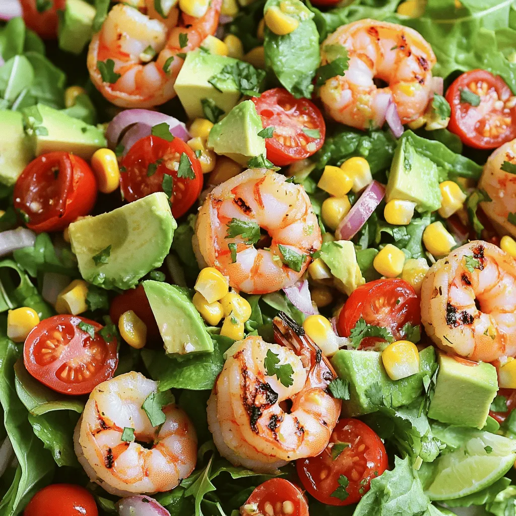 For this tasty grilled Mexican shrimp salad, you need the following main ingredients: - 1 pound large shrimp, peeled and deveined - 4 cups mixed salad greens (like arugula, spinach, and romaine) - 1 cup cherry tomatoes, halved - 1 avocado, diced - 1 cup corn kernels, fresh or frozen (thawed) - 1/4 red onion, thinly sliced - 1/4 cup fresh cilantro, chopped These fresh ingredients form the base of your salad, making it colorful and nutritious. The right spices and seasonings bring your shrimp to life. You will need: - 1 teaspoon smoked paprika - 1 teaspoon ground cumin - 1 teaspoon garlic powder - 1 teaspoon chili powder - Salt and pepper to taste These spices add depth and flavor to the shrimp, making each bite exciting. To customize your salad, consider these optional add-ins: - Sliced jalapeños for a spicy kick - Additional herbs like parsley or chives Adding these extras can enhance flavor and give your salad a personal touch. For the complete recipe, check the Full Recipe section. To make this dish, start by marinating the shrimp. In a bowl, mix olive oil, smoked paprika, ground cumin, garlic powder, chili powder, salt, and pepper. This mix gives the shrimp great flavor. Add the shrimp to the bowl. Toss them well until they are fully coated in the spice mix. Let the shrimp sit for 15 to 20 minutes. This helps the flavors soak in. Next, thread the marinated shrimp onto skewers. I recommend using metal skewers. They hold the shrimp well and are easy to clean. Now, it's time to grill. Preheat your grill to medium-high heat. A hot grill cooks the shrimp quickly and keeps them juicy. Place the skewers on the grill. Cook the shrimp for 2 to 3 minutes on each side. You want them to turn pink and firm. Once done, remove them from the grill and set them aside. While the shrimp cools, assemble the salad. In a large bowl, combine mixed salad greens, cherry tomatoes, diced avocado, corn, sliced red onion, and chopped cilantro. Squeeze the juice of two limes over the salad. This adds a fresh taste and helps the flavors pop. Toss gently to mix everything well. Finally, top the salad with your grilled shrimp. If you like heat, add sliced jalapeños on top. Enjoy your vibrant, healthy meal! For the full recipe, check the instructions above. To get your shrimp just right, cook them for about 2-3 minutes on each side. Watch them closely. Overcooking makes them tough. You want them pink and firm. Use metal skewers for best results. They heat up well and keep shrimp in place. If you use wooden skewers, soak them in water for 30 minutes first. This prevents burning on the grill. Add toppings to make the salad pop. Fresh mango or diced pineapple brings sweetness. A sprinkle of feta cheese adds creaminess. You can also use sliced jalapeños for heat. Adjust spice levels to suit your taste. If you want more kick, add extra chili powder or hot sauce. Pair this salad with tortilla chips or grilled corn on the side. You can also enjoy it with a refreshing drink like limeade. Store leftovers in an airtight container. Keep shrimp and salad separate to maintain freshness. This way, your meal stays tasty for up to two days. For complete cooking instructions, check the Full Recipe. {{image_2}} You can easily swap shrimp for other proteins. Chicken or tofu work well too. This lets you cater to different tastes. For greens, try kale or mixed salad greens. These choices add different textures. You can also mix in other veggies like bell peppers or cucumbers. They add crunch and color. Homemade vinaigrettes are simple to make. Just mix olive oil, lime juice, and a pinch of salt. You can also try a creamy dressing. Greek yogurt with lime is a tasty option. This gives your salad a rich flavor. Experiment with different herbs in your dressings. Cilantro or parsley can give a fresh twist. Want more heat? Add chili flakes or cayenne pepper. This will make your salad stand out. You can also try different spice blends. A taco seasoning mix can work great. Mixing flavors can give you a new favorite. Don't be afraid to get creative with spices! Store the salad and shrimp separately. This helps keep the salad fresh longer. Put the shrimp in an airtight container. You can keep it in the fridge for up to three days. The salad will last about two days. Make sure to check for freshness before eating. You can freeze shrimp for later use. First, cook the shrimp fully, then cool them down. Place them in a freezer bag and remove as much air as possible. They will stay good for up to three months. For salad ingredients, avoid freezing. Freezing can change the texture of greens and tomatoes. Instead, prepare salad ingredients fresh when ready to eat. To reheat grilled shrimp, place them on a skillet over medium heat. Cook for about two minutes on each side. This keeps them juicy and tasty. Before serving the salad, refresh it. Add a little lime juice and toss gently. This brings back its fresh flavor. Enjoy your vibrant dish with these tips! For the full recipe, check out the details above. You can use either fresh or frozen shrimp. Fresh shrimp has a sweet taste and nice texture. Look for shrimp that smells like the ocean, not fishy. If you choose frozen shrimp, buy high-quality ones. Thaw them in the fridge overnight for best results. Both types work well in this grilled Mexican shrimp salad. Yes, you can prep this salad ahead of time. Cook the shrimp and store it in the fridge. The shrimp stays good for up to two days. Prepare the salad without the dressing. Mix the greens, tomatoes, corn, and avocado in a bowl. Keep the dressing separate until you are ready to serve. This keeps everything fresh and tasty. Want some heat? Add sliced jalapeños on top. You can also mix in some hot sauce. Another option is to use more chili powder in the shrimp marinade. If you like it really spicy, try adding diced serrano peppers. Adjust the heat level to match your taste. Enjoy the kick! This blog post helps you create a tasty grilled shrimp salad. You learned about main ingredients and great spices. I shared tips on grilling shrimp and assembling the salad just right. You discovered fun variations to change up the dish. Finally, I explained how to store leftovers for later use. Enjoy cooking your shrimp salad! With these tips, you can impress anyone at your next meal.