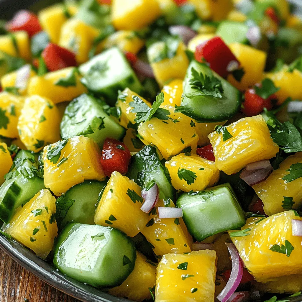- 1 ripe pineapple, peeled and diced - 2 cups cucumber, diced - 1 red bell pepper, diced The main ingredients create a bright and refreshing flavor. Pineapple adds sweetness and tang. Cucumber gives a cool crunch. The red bell pepper adds a nice pop of color and sweetness. Together, they make a colorful salad that looks great on any table. - 1/4 cup lime juice - 1 tablespoon honey or agave syrup - 1/2 teaspoon ground cumin The dressing brings everything together. Lime juice gives a zesty kick. Honey or agave syrup adds a touch of sweetness. Ground cumin adds depth to the flavor. This blend balances the fresh ingredients perfectly. - 1/4 cup fresh cilantro, chopped - 1/4 cup red onion, thinly sliced - Salt and pepper to taste These optional add-ins can enhance your salad. Fresh cilantro adds brightness. Red onion gives a bit of zing. Salt and pepper can boost the flavors even more. Feel free to mix and match based on your taste. For the full recipe, check out the Tropical Citrus Pineapple Cucumber Salad. Start with the pineapple. First, peel and core it. Then, dice the fruit into small pieces. The smell will be sweet and tropical. Next, take your cucumbers. Wash them well, then slice them into small cubes. Keep the skin on for extra crunch and color. Now, chop the red bell pepper. Cut it in half and remove the seeds. Dice it into small pieces. The bright color adds fun to your salad. Lastly, thinly slice the red onion. This will give a sharp taste to the dish. In a small bowl, whisk together the dressing ingredients. Start with fresh lime juice. Add honey or agave syrup for sweetness. Sprinkle in ground cumin for spice. Season with salt and pepper according to taste. Mix well until everything combines smoothly. This dressing will brighten up the salad. In a large mixing bowl, toss together the pineapple, cucumber, red bell pepper, and red onion. Pour the dressing over the salad mixture. Gently toss all the ingredients to coat them evenly. Now, fold in the chopped cilantro. This adds a fresh burst of flavor. Let the salad sit for about 10 minutes. This time allows the flavors to meld together nicely. Serve chilled or at room temperature. Enjoy your Tropical Citrus Pineapple Cucumber Salad! To pick the best pineapple, look for a few signs. First, check the color. A ripe pineapple should be mostly golden-yellow. Next, smell it. A sweet, fruity scent means it’s ready to eat. Also, squeeze gently. It should feel firm but slightly soft at the base. For organic versus conventional, choose organic if you can. These pineapples often taste better and are better for the environment. To boost flavor, add fresh herbs like mint or basil. These herbs can add a nice twist. You might also try spices like chili powder for some heat. Marinating your salad helps too. Let it sit for at least 10 minutes. This time allows the flavors to mix well and creates a more delicious dish. Pair this salad with grilled chicken or fish for a great meal. It also goes well with tacos or sandwiches. For garnishes, use lime wedges or a sprinkle of chili flakes. These will add a lovely touch to your plate. For the full recipe, refer back to the main section. Enjoy your fresh and flavorful delight! {{image_2}} You can make this salad even better with tropical fruits. Try adding diced mango for a sweet twist. Avocado is another great choice for creaminess. If you want a little heat, add chopped jalapeños. The spice will mix well with the sweet pineapple and cool cucumbers. For a vegan salad, use agave syrup instead of honey. This keeps the salad sweet without animal products. You also want to check all your ingredients for gluten. Make sure everything is free from cross-contamination. This is important for anyone with gluten sensitivities. Adjust your salad based on what’s fresh. In summer, you might find juicy berries to add. In fall, consider apples or pears for a crisp bite. This keeps the salad exciting and flavorful throughout the year. Always look for the best fruits and veggies in season. They taste better and add more nutrients. For a full experience of this vibrant dish, don't forget to check the Full Recipe. To keep your pineapple cucumber salad fresh, refrigerate it right away. Use an airtight container. This helps lock in moisture and keeps the flavors bright. If you have leftovers, store them in the fridge for later enjoyment. Freezing this salad is not ideal. The texture of cucumbers and pineapple changes in the freezer. For long-term storage, consider freezing just the pineapple. Cut it into chunks and place it in a freezer bag. It can last up to six months. Store cucumbers separately in the fridge, as they do not freeze well. In the fridge, this salad stays fresh for about three days. After that, the ingredients may lose their crunch. Watch for signs of spoilage. If the salad looks wilted or smells off, it is best to discard it. Always trust your senses to ensure food safety. For the full recipe, check the Tropical Citrus Pineapple Cucumber Salad section. To cut a pineapple, you need a sharp knife and a cutting board. Here’s how to do it: 1. Cut off the top and bottom: This gives the pineapple a flat base. 2. Stand the pineapple upright: Hold it steady on the board. 3. Slice down the sides: Remove the tough skin, cutting from top to bottom. 4. Remove the eyes: These are the brown spots on the fruit. 5. Cut into rings or chunks: Slice the fruit to your desired shape. Cutting a pineapple is easy once you know the steps. Fresh pineapple adds a sweet and tangy taste to your salad. Yes, you can make this salad in advance. I suggest preparing it a few hours before serving. Here’s what to do: - Prep Timeline: Make the salad up to 4 hours ahead of time. - Storage Measures: Keep it in an airtight container in the fridge. This helps keep the salad fresh and crisp. Making the salad early lets the flavors blend together nicely. Just give it a quick toss before serving. Both cucumbers and pineapples are very healthy. Here’s a quick look at their benefits: - Cucumbers: Low in calories, high in water. They help keep you hydrated. - Pineapples: Packed with vitamin C and bromelain. This helps with digestion and boosts your immune system. These fruits are tasty and good for your body. Eating them can help you feel better overall. You can easily change the sweetness of your salad. Here’s how: - Alternative Sweeteners: Use maple syrup or coconut sugar as options. - Ratio Changes: Try adding less honey or agave. Start with a smaller amount and taste as you go. Adjusting the sweetness helps you get the flavor just right for your taste buds. Enjoy your salad with your perfect balance! For the full recipe, check out the Tropical Citrus Pineapple Cucumber Salad! This blog post offers a detailed guide on making a vibrant salad. We explored the key ingredients like ripe pineapple, cucumbers, and red bell pepper. You learned how to prepare and dress these ingredients for the best flavor. Tips on selecting fresh produce and variations help you customize your dish. Proper storage advice ensures your salad lasts longer. Enjoy creating this refreshing meal, and remember to have fun with the flavors!