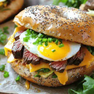 To make a Hearty Steak Egg and Cheese Bagel Sandwich, gather these items: - Everything bagel - Flank steak - Large egg - Cheddar cheese - Olive oil - Seasoning: Salt and pepper - Optional toppings: Sriracha or hot sauce, fresh chives Each ingredient plays a key role. The everything bagel brings flavor, while the flank steak adds protein. The large egg gives richness, and cheddar cheese melts beautifully to enhance it all. Olive oil helps in cooking and adds a slight flavor. Salt and pepper are essential for seasoning, and the optional toppings let you customize your heat level and freshness. Make sure your ingredients are fresh for the best taste. You can find the full recipe online if you want detailed instructions. To cook the flank steak, start by seasoning it well. Use salt and pepper for a rich flavor. This simple seasoning lets the meat shine. Heat one tablespoon of olive oil in a skillet over medium-high heat. When the oil is hot, add the steak. Cook it for about 4 to 5 minutes on each side. This timing gives you medium-rare steak, which is tender and juicy. If you prefer it more done, add a minute or two. After cooking, let it rest for a few minutes. This helps keep the juices inside. When ready, slice the steak thinly against the grain. For the egg, crack it into the same skillet after removing the steak. Lower the heat to medium. You can choose to fry the egg sunny-side up or over-easy. If you like a runny yolk, sunny-side up is best. For a firmer yolk, flip it over after a minute. Season the egg with a bit of salt and pepper. This adds flavor and brings it all together. To toast the bagel, slice it in half. Place the bagel halves in the toaster or skillet. Toast them until they turn golden brown and slightly crispy. If you’re using a skillet, keep an eye on them to avoid burning. You can also grill or broil the bagel for a different twist. Just ensure they get that nice, crunchy texture. Now it’s time to build your sandwich! Take one toasted half and layer on the sliced steak first. Then, add a slice of cheddar cheese on top of the steak. The warmth from the steak will start to melt the cheese. Finally, place the fried egg on top. If you like heat, drizzle some sriracha or hot sauce over the egg. This adds a nice kick. Top it off with the other half of the bagel. For a fresh touch, sprinkle some chopped chives on top. Enjoy your hearty steak egg and cheese bagel sandwich! For the complete cooking process, refer to the Full Recipe. How to achieve the perfect steak texture To get the best steak, start with flank steak. It is tender when cooked right. Season it with salt and pepper. Heat olive oil in a skillet on medium-high heat. Cook the steak for 4-5 minutes on each side. For medium-rare, a warm pink center is perfect. Let it rest before slicing. This helps keep the juices inside. Frying eggs without sticking Use the same skillet after cooking the steak. Lower the heat to medium. Add a little oil if needed. Crack the egg gently into the pan. Cook until the edges are firm but the yolk is runny. Season with salt and pepper. For no sticking, make sure the pan is hot enough. If it sticks, it may not be hot enough. Pairing with sides (salads, chips) Serve your sandwich with a side. Mixed greens give a fresh touch. You can also pair it with chips for crunch. Try sweet potato fries for a fun twist. These sides balance the sandwich's rich flavors. Creative presentation ideas Wrap the sandwich in parchment paper. It adds a rustic feel. Serve it on a wooden board for a nice look. A small dish of dipping sauce can also be fun. Try adding fresh herbs for color and flair. Making in advance You can prepare the steak and eggs ahead. Cook them, then store them in the fridge. Assemble the bagel just before eating. This keeps the bagel fresh and the egg warm. Best reheating methods To reheat, use a microwave for quick warming. A toaster oven works best for keeping the bagel crispy. Heat the sandwich wrapped in foil to keep it moist. Enjoy it fresh, just like when you first made it. {{image_2}} You can switch the flank steak for chicken or turkey. Both options are lean and cook quickly. Season them like the steak to keep flavors bold. For a vegetarian or vegan twist, use marinated tofu or tempeh. These options can soak up spices well and provide a nice texture. If you want different cheese flavors, try pepper jack for a kick. Swiss cheese adds a nutty touch, while gouda brings creaminess. For those avoiding dairy, look for dairy-free cheese. Many brands have great options that melt nicely and taste good. You can explore different bagel types, such as plain or sesame. Whole grain bagels add a nice nutty flavor and are healthier. If you need gluten-free options, look for gluten-free bagels made with almond or rice flour. Each bagel type gives a unique taste and texture to your sandwich. After enjoying your hearty steak egg and cheese bagel sandwich, store leftovers in a sealed container. Refrigerate within two hours to keep it safe. This sandwich will last for about 2 days in the fridge. If you want to keep it longer, freezing is a great option. Yes, you can freeze this sandwich! However, I recommend freezing the components separately. Wrap the steak, egg, and bagel halves in plastic wrap. Then, place them in a freezer bag. This method helps keep flavors fresh. The individual parts can last for up to 3 months in the freezer. When it’s time to eat, you can reheat in the microwave or toaster oven. For the microwave, use medium power and heat for about 1 minute. Check if it's warm enough. If not, add 20 seconds more. In a toaster oven, set it to 350°F. Heat for about 10 minutes, which will help keep the bagel crispy. Always check that the egg is warm throughout. This keeps your sandwich tasty and enjoyable! The best way to cook flank steak is by pan-searing. This method gives great flavor and texture. It’s quick and easy. Here are the steps: - Season the steak with salt and pepper. - Heat olive oil in a skillet over medium-high heat. - Cook for about 4-5 minutes on each side. - Aim for medium-rare for tenderness. - Let it rest before slicing thinly against the grain. Yes, you can make this sandwich ahead of time. Here are some tips for meal prep: - Cook the steak and eggs in advance. - Store them in the fridge for up to three days. - Toast the bagel fresh when you are ready to eat. - Assemble just before serving to keep it fresh. If you don’t have an everything bagel, don’t worry! Here are some great substitutes: - Use a plain bagel for a simple taste. - Try a sesame bagel for a nutty flavor. - A whole grain bagel adds extra fiber. - Even a toasted English muffin works well. You can make this sandwich spicy with a few easy ideas: - Add sriracha sauce or your favorite hot sauce. - Mix chopped jalapeños into the egg. - Use pepper jack cheese for a spicy kick. - Sprinkle red pepper flakes on top for extra heat. The calorie count may vary based on ingredients. Here is a general breakdown: - Flank steak (4 oz): about 200 calories - Large egg: about 70 calories - Cheddar cheese: about 110 calories - Everything bagel: around 300 calories - Total: approximately 680 calories Keep in mind that toppings may add calories. You can find the full recipe for this delicious dish [here](#). In this post, we explored how to create a delicious steak bagel sandwich. We covered key ingredients, cooking tips, and variations. You learned how to cook steak, fry eggs, and toast bagels perfectly. I also shared helpful tips for meal prep and storing leftovers. With these steps, you can make a tasty meal that suits your taste. Enjoy your cooking and feel free to experiment with flavors!
