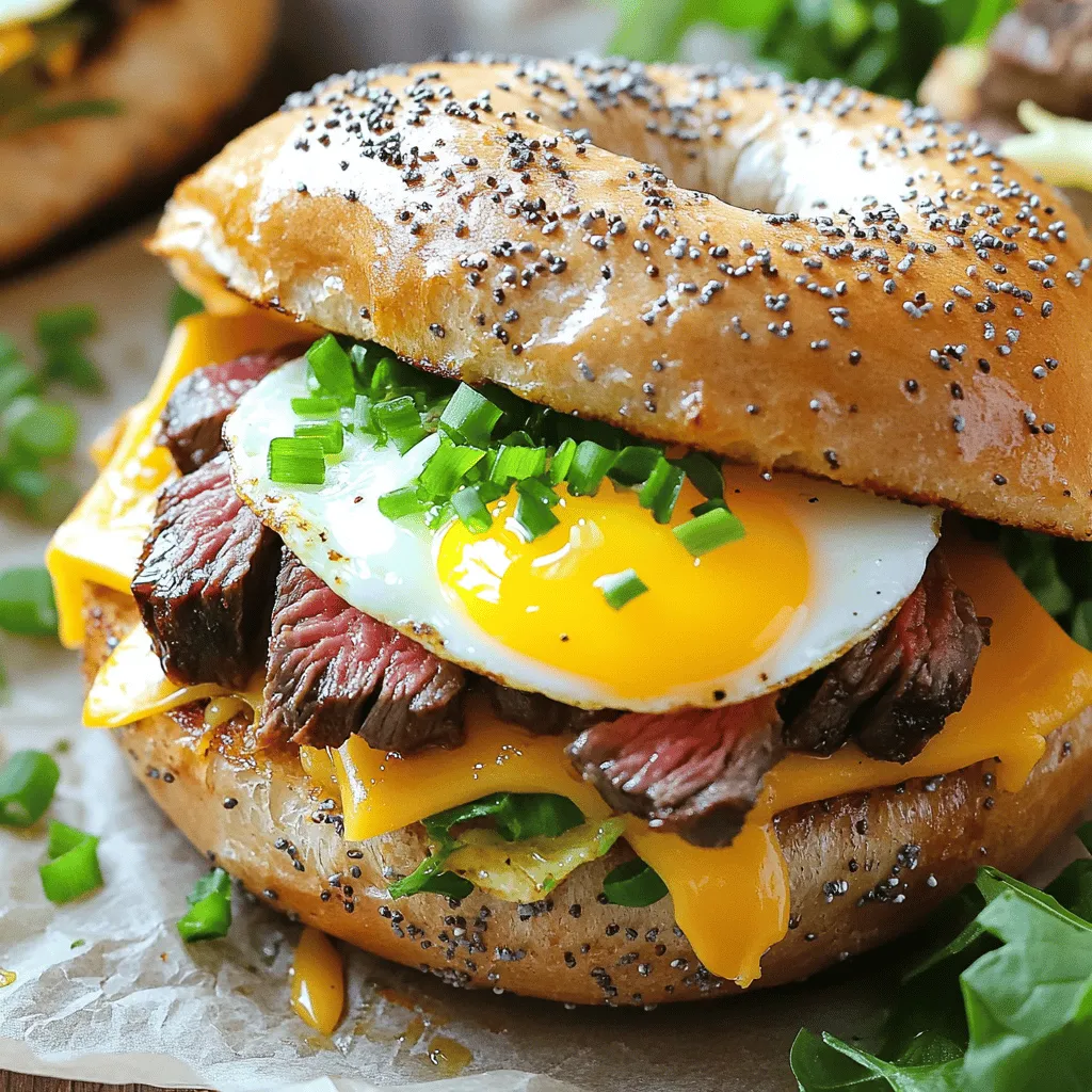 To make a Hearty Steak Egg and Cheese Bagel Sandwich, gather these items: - Everything bagel - Flank steak - Large egg - Cheddar cheese - Olive oil - Seasoning: Salt and pepper - Optional toppings: Sriracha or hot sauce, fresh chives Each ingredient plays a key role. The everything bagel brings flavor, while the flank steak adds protein. The large egg gives richness, and cheddar cheese melts beautifully to enhance it all. Olive oil helps in cooking and adds a slight flavor. Salt and pepper are essential for seasoning, and the optional toppings let you customize your heat level and freshness. Make sure your ingredients are fresh for the best taste. You can find the full recipe online if you want detailed instructions. To cook the flank steak, start by seasoning it well. Use salt and pepper for a rich flavor. This simple seasoning lets the meat shine. Heat one tablespoon of olive oil in a skillet over medium-high heat. When the oil is hot, add the steak. Cook it for about 4 to 5 minutes on each side. This timing gives you medium-rare steak, which is tender and juicy. If you prefer it more done, add a minute or two. After cooking, let it rest for a few minutes. This helps keep the juices inside. When ready, slice the steak thinly against the grain. For the egg, crack it into the same skillet after removing the steak. Lower the heat to medium. You can choose to fry the egg sunny-side up or over-easy. If you like a runny yolk, sunny-side up is best. For a firmer yolk, flip it over after a minute. Season the egg with a bit of salt and pepper. This adds flavor and brings it all together. To toast the bagel, slice it in half. Place the bagel halves in the toaster or skillet. Toast them until they turn golden brown and slightly crispy. If you’re using a skillet, keep an eye on them to avoid burning. You can also grill or broil the bagel for a different twist. Just ensure they get that nice, crunchy texture. Now it’s time to build your sandwich! Take one toasted half and layer on the sliced steak first. Then, add a slice of cheddar cheese on top of the steak. The warmth from the steak will start to melt the cheese. Finally, place the fried egg on top. If you like heat, drizzle some sriracha or hot sauce over the egg. This adds a nice kick. Top it off with the other half of the bagel. For a fresh touch, sprinkle some chopped chives on top. Enjoy your hearty steak egg and cheese bagel sandwich! For the complete cooking process, refer to the Full Recipe. How to achieve the perfect steak texture To get the best steak, start with flank steak. It is tender when cooked right. Season it with salt and pepper. Heat olive oil in a skillet on medium-high heat. Cook the steak for 4-5 minutes on each side. For medium-rare, a warm pink center is perfect. Let it rest before slicing. This helps keep the juices inside. Frying eggs without sticking Use the same skillet after cooking the steak. Lower the heat to medium. Add a little oil if needed. Crack the egg gently into the pan. Cook until the edges are firm but the yolk is runny. Season with salt and pepper. For no sticking, make sure the pan is hot enough. If it sticks, it may not be hot enough. Pairing with sides (salads, chips) Serve your sandwich with a side. Mixed greens give a fresh touch. You can also pair it with chips for crunch. Try sweet potato fries for a fun twist. These sides balance the sandwich's rich flavors. Creative presentation ideas Wrap the sandwich in parchment paper. It adds a rustic feel. Serve it on a wooden board for a nice look. A small dish of dipping sauce can also be fun. Try adding fresh herbs for color and flair. Making in advance You can prepare the steak and eggs ahead. Cook them, then store them in the fridge. Assemble the bagel just before eating. This keeps the bagel fresh and the egg warm. Best reheating methods To reheat, use a microwave for quick warming. A toaster oven works best for keeping the bagel crispy. Heat the sandwich wrapped in foil to keep it moist. Enjoy it fresh, just like when you first made it. {{image_2}} You can switch the flank steak for chicken or turkey. Both options are lean and cook quickly. Season them like the steak to keep flavors bold. For a vegetarian or vegan twist, use marinated tofu or tempeh. These options can soak up spices well and provide a nice texture. If you want different cheese flavors, try pepper jack for a kick. Swiss cheese adds a nutty touch, while gouda brings creaminess. For those avoiding dairy, look for dairy-free cheese. Many brands have great options that melt nicely and taste good. You can explore different bagel types, such as plain or sesame. Whole grain bagels add a nice nutty flavor and are healthier. If you need gluten-free options, look for gluten-free bagels made with almond or rice flour. Each bagel type gives a unique taste and texture to your sandwich. After enjoying your hearty steak egg and cheese bagel sandwich, store leftovers in a sealed container. Refrigerate within two hours to keep it safe. This sandwich will last for about 2 days in the fridge. If you want to keep it longer, freezing is a great option. Yes, you can freeze this sandwich! However, I recommend freezing the components separately. Wrap the steak, egg, and bagel halves in plastic wrap. Then, place them in a freezer bag. This method helps keep flavors fresh. The individual parts can last for up to 3 months in the freezer. When it’s time to eat, you can reheat in the microwave or toaster oven. For the microwave, use medium power and heat for about 1 minute. Check if it's warm enough. If not, add 20 seconds more. In a toaster oven, set it to 350°F. Heat for about 10 minutes, which will help keep the bagel crispy. Always check that the egg is warm throughout. This keeps your sandwich tasty and enjoyable! The best way to cook flank steak is by pan-searing. This method gives great flavor and texture. It’s quick and easy. Here are the steps: - Season the steak with salt and pepper. - Heat olive oil in a skillet over medium-high heat. - Cook for about 4-5 minutes on each side. - Aim for medium-rare for tenderness. - Let it rest before slicing thinly against the grain. Yes, you can make this sandwich ahead of time. Here are some tips for meal prep: - Cook the steak and eggs in advance. - Store them in the fridge for up to three days. - Toast the bagel fresh when you are ready to eat. - Assemble just before serving to keep it fresh. If you don’t have an everything bagel, don’t worry! Here are some great substitutes: - Use a plain bagel for a simple taste. - Try a sesame bagel for a nutty flavor. - A whole grain bagel adds extra fiber. - Even a toasted English muffin works well. You can make this sandwich spicy with a few easy ideas: - Add sriracha sauce or your favorite hot sauce. - Mix chopped jalapeños into the egg. - Use pepper jack cheese for a spicy kick. - Sprinkle red pepper flakes on top for extra heat. The calorie count may vary based on ingredients. Here is a general breakdown: - Flank steak (4 oz): about 200 calories - Large egg: about 70 calories - Cheddar cheese: about 110 calories - Everything bagel: around 300 calories - Total: approximately 680 calories Keep in mind that toppings may add calories. You can find the full recipe for this delicious dish [here](#). In this post, we explored how to create a delicious steak bagel sandwich. We covered key ingredients, cooking tips, and variations. You learned how to cook steak, fry eggs, and toast bagels perfectly. I also shared helpful tips for meal prep and storing leftovers. With these steps, you can make a tasty meal that suits your taste. Enjoy your cooking and feel free to experiment with flavors!
