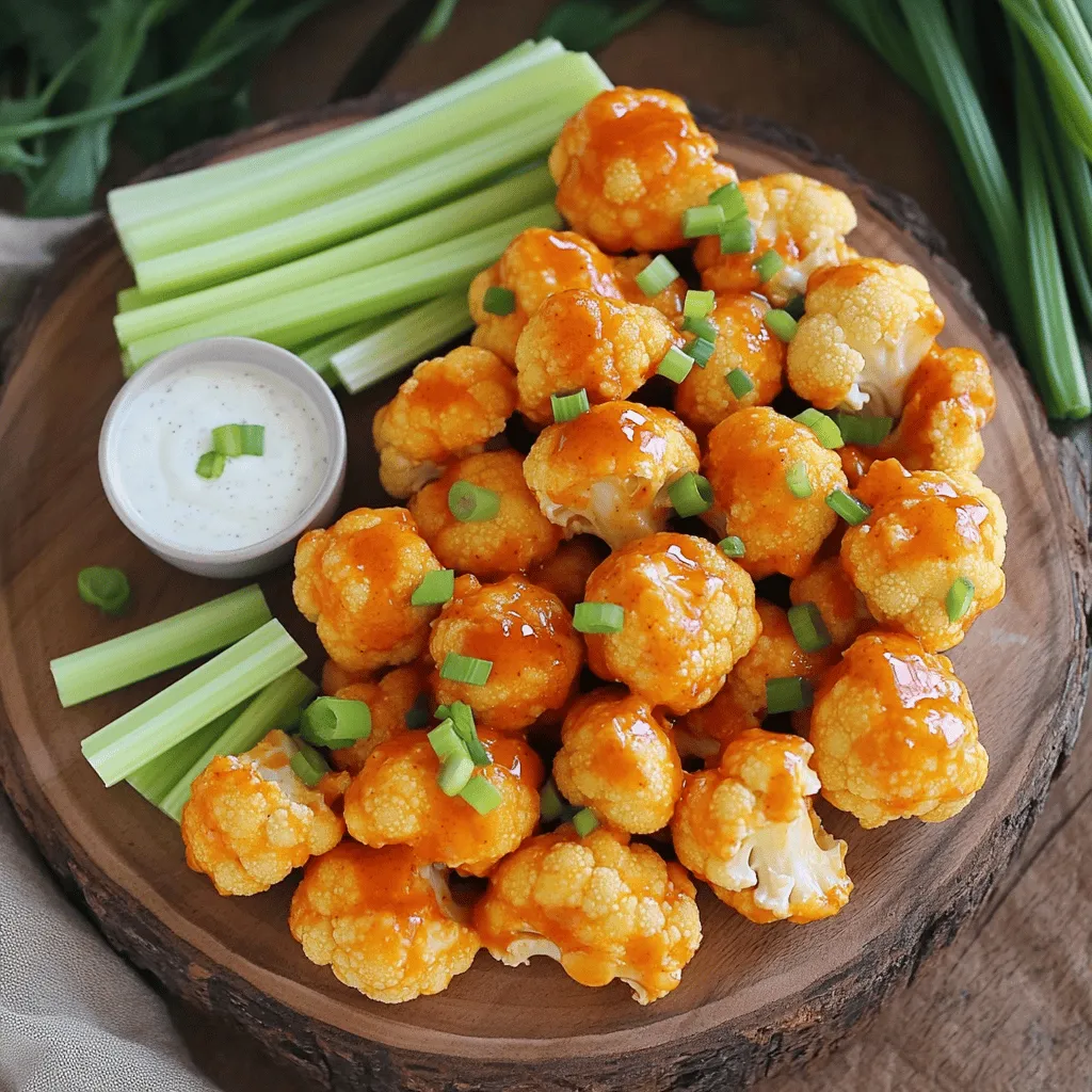 To make Buffalo cauliflower wings, you need simple and fresh ingredients. Here’s what you need: - 1 medium head of cauliflower, cut into florets - 1 cup all-purpose flour or chickpea flour - 1 cup almond milk (or any non-dairy milk) - 1 teaspoon garlic powder - 1 teaspoon onion powder - 1 teaspoon smoked paprika - 1/2 teaspoon salt - 1/4 teaspoon black pepper - 1 cup buffalo sauce (store-bought or homemade) - 2 tablespoons olive oil Each ingredient plays a key role. The cauliflower serves as the base. The flour and milk create a nice batter. The spices add flavor that makes each bite exciting. You can choose different flours and milks for your wings. All-purpose flour gives a nice crunch. If you want a gluten-free option, use chickpea flour. It adds a unique flavor and protein. For non-dairy milk, I love almond milk. It’s light and blends well. However, you can also use soy milk or oat milk. Each will give a slightly different taste and texture. The spices in this recipe are crucial. Garlic powder and onion powder add depth. Smoked paprika gives a subtle smokiness. Don’t skip the salt and pepper. They enhance all other flavors. You can also adjust the spice level by adding cayenne for heat or herbs for freshness. Each spice transforms these wings into a flavorful treat. For the full recipe, check out the details above. Start by washing the cauliflower head. Cut it into bite-sized florets. Aim for pieces that are similar in size. This helps them cook evenly. Place the florets in a large bowl to keep them handy. In another bowl, mix the dry ingredients: flour, garlic powder, onion powder, smoked paprika, salt, and black pepper. Whisk them together until well combined. Slowly pour in the almond milk and mix. Keep whisking until the batter is smooth and lump-free. It should be thick enough to coat the florets. Preheat your oven to 450°F (230°C). Line a baking sheet with parchment paper. Dip each cauliflower floret into the batter. Make sure each piece is fully coated and shake off any extra batter. Arrange them on the baking sheet in a single layer. Bake for 25-30 minutes. Flip them halfway through for even browning. They should be golden and crispy when done. While they bake, mix the buffalo sauce and olive oil in a bowl. After the wings are crispy, take them out of the oven. Toss them in the buffalo sauce until they are fully coated. For extra crunch, return them to the oven for another 10 minutes. Finally, let them cool for a few minutes before serving. This recipe is easy and fun. You can find the Full Recipe to guide you through the process. Enjoy these tasty bites with your favorite dipping sauce! To make your buffalo cauliflower wings crispy, you need to focus on the batter. Use a mix of flour and non-dairy milk. This creates a nice coating. Make sure the batter is thick enough to stick. If it’s too runny, it won’t crisp up well. You can also add cornstarch to your flour mix. This helps absorb moisture and adds crunch. After baking, give them a quick second bake after tossing them in the sauce. This extra step makes them even crunchier. Baking at high heat is key to getting that golden brown crust. Set your oven to 450°F (230°C). Line your baking sheet with parchment paper. This helps prevent sticking. Arrange the cauliflower in a single layer. Avoid crowding the pan. If the florets touch, they will steam instead of crisp. Flip them halfway through baking to ensure even cooking. Coating your cauliflower wings well is important for flavor. Dip each floret in the batter fully. Shake off the excess before placing them on the baking sheet. Once baked, toss the cauliflower in buffalo sauce. Make sure each piece is well-coated. You can mix the sauce with olive oil for better flavor. After tossing, return them to the oven for a few more minutes. This makes the sauce stick better and adds a nice glaze. For the full recipe, check out Buffalo Cauliflower Wings 🥦. {{image_2}} You can change the flavor of your Buffalo cauliflower wings easily. Try different spices to mix it up. For a smoky touch, add chipotle powder. Want a bit of sweetness? Use a dash of brown sugar. You could also try cumin for a warm flavor. Each spice can give your wings their unique twist. Don't be afraid to experiment! These wings can fit many diets. If you want a vegan option, use chickpea flour instead of regular flour. This keeps them plant-based and tasty. You can also swap almond milk for any non-dairy milk. For gluten-free wings, stick to chickpea flour and check your buffalo sauce. Many brands are gluten-free, but always check the label. You will enjoy delicious wings no matter your diet! Dipping sauces can enhance your buffalo cauliflower wings. Traditional ranch dressing is a favorite, but you can try other options too. Blue cheese dressing adds a rich flavor. If you prefer something lighter, try a yogurt dip. You can mix plain yogurt with herbs for a fresh taste. For a spicy kick, make a sriracha mayo by mixing mayo with sriracha sauce. Each dip can make your wings even better. Check out the Full Recipe for the full experience! To store leftover buffalo cauliflower wings, let them cool first. Place them in an airtight container. Keep them in the fridge. They will stay fresh for up to three days. If you have more than that, consider freezing. When it's time to enjoy your leftover wings, reheating is key. You can use an oven, microwave, or air fryer. For the oven, heat it to 350°F (175°C). Place the wings on a baking sheet. Bake for about 10-15 minutes until hot. If using a microwave, heat in short bursts. This method may make them less crispy. The air fryer is also great. Heat it to 350°F (175°C) and cook for about 5-7 minutes. Freezing buffalo cauliflower wings is a smart choice. After cooling, arrange the wings in a single layer on a baking sheet. Freeze them until solid. Then, transfer them to a freezer bag or container. They can last up to three months in the freezer. To enjoy, simply thaw overnight in the fridge and reheat. This way, you can have a tasty snack ready anytime! For the full recipe, check the earlier sections. Yes, you can make Buffalo cauliflower wings in an air fryer. The air fryer gives them a great crunch. To do this, follow the same batter and coating steps. Place the coated florets in a single layer in the air fryer basket. Set the air fryer to 400°F (200°C) and cook for about 15-20 minutes. Shake the basket halfway through for even cooking. Toss the wings in buffalo sauce after cooking. Buffalo cauliflower wings go well with many sides. Here are some tasty ideas you can try: - Celery sticks - Carrot sticks - Ranch dressing - Blue cheese dressing - Fresh herbs, like cilantro or parsley These sides add freshness and balance the spice of the wings. The spiciness of Buffalo cauliflower wings depends on the buffalo sauce you use. Most store-bought buffalo sauces have a medium heat level. If you prefer less heat, choose a milder sauce or mix it with some non-dairy milk. If you like more spice, try a hot sauce with extra heat. You can also add chili powder to the batter for an extra kick. Leftover buffalo cauliflower wings can last in the fridge for about 3-4 days. Store them in an airtight container to keep them fresh. If you want to keep them longer, you can freeze them. Just make sure to wrap them well before placing them in the freezer. For the best taste, eat them within a month. Buffalo cauliflower wings offer a tasty twist on a classic dish. We explored main ingredients, like cauliflower and spices, and shared easy steps to make them. Tips for a crispy texture and variations keep things fun. Store leftovers right to enjoy them later. I hope you feel excited to try this dish. It's simple, delicious, and a crowd-pleaser!
