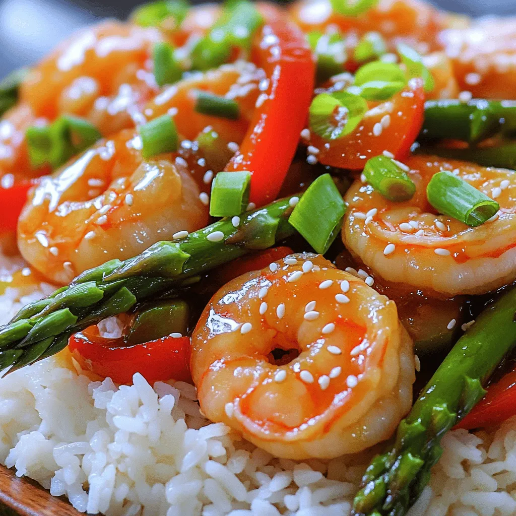 Making shrimp and asparagus stir-fry is simple and quick. This dish is colorful and packed with flavor. You can have dinner ready in just 20 minutes. This recipe serves four people and is perfect for busy nights. Here’s what you need for this tasty dish: - 1 pound large shrimp, peeled and deveined - 1 bunch asparagus, trimmed and cut into 2-inch pieces - 1 red bell pepper, sliced - 3 cloves garlic, minced - 1 inch fresh ginger, grated - 2 tablespoons soy sauce (or tamari for gluten-free) - 1 tablespoon sesame oil - 1 tablespoon olive oil - 1 tablespoon honey (or maple syrup for a vegan option) - 1 teaspoon cornstarch mixed with 2 tablespoons water - Salt and pepper to taste - 2 green onions, chopped (for garnish) - Sesame seeds (for garnish) Each ingredient adds a unique flavor that makes this meal special. The shrimp gives a nice protein boost, while the asparagus and bell pepper add crunch and color. To elevate your stir-fry, use these spices and seasonings: - Soy sauce: It adds saltiness and umami flavor. - Honey: This gives a hint of sweetness that balances the dish. - Sesame oil: It offers a rich, nutty taste that enhances the overall flavor. - Fresh ginger and garlic: These add warmth and depth to the dish. Feel free to adjust the spices to your taste. For a little heat, add a pinch of red pepper flakes. For a fresh touch, you could also add lime juice before serving. Using quality ingredients will make your stir-fry shine. Trust me; your taste buds will thank you for it! You can find the full recipe in the section above. 1. Prepare the shrimp: Rinse the shrimp under cold water. Pat them dry using paper towels. This step helps keep the shrimp from becoming soggy. Season them with salt and pepper for extra flavor. 2. Trim the asparagus: Take the asparagus and cut off the tough ends. Then, slice them into 2-inch pieces. This size helps them cook quickly and evenly. 3. Slice the red bell pepper: A red bell pepper adds sweet flavor and color. Cut it into thin slices for even cooking. 4. Mince the garlic and grate the ginger: Use fresh garlic and ginger for the best taste. Mince the garlic finely and grate the ginger using a microplane. 1. Heat the oil: In a large skillet or wok, add the olive oil. Heat it over medium-high heat until it shimmers. 2. Sauté garlic and ginger: Add the minced garlic and grated ginger to the hot oil. Stir them for about 30 seconds. This step releases their lovely aromas. 3. Cook the shrimp: Add the seasoned shrimp to the skillet. Cook them for 2-3 minutes on each side. They should turn pink and opaque when done. Remove them from the skillet and set them aside. 4. Stir-fry the vegetables: In the same skillet, add the asparagus and red bell pepper. Stir-fry them for about 4-5 minutes. You want them tender but still crisp. 5. Add sauce and shrimp: Drizzle the sesame oil, soy sauce, and honey over the veggies. Stir well and cook for an additional minute. Then, return the shrimp to the skillet. Mix everything to coat it in the sauce. 6. Thicken the sauce: Mix cornstarch with water in a small bowl. Pour this into the skillet while stirring. This will thicken the sauce and coat the shrimp and veggies. 7. Finish and serve: Remove the skillet from heat. Garnish with chopped green onions and sesame seeds before serving. - Don’t overcrowd the pan: If you add too much in one go, the food may steam instead of fry. Cook in batches if needed. - Use high heat: Stir-frying needs high heat for quick cooking. This helps keep the shrimp and veggies crisp. - Prep before cooking: Have all your ingredients ready before you start. This makes the cooking process smooth and fast. - Taste the sauce: Adjust soy sauce and honey to your liking. A balance of salty and sweet makes a perfect stir-fry. For the complete recipe, check out the Full Recipe for Shrimp & Asparagus Delight 🥦. Stir-frying is quick, but mistakes can ruin your dish. Here are some common ones: - Overcrowding the pan: This cools the pan down and steams the food. Cook in batches if needed. - Not preheating: Always heat your pan before adding oil. A hot pan gives a nice sear. - Adding wet ingredients too early: This can lead to soggy veggies. Add sauces only after the veggies are cooked. To boost flavor, use these simple techniques: - Marinate the shrimp: A quick marinade of soy sauce and ginger makes shrimp tasty. Just 15 minutes works wonders. - Use high heat: Cooking on high heat keeps the shrimp tender and the veggies crisp. It also caramelizes the sugars. - Finish with oil: Drizzling sesame oil at the end adds a rich flavor. It enhances the stir-fry's aroma too. Having the right tools makes a big difference: - Wok or large skillet: A wok allows for even heat distribution. A good skillet works well too. - Spatula: A sturdy spatula helps toss ingredients easily. Wooden or silicone options are great. - Measuring spoons: Accurate measurements ensure balanced flavors. They help you keep track of sauces and oils. For a complete guide, check the Full Recipe for Shrimp & Asparagus Delight 🥦. {{image_2}} You can easily change this shrimp and asparagus stir-fry to fit your diet. If you want a vegan dish, swap out shrimp for tofu or chickpeas. For gluten-free options, use tamari instead of soy sauce. You can also replace honey with maple syrup for a vegan sweetener. If you want to skip the oil, use vegetable broth for stir-frying. These swaps keep the dish tasty and healthy. Feel free to play with flavors by adding more veggies. Broccoli, snap peas, or carrots add color and crunch. Try bell peppers in different colors for a vibrant look. Want some heat? Add red pepper flakes or sriracha. Fresh herbs like basil or cilantro can brighten the dish too. A squeeze of lime juice just before serving adds a zesty finish that wakes up all the flavors. This stir-fry works for any meal. For a quick weeknight dinner, serve it over rice or quinoa. If you have guests, plate it nicely with extra green onions and sesame seeds. You can also serve it with noodles for a comforting meal. For a lunch option, pack it in a bento box with a side of fruit. The versatility of this dish makes it a hit for any occasion! If you want the full details, check out the Full Recipe. Storing your leftover shrimp and asparagus stir-fry is easy. First, let it cool to room temperature. Then, transfer it to an airtight container. You can keep the stir-fry in the fridge for up to three days. If you want to store it longer, freezing is a great option. To reheat, use a skillet on medium heat. Add a splash of water or broth to keep it moist. Stir often and heat until it is hot. This takes about 5 minutes. You can also use a microwave. Place the stir-fry in a microwave-safe dish. Cover it to avoid drying out, and heat for 1-2 minutes. Stir halfway through for even heating. If you want to freeze your stir-fry, pack it in a freezer-safe container. Make sure to remove any air to prevent freezer burn. It can last for up to three months in the freezer. To thaw, place it in the fridge overnight. You can also use the microwave for quick thawing. Just be sure to consume it within two days after thawing for best taste. For the full recipe, check the section above. Yes, you can use frozen shrimp. Just thaw them before cooking. Place the shrimp in cold water for about 15 minutes. This quick method makes it easy. Pat them dry after thawing. This helps the shrimp cook evenly. If you need a soy sauce substitute, try tamari. Tamari is a gluten-free option. You can also use coconut aminos. It has a mild flavor and is sweet. Both options work well in this stir-fry. Cooking shrimp takes about 4 to 6 minutes total. They should turn pink and opaque. Make sure not to overcook them. Overcooked shrimp become tough and rubbery. Keep an eye on them as they cook. Enjoy your Shrimp and Asparagus Delight with this quick recipe! For the full recipe, check above. This blog post covered how to make a tasty shrimp and asparagus stir-fry. We discussed the key ingredients, spices, and step-by-step cooking instructions. I shared tips to help you avoid common mistakes and improve flavor with the right techniques. You can also customize your stir-fry with dietary swaps or extra veggies. Lastly, proper storage ensures your meal stays fresh and delicious. Remember, practice makes perfect. Enjoy your cooking journey!