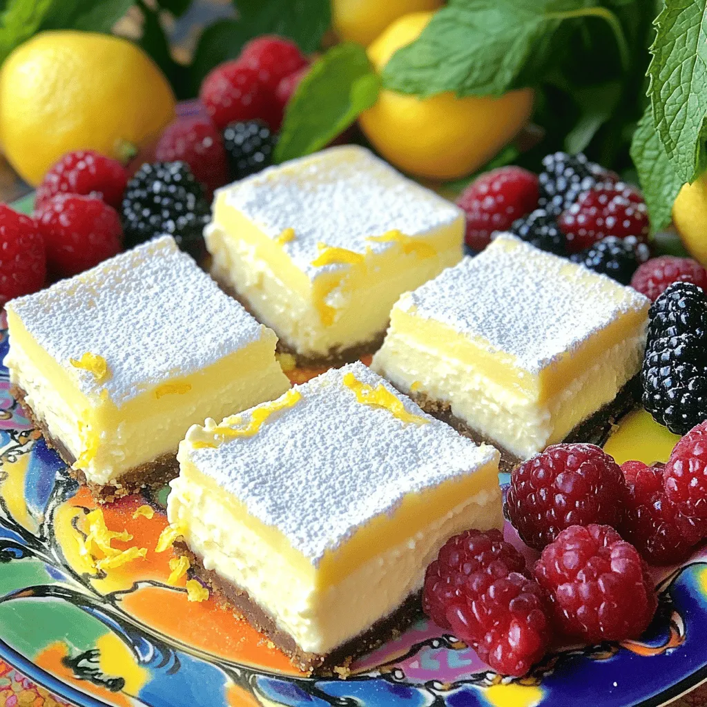 - 1 cup graham cracker crumbs - 1/4 cup unsalted butter, melted - 2 tablespoons granulated sugar - 16 ounces cream cheese, softened - 1 cup granulated sugar - 3 large eggs - 1/4 cup fresh lemon juice - Zest of 2 lemons - 1 teaspoon vanilla extract - 1/4 teaspoon salt - Powdered sugar, for dusting - Fresh berries, for garnish (optional) Gather these ingredients before you start. This setup makes the cooking process smooth. Each item plays a key role. The graham cracker crumbs form a sweet base. The cream cheese gives the squares their rich and creamy texture. Zesty lemon juice adds a bright, fresh flavor. The eggs help bind everything together. Using fresh lemon juice and zest enhances the taste. It provides a vibrant zing you will love. The vanilla extract adds warmth and depth. Remember to soften your cream cheese. This step helps achieve a smooth filling. If you want a sweet finish, use powdered sugar for dusting. Fresh berries can add a lovely touch. They make the dish look more inviting. You can find the full recipe at the end. Enjoy the fun of making these tasty lemon cheesecake squares! First, preheat your oven to 325°F (160°C). This step ensures even baking. Next, prepare an 8x8-inch square baking pan. Grease it well and line it with parchment paper. Leave some paper hanging over the sides. This makes it easy to lift the cheesecake out later. In a medium bowl, combine 1 cup of graham cracker crumbs, 1/4 cup of melted unsalted butter, and 2 tablespoons of granulated sugar. Mix until every crumb is moist. Press this mixture firmly into the bottom of the pan. It should form a nice, even layer. Bake the crust for 10 minutes. Once done, take it out and let it cool slightly. Now, let's make the filling. In a large bowl, beat 16 ounces of softened cream cheese with an electric mixer. Mix until it’s smooth and creamy. This takes about 2-3 minutes. Gradually add 1 cup of granulated sugar. Keep beating until it is fluffy and well combined. Next, add 3 large eggs, one at a time. Mix on low speed after each egg. This helps keep the filling light. Now, mix in 1/4 cup of fresh lemon juice, zest from 2 lemons, 1 teaspoon of vanilla extract, and 1/4 teaspoon of salt. Make sure everything is well mixed. Pour the cream cheese mixture over your cooled crust. Spread it evenly to cover the crust. Bake in the preheated oven for 30-35 minutes. The edges should be set, but the center will still jiggle a bit. When it is done, take it out and let it cool in the pan for 1 hour at room temperature. After cooling, place the cheesecake in the refrigerator. Chill it for at least 4 hours or overnight. This helps it set perfectly. Once chilled, lift the cheesecake out of the pan with the parchment paper. Cut it into squares. Dust with powdered sugar before serving. You can add fresh berries on top for a nice touch. For the full recipe, check above. To get a creamy filling, start with room temperature cream cheese. Cold cream cheese can lead to lumps in your mix, which we want to avoid. Beat the cream cheese for about 2-3 minutes until it is smooth. This step is key for a silky texture in your cheesecake. Using room temperature eggs also helps. When eggs are cold, they do not blend well. Let them sit out for about 30 minutes. This way, they mix smoothly with the other ingredients. Once your lemon cheesecake squares are ready, dust them with powdered sugar. This adds a sweet touch and makes them look fancy. Use a fine sieve to sprinkle the sugar evenly. Add fresh berries as a garnish for color and flavor. Berries like strawberries, blueberries, or raspberries work great. They not only look pretty but also add a nice contrast to the creamy lemon filling. Store your cheesecake squares in the fridge. Keep them covered with plastic wrap to stay fresh. They will last about 3-5 days. If you want to keep them longer, freezing is an option. Wrap each square in plastic wrap, then place them in an airtight container. This helps keep them fresh for up to 2 months. Just thaw them in the fridge before serving. {{image_2}} You can add fun flavors to your lemon cheesecake squares. For a twist, try adding different citrus zest. Lime or orange zest brightens the flavor. Just mix in a teaspoon or two into the filling. This small change makes a big difference! Another great option is adding chocolate. You can swirl in melted chocolate for a rich taste. Dark chocolate pairs well with lemon. You can also use chocolate chips for a nice surprise in each bite. If you want a lighter version, use low-fat cream cheese. It still gives a creamy texture but cuts calories. You won’t lose the taste. It’s a simple swap that keeps your dessert delicious. You can also try sweetener substitutes. Instead of sugar, use honey or maple syrup. This makes it a bit healthier. Just remember, adjust the amount to taste. Each sweetener has a different power. Explore these variations to create your perfect lemon cheesecake squares! For the full recipe, check out the section above. Lemon cheesecake squares last about 5 to 7 days in the fridge. Keep them in an airtight container. This helps to keep them fresh and tasty. If you notice any signs of spoilage, it is best to discard them. Yes, you can freeze lemon cheesecake squares! Wrap each square in plastic wrap. Then place them in a freezer-safe bag or container. They can last up to 3 months in the freezer. To enjoy, thaw them in the fridge overnight before serving. This keeps their creamy texture. Lemon cheesecake squares pair well with many treats. You can serve them with fresh whipped cream for extra creaminess. A scoop of vanilla ice cream also works great. Add some fresh berries on the side for a colorful touch. You might even try a drizzle of chocolate sauce for a fun twist. These additions enhance the flavor and look of your dessert. Zesty Lemon Cheesecake Squares This recipe is simple and fun to make. You will enjoy the fresh lemon taste in every bite! - Prep time: 15 minutes - Cook time: 30-35 minutes - Chill time: at least 4 hours - Total time: 5 hours and 45 minutes - Servings: 16 squares You start by making a tasty crust with graham cracker crumbs. Then, you mix cream cheese with sugar and eggs. Fresh lemon juice and zest add a bright flavor. This blend makes the filling smooth and creamy. When you bake these squares, the edges set first. The center will jiggle a bit. Let them cool and chill for the best taste. Dust with powdered sugar to make them look pretty. For a fun touch, add fresh berries on the side. This will make your dessert pop! Check out the Full Recipe for exact steps and measurements. Enjoy making these delightful treats! You learned how to make zesty lemon cheesecake squares. We covered the ingredients, steps, tips, and variations. You can enjoy this treat while impressing friends and family. Remember to keep your ingredients at room temperature for the best texture. Store them right to keep them fresh. With these easy steps, you can create a lemony dessert that delights everyone. Enjoy your baking journey and have fun experimenting with flavors!
