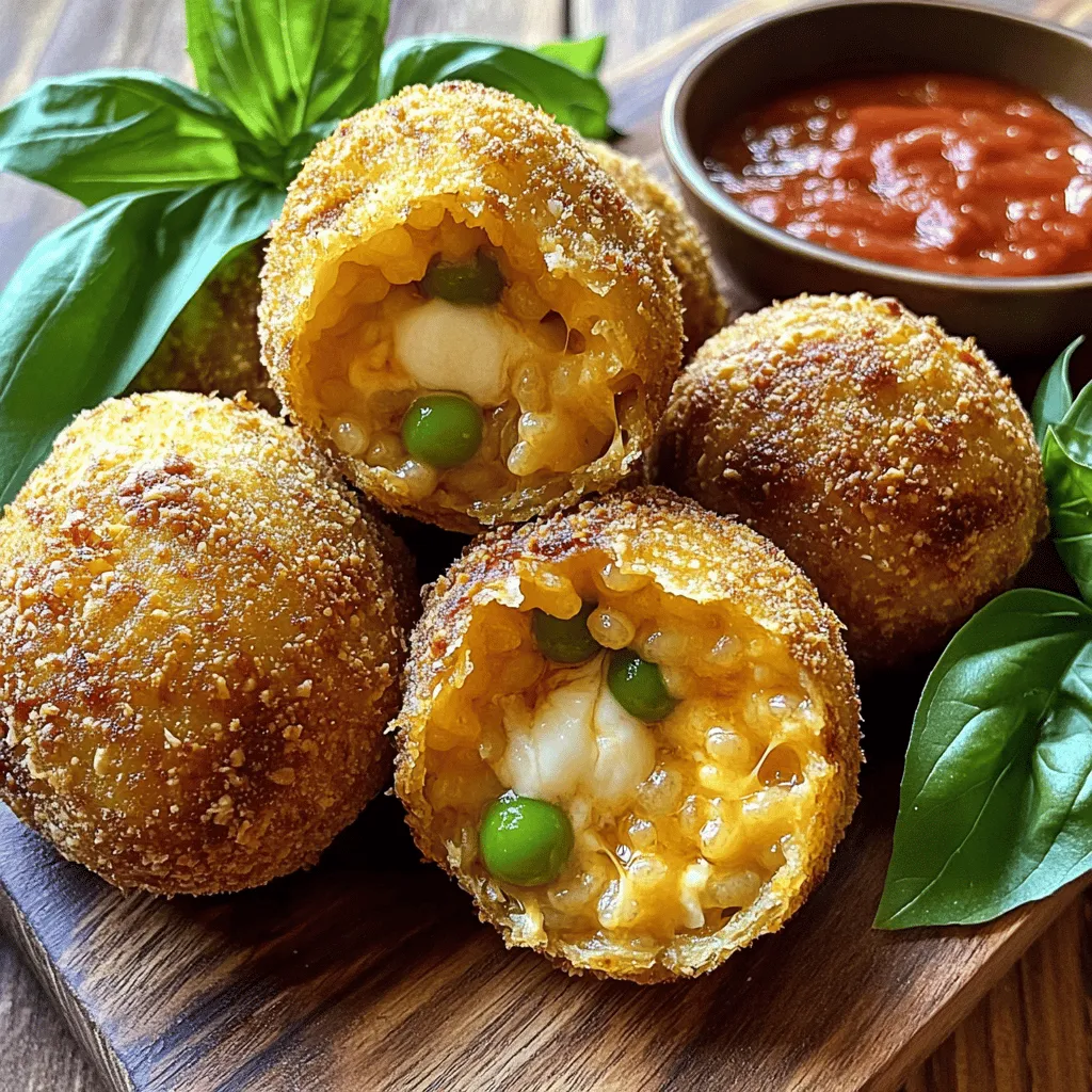To make arancini, you need a few key items. Here’s what you need: - 2 cups Arborio rice - 4 cups vegetable broth - 1 cup grated mozzarella cheese - 1/2 cup grated Parmesan cheese Arborio rice is special. It has a high starch content, which makes it creamy when cooked. Vegetable broth adds depth of flavor and keeps it vegetarian-friendly. The mozzarella and Parmesan cheeses bring a wonderful richness. Next, you will want some extra ingredients to add flavor and texture: - 1 medium onion, finely chopped - 2 cloves garlic, minced - 1/2 cup frozen peas, thawed - 1 teaspoon dried oregano - 1/2 teaspoon red pepper flakes (optional) - Salt and pepper to taste - 1 cup all-purpose flour - 3 large eggs, beaten - 2 cups breadcrumbs (preferably panko) - Vegetable oil for frying Onion and garlic create a savory base. Peas add a pop of color and sweetness. Oregano gives a nice herby taste. Red pepper flakes can spice things up if you like heat. The flour, eggs, and breadcrumbs help form a crispy coating. You will also need some tools to make cooking easier: - Large pot for cooking rice - Pan for sautéing - Deep skillet for frying - Measuring cups and spoons - Mixing bowls for breading - Serving dishes for presentation Having the right tools makes cooking fun and easier. A large pot helps cook the rice evenly. A deep skillet is perfect for frying, giving you that lovely crispy texture. For the complete guide, check out the Full Recipe. 1. To start, heat your vegetable broth in a large pot. Bring it to a gentle simmer. This will flavor the rice well. 2. In a separate pan, add a tablespoon of olive oil. Heat it over medium heat. Toss in the chopped onion and minced garlic. Cook until they turn soft and clear. 3. Next, add the Arborio rice to the pan. Stir it for about two minutes. This toasting step adds great flavor. 1. Slowly pour the hot vegetable broth into the rice mixture. Use a ladle and add it bit by bit. Stir often. Wait until the rice absorbs the liquid before adding more. 2. Keep cooking until the rice is al dente, about 18 to 20 minutes. Once done, remove it from the heat. 3. Mix in the mozzarella, Parmesan, peas, oregano, red pepper flakes, salt, and pepper. Let this mixture cool completely. 1. After cooling, take small amounts of the rice mixture. Form them into balls, about the size of a golf ball. This is the fun part! 2. Set up a breading station. Place flour on one plate, beaten eggs in a bowl, and breadcrumbs in another dish. This makes breading easy. 1. In a deep skillet, pour in vegetable oil. Heat it to about 350°F (175°C). This oil will make your arancini crispy. 2. Fry the arancini in batches. Do not overcrowd the pan. Cook them for about 3 to 4 minutes on each side. They should turn golden brown. 3. Once cooked, take them out and place them on a paper towel-lined plate. This helps to remove any extra oil. For the full recipe, you can check out the details above. Enjoy the process and the tasty results! To make great arancini, cook the rice al dente. This means the rice should be firm but not hard. Starchy Arborio rice is perfect for this. Cook it with care, adding broth slowly. Stir often, letting the rice absorb the broth before adding more. This helps create a creamy texture. To ensure a crispy exterior, use panko breadcrumbs. They fry up light and crunchy. After breading, chill your arancini for about 30 minutes. This helps them hold their shape while frying. When frying, keep the oil hot but not smoking. Fry them in small batches for best results. Spices and herbs can elevate your arancini. Try adding fresh basil or parsley for a burst of flavor. You can also mix in garlic powder or onion powder for depth. Red pepper flakes add a nice kick if you enjoy heat. For fillings, the sky is the limit! You can stuff them with meat, mushrooms, or even spinach. Consider adding sun-dried tomatoes or artichokes. These options bring unique flavors and textures to the dish. Dipping sauces can enhance your arancini experience. A classic marinara sauce pairs wonderfully. For something zesty, try a spicy aioli or garlic sauce. These sauces complement the crispy rice balls nicely. For plating, use a rustic wooden platter. Arrange the arancini in a circle with fresh basil leaves in the center. Place a small bowl of marinara sauce on the side. This not only looks nice but also adds to the dining experience. With these tips and tricks, you will make arancini that impress everyone. For the full recipe, check out the link above. {{image_2}} You can make arancini without meat. Try using vegetables like mushrooms, spinach, or zucchini. These add flavor and texture. For cheese, if you want it vegan, use cashew cheese or nutritional yeast. Both options give a nice, creamy touch. Sicily has many styles of arancini. In Palermo, arancini are often filled with meat sauce and peas. In Catania, they come with a rich ragu. Each region has its own twist, making them unique. You can also find different flavors, like saffron or eggplant, giving arancini a special taste. Arancini are now popular around the world. People add flavors from their own kitchens. For example, you can find arancini with Indian spices or Mexican cheese. These fusion recipes bring new life to the classic dish. Try fillings like pulled pork or roasted peppers for a fresh take. For the complete recipe, check out the Full Recipe section. To keep arancini fresh, store them in a sealed container. Place them in the fridge. They will last for up to three days. Before you store them, let the arancini cool completely. This step helps avoid sogginess. When you're ready to eat the leftovers, reheating is key. To keep them crispy, use an oven. Preheat the oven to 350°F (175°C). Place the arancini on a baking sheet. Heat for about 10-15 minutes, until they are warm and crisp again. If you want to freeze arancini, you can choose either unbattered or battered. For unbattered arancini, place them on a baking sheet. Freeze them until firm, then transfer to a bag. This way, they don’t stick together. For battered arancini, follow the same steps. First, freeze them on a sheet. Once firm, put them in a bag. Always label your bags with the date. When reheating frozen arancini, use the oven as well. Preheat the oven to 375°F (190°C). Bake the frozen arancini for about 20-25 minutes. This method helps them regain their crispness. For the full recipe, check out the details above. Enjoy your delicious arancini! To stop arancini from breaking, use the right binding agents. The key ingredients are cheese and eggs. They help hold the rice balls together. Here are some tips: - Use enough cheese: Mozzarella and Parmesan add great flavor and help bind. - Chill the rice mixture: Let it cool completely before shaping. This helps it firm up. - Form tight balls: Squeeze the mixture firmly, but don't overdo it. Yes, you can prepare arancini in advance. Here’s how: - Make the rice mixture: Cook it one day before. Store it in the fridge. - Shape the balls: Form the arancini but don’t bread them yet. - Cover and chill: Place the shaped balls in the fridge until you are ready to cook. - Fry when ready: Just bread and fry them when you want to serve. Dipping sauces can enhance the flavor of arancini. Here are some great options: - Marinara sauce: A classic choice, it pairs well with the crispy rice. - Aioli: A garlic-rich dip adds a creamy texture. - Spicy tomato sauce: For those who like a kick, this sauce is perfect. - Pesto: A fresh and herby option that adds brightness. Yes, arancini can be baked. Baking is a healthier choice. Here’s how to do it: - Preheat your oven: Set it to 400°F (200°C). - Coat well: Use enough oil on the outside to help it crisp. - Bake until golden: Cook for about 20-25 minutes or until they are golden brown. Keep in mind, baked arancini may not be as crispy as fried ones. Arancini come from Sicily, Italy. They date back to the 10th century. They were first made by Arabs who ruled Sicily. The name "arancini" means "little oranges" in Italian. They get their name from their round shape and golden color. These rice balls are a staple in Sicilian cuisine, often served at festivals and family gatherings. To cook rice well, follow these tips: - Use Arborio rice: It has a high starch content, giving a creamy texture. - Check for doneness: The rice should be tender but still firm to the bite (al dente). - Taste test: Take a few grains and taste them before finishing the cooking. When cooked, the rice should not be mushy but should hold its shape well. For a full recipe to create these delightful treats, check the [Full Recipe]. In this post, we explored arancini and its delicious ingredients, including Arborio rice and cheese. We walked through each step, from cooking the rice to frying the balls. I shared tips for perfect texture and serving ideas that brighten your table. Remember, you can adapt arancini with different fillings or shapes. You can store leftovers easily and even freeze arancini for later. Enjoy making this tasty treat, whether for a casual meal or a special occasion!