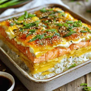 To make your salmon sushi bake, gather these simple ingredients: - 2 cups sushi rice - 2 ½ cups water - 1 tablespoon rice vinegar - 1 teaspoon sugar - 1 teaspoon salt - 1 pound salmon fillet, skinless - ½ cup cream cheese, softened - ¼ cup mayonnaise - 2 green onions, finely chopped - 1 tablespoon sriracha (adjust to taste) - 1 sheet nori (seaweed), cut into strips - Sesame seeds for garnish - Soy sauce for serving You will need some basic kitchen tools to make the sushi bake: - Medium saucepan for cooking rice - Baking sheet lined with parchment paper - Large baking dish for the final bake - Small bowl for mixing sauce - Mixing spoon or spatula for combining ingredients If you want to switch things up, here are some alternatives: - Use brown rice instead of sushi rice for a nuttier flavor. - Swap salmon for cooked shrimp or crab for a different protein. - Try Greek yogurt in place of cream cheese for a lighter option. - Use avocado slices instead of nori for a fresh touch. These ingredient choices keep your dish flavorful while adding a personal twist. Check the Full Recipe for more detailed steps! To start, you need to rinse the sushi rice. Place it in a bowl and run cold water over it. Keep rinsing until the water is clear. This step helps remove extra starch. Next, combine the rinsed rice and 2 ½ cups of water in a medium saucepan. Bring it to a boil over high heat. Once boiling, reduce the heat to low, cover, and let it simmer for 20 minutes. After that time, take it off the heat but keep it covered for another 10 minutes. This resting time makes the rice fluffy. While the rice cools, let’s prepare the salmon. First, preheat your oven to 350°F (175°C). Place the skinless salmon fillet on a baking sheet lined with parchment paper. Sprinkle a pinch of salt on top. Bake the salmon for about 12 to 15 minutes. You know it's ready when it flakes easily with a fork. Let the salmon cool down, then flake it into small pieces with a fork. This flaked salmon will be the star of your sushi bake. Now, let’s create the creamy sauce. Grab a medium bowl and add ½ cup of softened cream cheese and ¼ cup of mayonnaise. Then, toss in the finely chopped green onions and 1 tablespoon of sriracha. Mix everything until it’s smooth and creamy. This sauce adds a rich flavor that pairs perfectly with the rice and salmon. You’re now ready to assemble your sushi bake! For the full recipe, check the details above. Start by gathering your cooked sushi rice. Spread it evenly across the bottom of a large baking dish. This rice layer forms the base of your sushi bake, so make it neat. Next, take your flaked salmon and sprinkle it over the rice. This adds a rich flavor and texture. Finally, dollop the creamy sauce over the salmon. Spread it smoothly to cover all the fish. This step blends all the flavors well. Now it's time to bake! Preheat your oven to 350°F (175°C). Place the assembled sushi bake in the oven. Bake for about 10 to 15 minutes. Watch closely until the top turns golden and bubbly. This gives the dish a nice crust while warming everything inside. Once your sushi bake is out of the oven, let it cool for a few minutes. Then, garnish it with sesame seeds and chopped green onions. These toppings add color and a nice crunch. You can serve it straight from the baking dish. For a fancy touch, scoop portions into bowls. Add a slice of lime or some avocado slices. This makes each serving look fresh and inviting. Enjoy your creation! {{image_2}} To cook sushi rice, rinse it well. Rinse it under cold water until the water is clear. This removes extra starch. Combine two cups of sushi rice and 2 ½ cups of water in a pot. Bring it to a boil, then reduce the heat. Cover and let it simmer for 20 minutes. After cooking, let it sit covered for another 10 minutes. This helps the rice to become fluffy and sticky. Feel free to change the toppings to match your flavor. If you like it spicy, add more sriracha. You can also use different fish like tuna or shrimp. For a vegetarian option, try using avocado or cucumber. Adding sesame seeds gives a nice crunch. You can also top it with pickled ginger for a tangy kick. Mix and match until you find your favorite combo. When baking your sushi, preheat the oven to 350°F (175°C). Lining your baking sheet with parchment paper keeps the fish from sticking. Bake the salmon for 12-15 minutes. Make sure it’s flaky and not dry. After combining your ingredients, bake until the top is golden and bubbly. This creates the perfect texture. Remove it from the oven and let it cool for a few minutes before serving. This helps the flavors meld together. You can swap salmon for other proteins. Try cooked shrimp or crab for a seafood twist. Chicken or tofu works great too. Just keep the cooking time in check. For chicken, bake until fully cooked, about 20 minutes. Tofu should be pressed and baked for a nice texture. To make this dish vegetarian, use mushrooms or eggplant instead of fish. For a vegan option, replace cream cheese with cashew cream or a vegan cream substitute. Use plant-based mayonnaise for the sauce. This keeps the flavor while meeting dietary needs. Boost the flavor with fun add-ins! Consider adding avocado slices or cucumber for crunch. You can also mix in some pickled ginger for a zing. For extra heat, use more sriracha or add jalapeños. These small changes can make a big difference in taste. Explore the full experience with the Full Recipe for even more ideas! Yes, you can prepare some parts in advance. Cook the sushi rice and flake the salmon ahead of time. Store them in separate containers in the fridge. When ready, mix the cream cheese sauce and layer everything in the baking dish. Bake just before serving. To store leftovers, let the sushi bake cool completely. Cover it tightly with plastic wrap or aluminum foil. You can keep it in the fridge for up to three days. Reheat portions in the oven at 350°F (175°C) until warm. If you cannot find sushi rice, you can use short-grain rice or medium-grain rice. These options will give you a similar sticky texture. Quinoa or cauliflower rice can work for a low-carb option, but the texture will differ. This blog post walked through making a delicious Salmon Sushi Bake. We covered key ingredients, essential cooking tools, and tasty alternative options. I shared step-by-step instructions for cooking sushi rice, preparing your salmon topping, and mixing a creamy sauce. You learned how to assemble, bake, and garnish the dish. We also explored tips for perfect sushi rice, topping adjustments, and oven cooking best practices. In the end, the possibilities are endless. Enjoy customizing this recipe to make it your own!