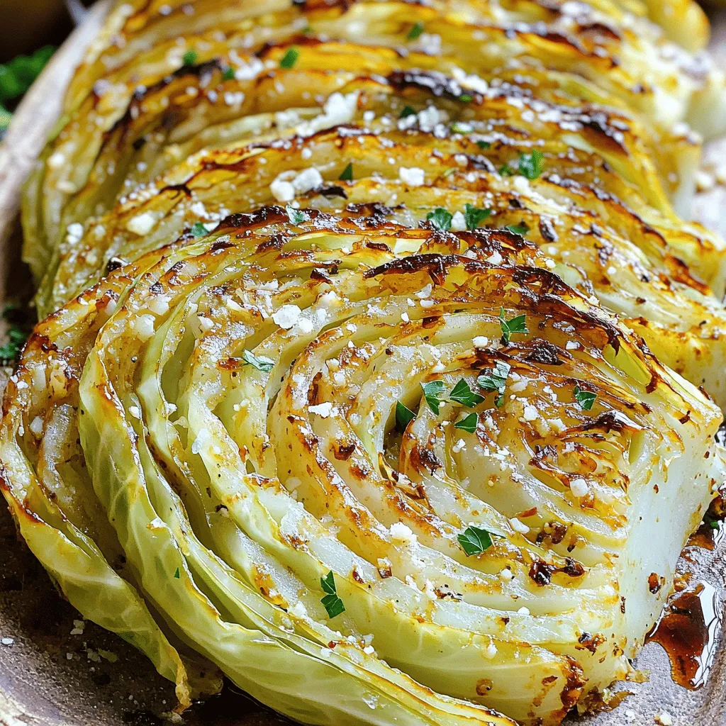 When making oven roasted garlic cabbage steaks, you need simple, fresh ingredients. They come together to create a tasty dish. Here is what you need: - Cabbage and Oil - 1 medium green cabbage - 4 tablespoons olive oil - Seasonings - 4 cloves garlic, minced - 1 teaspoon smoked paprika - 1 teaspoon onion powder - ½ teaspoon sea salt - ¼ teaspoon black pepper - 2 tablespoons balsamic vinegar - Optional Toppings - Fresh parsley, chopped (for garnish) - Grated Parmesan cheese (optional) These ingredients mix well to make a savory and satisfying meal. The garlic adds depth, while the balsamic vinegar brings a nice zing. You can adjust the seasonings to fit your taste. Check the full recipe for more details. Start by washing your cabbage. Remove any dirty or wilted outer leaves. Next, cut the cabbage into thick slices, about 1 inch wide. You should have 4 to 6 nice cabbage steaks. Make sure they are even in size. This helps them cook evenly. Place the cabbage steaks on a large plate or cutting board. In a small bowl, combine olive oil, minced garlic, smoked paprika, onion powder, sea salt, and black pepper. Use a whisk or fork to mix them well. This mixture gives the cabbage a rich flavor. You want each steak to be coated nicely with this garlic oil blend. Now, preheat your oven to 400°F (200°C). Line a baking sheet with parchment paper. This helps with easy cleanup. Arrange the cabbage steaks on the sheet. Brush each steak generously with the garlic oil mixture on both sides. Don't forget to drizzle some balsamic vinegar over them for extra flavor. Roast the cabbage in your preheated oven for 25 to 30 minutes. Flip the steaks halfway through cooking. This helps them get crispy on both sides. When they finish, the edges should be golden brown and the center tender. Let them cool slightly before serving. Enjoy your flavorful cabbage steaks with fresh parsley on top! For the complete instructions, check out the Full Recipe. Achieving the Perfect Crisp To get that perfect crisp, start with the right thickness. Cut your cabbage steaks about one inch thick. This thickness allows the edges to crisp while keeping the center tender. Use a generous amount of the garlic oil mixture on both sides. It helps the cabbage roast nicely. Don't skip flipping them halfway through. This ensures even browning and texture. Ensuring Even Cooking Lay out your cabbage steaks on a large baking sheet. Make sure they have space between them. If they are too close, they will steam instead of roast. Preheat the oven to 400°F (200°C). This high heat helps create that nice caramelization. Keep an eye on them in the last few minutes. They will go from perfectly cooked to burnt quickly. Garnishes and Pairings These oven roasted garlic cabbage steaks are versatile. Garnish with fresh parsley for a pop of color. A sprinkle of grated Parmesan cheese adds a nice touch, but it's optional. Serve them alongside grilled meats or fish. They also pair wonderfully with a simple salad. For a hearty meal, try them with quinoa or brown rice. You can find the full recipe to explore more serving ideas. {{image_2}} Spicy and Savory Versions You can add heat to your cabbage steaks. Try using cayenne pepper or chili flakes. Mix these into the garlic oil. This gives a nice kick. You can balance this with a little honey for sweetness. Another option is to use hot sauce. Drizzle it on the steaks before roasting. This adds bold flavor and excitement. Herb-Infused Alternatives Fresh herbs can change the taste of your cabbage steaks. For a bright flavor, add rosemary or thyme to the garlic oil. Chop the herbs finely and mix them in. This will bring out fresh, earthy notes. You can also use dried herbs like oregano or basil. Just remember, dried herbs are stronger, so use less. Serving with Proteins Cabbage steaks fit well with many proteins. Grilled chicken or steak pairs nicely. The savory flavors of the meat complement the garlic taste. You can also serve them with baked fish. The lightness of the fish works well with the hearty cabbage. Complementing Side Dishes Think about serving your cabbage steaks with sides. Roasted potatoes make a great match. Their crispy edges pair well with the tender cabbage. You can also try a side salad with mixed greens. This adds freshness and crunch to your meal. For a warm side, serve quinoa or rice. These grains soak up the flavors from the cabbage steaks very well. Check out the Full Recipe for more ideas on how to enjoy your Oven Roasted Garlic Cabbage Steaks! Refrigeration Techniques After you cook your oven roasted garlic cabbage steaks, let them cool to room temp. Then, place the steaks in an airtight container. Store them in the fridge for up to three days. This method keeps the flavor fresh and keeps the texture nice. If you need to stack them, add a layer of parchment paper. This way, they won’t stick together. Freezing Options If you want to keep them longer, you can freeze the cabbage steaks. First, let them cool completely. Wrap each steak in plastic wrap. Then, place them in a freezer bag. Try to squeeze out as much air as you can. They should last for about three months in the freezer. When you're ready to eat, thaw them overnight in the fridge. Microwaving vs. Oven To reheat your cabbage steaks, you have two good options. Microwaving is quick and easy. Place a steak on a plate and cover it with a damp paper towel. Heat it for about 30 seconds. Check if it is warm enough. If not, heat for another 15 seconds. Using the oven gives a better crisp. Preheat your oven to 350°F (175°C). Place the steaks on a baking sheet. Heat for about 10-15 minutes. This method makes them warm and crispy, just like fresh out of the oven. For the full recipe, check out the details above, and enjoy your delicious cabbage steaks! How to make cabbage steaks without oil? You can still enjoy cabbage steaks without oil. Try using vegetable broth or water instead. Brush the cabbage with broth to keep it moist. This method adds flavor while cutting fat. You can also sprinkle spices directly on the cabbage for extra taste. Can I use different types of cabbage? Yes, you can use any cabbage type. Green cabbage works great, but red cabbage adds color. Savoy cabbage has a nice texture, too. Each type brings a unique flavor. Feel free to mix them for a fun twist. How long will leftovers last? Leftovers can last about 3-5 days in the fridge. Store them in an airtight container. This keeps them fresh and tasty. You can also freeze them for up to 3 months. Just reheat them in the oven for the best texture. Health Benefits of Cabbage Cabbage is low in calories but high in nutrients. It’s packed with fiber, which helps digestion. This veggie also contains vitamins C and K, which support your immune system. Plus, cabbage is rich in antioxidants. These help fight inflammation and promote heart health. Caloric Information per Serving Each serving of oven roasted garlic cabbage steaks has around 150 calories. This number can vary based on toppings. If you add cheese or other extras, the calories will increase. Enjoy these steaks as a healthy side dish or light meal. In this post, we explored how to make tasty oven-roasted garlic cabbage steaks. We covered the key ingredients, preparation steps, and cooking techniques. I shared tips for getting the perfect crisp and suggested fun flavor variations. You learned how to store and reheat leftovers effectively, plus answered some common questions. Cabbage is not just healthy; it's versatile too. Use this recipe to enjoy a satisfying dish that everyone will love. Happy cooking!