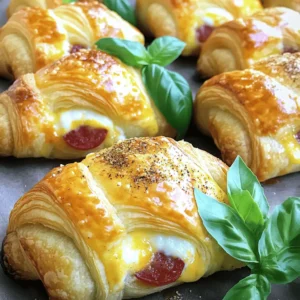 - 1 can of refrigerated croissant dough - 1 cup mozzarella cheese, shredded - 1 cup pepperoni slices - 1 teaspoon Italian seasoning - 1/2 teaspoon garlic powder - 1 tablespoon olive oil - 1 egg, beaten (for egg wash) - Fresh basil leaves for garnish (optional) When measuring cheese, use a dry measuring cup. Fill it lightly and level it off. For spices, use a measuring spoon and level it for accuracy. If you don’t have mozzarella, use provolone or cheddar. You can swap pepperoni for turkey or veggie options. Use fresh herbs instead of dried for a fresh taste. First, preheat your oven to 375°F (190°C). This step helps the croissants bake evenly. Next, take your can of croissant dough and unroll it on a clean surface. You will see triangles of dough. Carefully separate each triangle. Make sure to keep them in good shape. This dough will be the base of your rolls. In a bowl, mix together the shredded mozzarella, pepperoni slices, Italian seasoning, and garlic powder. Stir well until all the ingredients combine. This filling will bring flavor to your croissant rolls. To avoid sogginess, do not overfill each triangle. Just use a generous tablespoon of the mixture. This way, the filling stays inside when you bake them. To roll the croissants, start at the wide end of each triangle. Gently roll it toward the pointy end. Make sure to tuck the filling inside as you roll. This helps keep everything secure. Place each rolled croissant on a baking sheet lined with parchment paper. For a nice golden color, brush each croissant with the beaten egg. This egg wash gives them a beautiful finish. Finally, bake in your preheated oven for 12 to 15 minutes. When they are golden brown and crispy, they are ready to enjoy. For the full recipe, check the details above. To make your Mozzarella Pepperoni Croissant Rolls even tastier, consider adding herbs and spices. You can mix in some dried oregano, crushed red pepper, or even a sprinkle of paprika. These will boost the flavor and add a nice kick. You can also experiment with different types of cheese. Try using provolone or cheddar for a unique twist. Mixing cheeses can create new flavors and textures that will surprise your taste buds. For a crunchy texture, make sure to bake the croissants on a parchment-lined baking sheet. The parchment helps the heat circulate evenly. If your oven tends to run hot, lower the temperature by 25°F. This adjustment can prevent burning and keep the inside gooey and warm. Always keep an eye on baking time. Ovens can vary, so check your croissants a few minutes early. You want them golden brown and puffy, which usually takes about 12 to 15 minutes. Pair your croissant rolls with dips or sauces to enhance your snack. Marinara sauce or a creamy ranch dip works great. They add flavor and make the dish more fun. For a complete meal, serve your croissant rolls with a fresh salad or some crispy veggies. A side of fruit can also add sweetness and balance the savory flavors. Enjoying them this way makes for a tasty and satisfying meal. {{image_2}} You can get fun with the fillings in your croissant rolls. Try using other meats like sausage or ham. These add a rich taste and are easy to find. If you prefer a veggie option, consider spinach or artichoke. These ingredients give your rolls a fresh twist and are great for meatless meals. You don't have to stick to croissant dough. Puff pastry works well too. It gives a flakier texture and a different taste. If you need gluten-free options, look for gluten-free dough. It’s becoming easier to find, and it tastes great! Mixing flavors can make your rolls even more special. You can choose sweet fillings like chocolate or fruit jams. This creates a nice balance with the savory taste of cheese and meats. You can also explore other cuisines. Think about adding Mexican spices or Mediterranean herbs. This can really spice up your snack! For the full recipe to guide your cooking adventure, check out the [Full Recipe]. Store your baked croissant rolls in an airtight container. This helps keep them fresh. You can also wrap them in plastic wrap for added protection. When you want to reheat, use an oven to keep them crispy. Preheat your oven to 350°F (175°C) and bake for about 5-7 minutes. This method revives the crunchy texture. You can freeze these rolls before or after baking. If you freeze them before baking, place the unbaked rolls on a tray. Once firm, transfer them to a freezer bag. This way, you can bake them fresh later. To freeze after baking, let them cool completely first. Then, wrap each roll in foil, and place them in a freezer bag. When ready to eat, thaw in the fridge overnight. For baked rolls, reheat in the oven as mentioned earlier. In the refrigerator, these rolls last about 3-4 days. Check for signs of spoilage like mold or an off smell. If they feel hard or dry, it's best to discard them. Enjoy your Mozzarella Pepperoni Croissant Rolls fresh for the best taste, but knowing how to store them helps you savor the leftovers longer! For the full recipe, refer to the section above. Making these croissant rolls is fun and easy. Start with a can of refrigerated croissant dough. You’ll need mozzarella cheese, pepperoni, Italian seasoning, and garlic powder. Mix the cheese and pepperoni with the seasonings in a bowl. Roll out the dough and cut it into triangles. Place a spoonful of the filling at the wide end. Roll it up tightly, then bake until golden. For the full recipe, check the earlier section. Yes, you can prepare these rolls ahead of time. You can fill and roll them, then place them on a baking sheet. Cover and store them in the fridge for a day. When ready to eat, just bake them straight from the fridge. This keeps them fresh and tasty. If you have leftovers, reheat them in the oven for a crispy finish. These croissant rolls pair well with many sides. You might serve them with a fresh salad or some crunchy veggies. Try adding marinara sauce for dipping. For drinks, a simple soda or lemonade works nicely. You can also serve them alongside a warm soup for a cozy meal. No special equipment is needed! You only need basic kitchen tools. A baking sheet, mixing bowl, and a whisk for the egg wash are all you need. A pizza cutter can help with cutting the dough if you like. Simple tools make this recipe easy to follow. This article covers the tasty Mozzarella Pepperoni Croissant Rolls. We explored the ingredients, step-by-step instructions, and tips for flavor and cooking. You learned about variations to make it your own, plus storage and reheating advice. These croissant rolls are fun and easy to make. Enjoy your cooking adventure and share these rolls with friends and family. Happy baking!