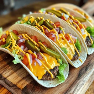 To make Smash Burger Tacos, you need just a few simple items: - 1 lb ground beef (80/20 blend) - 8 small flour tortillas - 1 cup shredded cheddar cheese - 1 cup iceberg lettuce, shredded - 1 large tomato, diced - ½ cup pickles, sliced - ¼ cup red onion, finely chopped - Salt and pepper to taste - Olive oil for cooking These ingredients create a tasty base for your tacos. The ground beef gives a rich flavor. The cheese adds a creamy touch. The veggies bring freshness and crunch. You can add more fun with some optional toppings: - Avocado slices - Jalapeños for heat - Crispy bacon bits - Fresh cilantro These extras can make your tacos even more exciting. Choose what you love to enhance your meal. Don’t forget the sauces! For a great taste, use: - ¼ cup mayonnaise - 2 tablespoons ketchup - 1 tablespoon mustard Mix these together for a creamy sauce. It adds flavor and ties all the ingredients together. You can also try other sauces like barbecue or hot sauce. For the full recipe, check the complete instructions. Enjoy making these delicious Smash Burger Tacos! To start, grab a small bowl. In it, mix together the mayonnaise, ketchup, and mustard. This sauce adds a nice tang to your tacos. Set it aside for later use. First, heat a large skillet over medium-high heat. Add a drizzle of olive oil to the pan. Next, divide the ground beef into eight equal parts, about 2 ounces each. Roll each piece into a loose ball. When the skillet is hot, place the beef balls in it. Using a spatula, smash each ball down flat to about ¼ inch thick. Season them with salt and pepper. Cook for 2-3 minutes until a brown crust forms. Then, carefully flip the patties. Right after flipping, place a tablespoon of shredded cheddar cheese on each patty. Cook for another 1-2 minutes until the cheese melts. While the burgers finish cooking, warm the flour tortillas in another skillet or microwave until they are soft and easy to fold. Now, it's time to build your tacos! On each tortilla, place a cheeseburger patty. Then, top with shredded lettuce, diced tomatoes, pickles, and red onions. Finally, drizzle a spoonful of your sauce over the top. Your Smash Burger Tacos are ready to enjoy! Serve them warm for the best taste. For the full recipe, check out the details above. To make the best smash burger tacos, start with high-fat beef. I like using an 80/20 blend. This mix gives you juicy beef with great flavor. Roll the beef into loose balls before smashing. When you place the balls on the hot skillet, press down firmly with a spatula. Aim for a thickness of about ¼ inch. This helps create a nice crust on the outside. Don’t forget to season the patties with salt and pepper as they cook. The crust makes all the difference in flavor. While you cook, keep the tacos warm so they taste fresh. You can use a clean kitchen towel or wrap them in foil. Place them in a low oven (around 200°F) to hold their heat. This way, your tacos stay warm while you finish cooking the rest. If you warm the tortillas in a skillet or microwave, do it just before you serve. This keeps them soft and pliable. For great flavor in your smash burger tacos, balance is key. The juicy beef pairs well with crunchy lettuce and fresh tomatoes. You can add a pop of acidity with sliced pickles or a splash of hot sauce. The sauce made of mayonnaise, ketchup, and mustard adds creaminess and tang. Try adding extra toppings like jalapeños or avocados for more flavor. Each bite should have a mix of textures and tastes that keep you wanting more. {{image_2}} You can make these tacos without meat. Use black beans or lentils instead. Mash them with spices for flavor. Add some sautéed mushrooms for a nice texture. You can also use veggie patties if you prefer. Top these with the same fresh veggies like lettuce and tomatoes. The sauce will taste great on these too. Don't forget to use your favorite cheese or a vegan substitute! Add some heat to your tacos! Mix diced jalapeños into the beef. You can also use spicy sausage for a kick. For the sauce, add hot sauce or chipotle mayo. You can sprinkle chili powder on the patties while cooking for more flavor. Top with spiced pickles or a spicy salsa to really amp up the heat. If you're watching carbs, swap out tortillas for lettuce wraps. Use large leaves of romaine or iceberg. You can still enjoy all the flavors! Make small patties to fit the wraps easily. Keep the toppings fresh and crunchy. Use shredded cheese and avocado for extra richness. This way, you enjoy the taste without the extra carbs! You can find the Full Recipe to make these variations shine. To store leftover Smash Burger Tacos, place them in an airtight container. Keep the tacos in the fridge for up to three days. This method keeps them fresh and tasty. If you have leftover filling, store it separately. This prevents the tortillas from getting soggy. Reheat the tacos in a skillet over medium heat. This warms them evenly and keeps the crunch. Cook for about 2-3 minutes on each side. If you have filling, heat it in the same skillet first. Add a touch of oil if it seems dry. You can also use a microwave, but the texture may change. If you want to freeze Smash Burger Tacos, assemble them without toppings. Wrap each taco tightly in plastic wrap. Place them in a freezer-safe bag. They can last in the freezer for up to three months. When ready to eat, thaw them in the fridge overnight. Then, reheat as mentioned above for the best taste. Enjoy every bite of your Smash Burger Tacos! For the full recipe, check out the details above. The best way to smash burger patties is simple. First, heat your skillet until hot. Use ground beef with a good fat ratio, like 80/20. Form the beef into balls, then place them in the skillet. Press down firmly with a spatula. Aim for about a quarter-inch thickness. This helps form a nice crust on the burger. Season with salt and pepper right after smashing. Cook for 2-3 minutes before flipping. Yes, you can use different meats for Smash Burger Tacos. Ground turkey or chicken work well for lighter options. You can also try ground lamb for a unique flavor. If you prefer plant-based options, use black beans or lentils. Just make sure your meat has some fat for a juicy texture. You can find Smash Burger Tacos at food trucks and casual dining spots. Many local restaurants offer creative taco menus. Look for places that focus on gourmet burgers or fusion cuisine. Check online reviews or social media for recommendations. They often feature special events or pop-up days for these tasty tacos. Enjoy the experience! Smash burger tacos combine tasty ingredients and quick steps. You prepare sauces and cook beef patties with ease. Then, you assemble them, balancing flavors with toppings. There are fun variations, too, like vegetarian or spicy options. Store leftovers properly for later enjoyment. Smash burger tacos are a fun twist on classic dishes. I hope you try this tasty meal soon. Enjoy your cooking adventure!