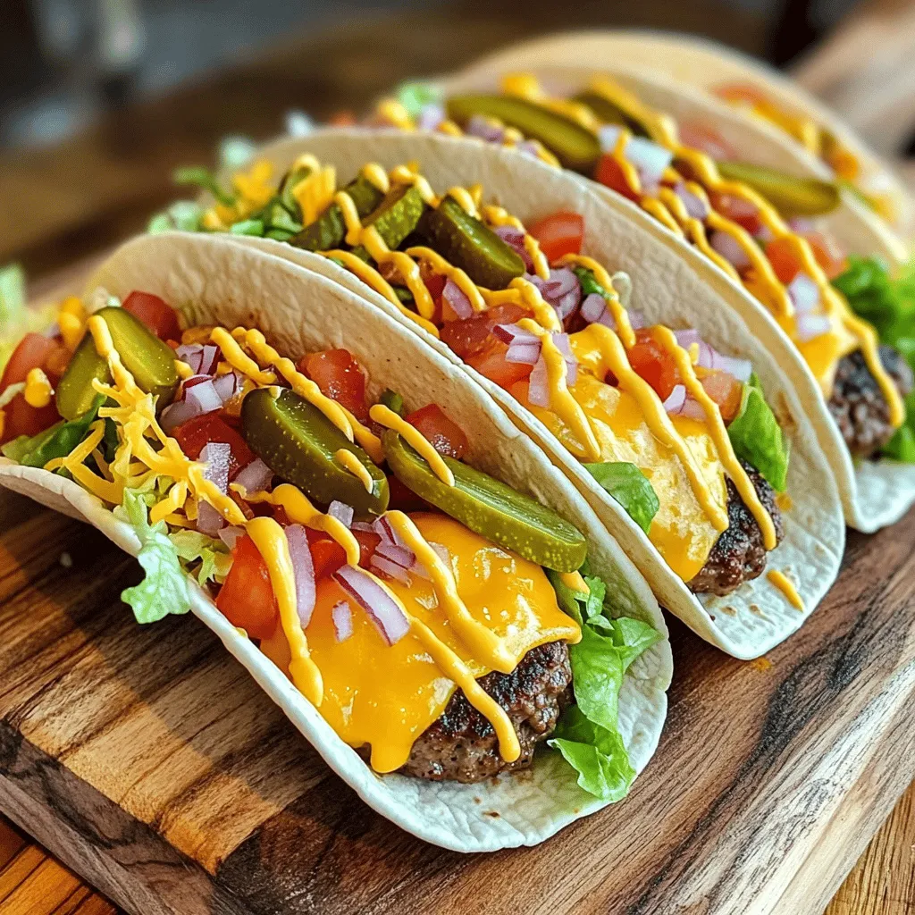 To make Smash Burger Tacos, you need just a few simple items: - 1 lb ground beef (80/20 blend) - 8 small flour tortillas - 1 cup shredded cheddar cheese - 1 cup iceberg lettuce, shredded - 1 large tomato, diced - ½ cup pickles, sliced - ¼ cup red onion, finely chopped - Salt and pepper to taste - Olive oil for cooking These ingredients create a tasty base for your tacos. The ground beef gives a rich flavor. The cheese adds a creamy touch. The veggies bring freshness and crunch. You can add more fun with some optional toppings: - Avocado slices - Jalapeños for heat - Crispy bacon bits - Fresh cilantro These extras can make your tacos even more exciting. Choose what you love to enhance your meal. Don’t forget the sauces! For a great taste, use: - ¼ cup mayonnaise - 2 tablespoons ketchup - 1 tablespoon mustard Mix these together for a creamy sauce. It adds flavor and ties all the ingredients together. You can also try other sauces like barbecue or hot sauce. For the full recipe, check the complete instructions. Enjoy making these delicious Smash Burger Tacos! To start, grab a small bowl. In it, mix together the mayonnaise, ketchup, and mustard. This sauce adds a nice tang to your tacos. Set it aside for later use. First, heat a large skillet over medium-high heat. Add a drizzle of olive oil to the pan. Next, divide the ground beef into eight equal parts, about 2 ounces each. Roll each piece into a loose ball. When the skillet is hot, place the beef balls in it. Using a spatula, smash each ball down flat to about ¼ inch thick. Season them with salt and pepper. Cook for 2-3 minutes until a brown crust forms. Then, carefully flip the patties. Right after flipping, place a tablespoon of shredded cheddar cheese on each patty. Cook for another 1-2 minutes until the cheese melts. While the burgers finish cooking, warm the flour tortillas in another skillet or microwave until they are soft and easy to fold. Now, it's time to build your tacos! On each tortilla, place a cheeseburger patty. Then, top with shredded lettuce, diced tomatoes, pickles, and red onions. Finally, drizzle a spoonful of your sauce over the top. Your Smash Burger Tacos are ready to enjoy! Serve them warm for the best taste. For the full recipe, check out the details above. To make the best smash burger tacos, start with high-fat beef. I like using an 80/20 blend. This mix gives you juicy beef with great flavor. Roll the beef into loose balls before smashing. When you place the balls on the hot skillet, press down firmly with a spatula. Aim for a thickness of about ¼ inch. This helps create a nice crust on the outside. Don’t forget to season the patties with salt and pepper as they cook. The crust makes all the difference in flavor. While you cook, keep the tacos warm so they taste fresh. You can use a clean kitchen towel or wrap them in foil. Place them in a low oven (around 200°F) to hold their heat. This way, your tacos stay warm while you finish cooking the rest. If you warm the tortillas in a skillet or microwave, do it just before you serve. This keeps them soft and pliable. For great flavor in your smash burger tacos, balance is key. The juicy beef pairs well with crunchy lettuce and fresh tomatoes. You can add a pop of acidity with sliced pickles or a splash of hot sauce. The sauce made of mayonnaise, ketchup, and mustard adds creaminess and tang. Try adding extra toppings like jalapeños or avocados for more flavor. Each bite should have a mix of textures and tastes that keep you wanting more. {{image_2}} You can make these tacos without meat. Use black beans or lentils instead. Mash them with spices for flavor. Add some sautéed mushrooms for a nice texture. You can also use veggie patties if you prefer. Top these with the same fresh veggies like lettuce and tomatoes. The sauce will taste great on these too. Don't forget to use your favorite cheese or a vegan substitute! Add some heat to your tacos! Mix diced jalapeños into the beef. You can also use spicy sausage for a kick. For the sauce, add hot sauce or chipotle mayo. You can sprinkle chili powder on the patties while cooking for more flavor. Top with spiced pickles or a spicy salsa to really amp up the heat. If you're watching carbs, swap out tortillas for lettuce wraps. Use large leaves of romaine or iceberg. You can still enjoy all the flavors! Make small patties to fit the wraps easily. Keep the toppings fresh and crunchy. Use shredded cheese and avocado for extra richness. This way, you enjoy the taste without the extra carbs! You can find the Full Recipe to make these variations shine. To store leftover Smash Burger Tacos, place them in an airtight container. Keep the tacos in the fridge for up to three days. This method keeps them fresh and tasty. If you have leftover filling, store it separately. This prevents the tortillas from getting soggy. Reheat the tacos in a skillet over medium heat. This warms them evenly and keeps the crunch. Cook for about 2-3 minutes on each side. If you have filling, heat it in the same skillet first. Add a touch of oil if it seems dry. You can also use a microwave, but the texture may change. If you want to freeze Smash Burger Tacos, assemble them without toppings. Wrap each taco tightly in plastic wrap. Place them in a freezer-safe bag. They can last in the freezer for up to three months. When ready to eat, thaw them in the fridge overnight. Then, reheat as mentioned above for the best taste. Enjoy every bite of your Smash Burger Tacos! For the full recipe, check out the details above. The best way to smash burger patties is simple. First, heat your skillet until hot. Use ground beef with a good fat ratio, like 80/20. Form the beef into balls, then place them in the skillet. Press down firmly with a spatula. Aim for about a quarter-inch thickness. This helps form a nice crust on the burger. Season with salt and pepper right after smashing. Cook for 2-3 minutes before flipping. Yes, you can use different meats for Smash Burger Tacos. Ground turkey or chicken work well for lighter options. You can also try ground lamb for a unique flavor. If you prefer plant-based options, use black beans or lentils. Just make sure your meat has some fat for a juicy texture. You can find Smash Burger Tacos at food trucks and casual dining spots. Many local restaurants offer creative taco menus. Look for places that focus on gourmet burgers or fusion cuisine. Check online reviews or social media for recommendations. They often feature special events or pop-up days for these tasty tacos. Enjoy the experience! Smash burger tacos combine tasty ingredients and quick steps. You prepare sauces and cook beef patties with ease. Then, you assemble them, balancing flavors with toppings. There are fun variations, too, like vegetarian or spicy options. Store leftovers properly for later enjoyment. Smash burger tacos are a fun twist on classic dishes. I hope you try this tasty meal soon. Enjoy your cooking adventure!