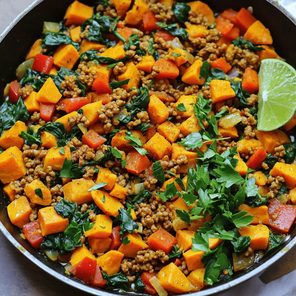 Ground turkey forms the base of this dish. It is lean and healthy. You need one pound of ground turkey for great flavor and protein. This meat cooks quickly and mixes well with other ingredients. It gives a nice texture and absorbs spices well. The vegetables add color and nutrients. Use two medium sweet potatoes, peeled and diced. Sweet potatoes are sweet and filling. They pair well with the turkey. You’ll also need one red bell pepper, diced, and one small yellow onion, chopped. Add three cloves of minced garlic for extra flavor. Lastly, toss in one cup of corn kernels and two cups of chopped spinach. These veggies add crunch and freshness. Spices make this dish pop! Use one teaspoon of smoked paprika for a warm taste. One teaspoon of cumin adds earthiness. For a little heat, add one teaspoon of chili powder. Don’t forget to include half a teaspoon of salt and a quarter teaspoon of black pepper. These enhance all the flavors. Finally, use two tablespoons of olive oil for cooking. This helps the veggies cook and adds richness. For the full recipe, check out the Ground Turkey Sweet Potato Skillet. Start by gathering all your ingredients. This makes cooking smooth and easy. Dice the sweet potatoes, red bell pepper, and onion. Mince the garlic so it releases its strong flavor. Use a sharp knife for quick cuts. If you have extra time, soak the sweet potatoes in water. This helps them cook faster. Heat the olive oil in a large skillet on medium heat. Add the onion and sweet potatoes first. Cook for 5-7 minutes until the sweet potatoes soften. Stir often to avoid burning. Next, add the minced garlic and spices. Stir for one minute to wake up the flavors. Then, add the ground turkey. Break it up with a wooden spoon. Cook until the turkey is brown, about 5-7 minutes. After that, mix in the diced bell pepper and corn. Cook for 3-4 minutes until the bell pepper is tender. Finally, stir in the chopped spinach. Cook until it wilts, about 2 minutes. Once everything is cooked, taste and adjust the seasoning. You may want more salt or pepper. Remove the skillet from heat and let it sit for a minute. This helps the flavors blend. Serve in bowls, and garnish with parsley or cilantro. For a zesty kick, add a lime wedge on the side. Enjoy your tasty Ground Turkey Sweet Potato Skillet! For the complete recipe, check out the Full Recipe above. When cooking the Ground Turkey Sweet Potato Skillet, use a large skillet. This tool helps with even cooking. Heat the olive oil first. This step brings out the best flavors in your veggies. Add the sweet potatoes and onions to the hot oil. Stir them often. This keeps them from sticking and burning. Cook until the sweet potatoes start to soften. This usually takes about 5 to 7 minutes. After that, mix in the garlic and spices. This adds a nice kick to the dish. Make sure to stir for just a minute. This helps the spices bloom and release their flavor. To boost the taste, try fresh herbs like parsley or cilantro. They add a bright touch. You can also squeeze a lime over the dish. This adds a fresh zing that balances the flavors. If you like some heat, add a pinch of cayenne. This will make your dish pop! Mix in a splash of chicken or vegetable broth if you want more moisture. This helps keep the turkey juicy. Don’t forget to taste as you go. Adjust the salt and pepper to your liking. Use a wooden spoon to stir the turkey. This prevents the meat from clumping. A sharp knife makes it easy to chop your veggies. A cutting board is also handy for safety. If you have a lid for your skillet, use it. This helps cook the veggies faster and keeps them tender. A large mixing bowl can be useful for prepping your ingredients. Lastly, have some measuring spoons ready for spices. These tools make cooking smooth and fun! For the full recipe, check out the Ground Turkey Sweet Potato Skillet . {{image_2}} If you want a different protein, try ground chicken or beef. Both options work well in this dish. You can also use plant-based crumbles for a vegetarian choice. Tofu crumbles are great for adding protein without meat. Each choice will change the taste a bit, but they will still be yummy. You can switch up the veggies for a new flavor. Try zucchini, mushrooms, or broccoli instead of sweet potatoes. Each veggie gives a different texture and taste. You can also add more veggies like carrots or peas for color and nutrition. Just remember to cook them until tender. Want more heat? Add cayenne pepper or red pepper flakes. If you prefer milder flavors, skip the chili powder. For a unique twist, try adding curry powder or Italian herbs. Adjust the spices to match your taste. You can also play with the smoked paprika for a deeper flavor. The right spice mix makes all the difference! For the full recipe, check out Ground Turkey Sweet Potato Skillet. To keep your Ground Turkey Sweet Potato Skillet fresh, let it cool first. Place it in an airtight container. Store it in the fridge for up to three days. This helps keep the flavors intact. It also makes for a quick meal later on. For reheating, you can use a microwave or a skillet. If using a microwave, heat it for one to two minutes. Stir halfway for even heating. If using a skillet, add a splash of water and warm it on low heat. This keeps it moist. You can freeze this dish for up to three months. Use a freezer-safe container or bag. Make sure to remove as much air as possible. When you’re ready to eat, thaw it in the fridge overnight. Reheat as mentioned above. Enjoy your meal anytime! Yes, you can. Ground chicken or lean beef works well too. If you prefer pork, use ground pork for a richer taste. Each meat gives a different flavor. Choose what you like best. Just make sure to cook it fully. Adjust the cooking time as needed based on the meat you use. To spice it up, add chopped fresh chili peppers. Jalapeños are a great choice. You can also increase the chili powder in the recipe. A dash of hot sauce adds heat too. For a smoky flavor, try adding chipotle powder. Just remember to taste as you go. You can add more spice but cannot take it out. This dish pairs well with a side salad. A fresh green salad adds crunch. You can also serve it with rice or quinoa for a filling meal. If you want more veggies, roasted broccoli or green beans are great options. For a fun twist, serve it in lettuce wraps. The options are endless! For the full recipe, refer to the earlier section. Enjoy your cooking! This blog post covered all you need to know about creating a delicious Ground Turkey Sweet Potato Skillet. We looked at key ingredients like ground turkey, fresh veggies, and spices. I shared clear steps for prep, cooking, and finishing touches. Plus, tips to enhance flavor and useful utensils were discussed. We explored variations for different protein and veggie choices. Lastly, we included storage tips to keep your dish fresh. You now have all the tools to make this dish your own. Enjoy cooking and happy eating!