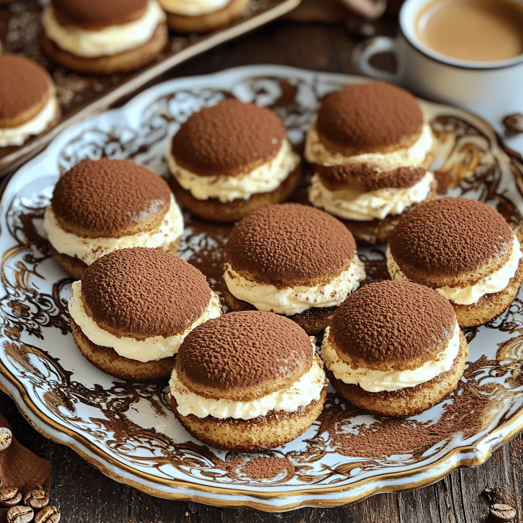 - 1 cup all-purpose flour - 1/2 cup cocoa powder - 1 teaspoon baking powder - 1/4 teaspoon salt - 1/2 cup unsalted butter, softened - 1 cup granulated sugar - 1/2 cup brown sugar, packed - 2 large eggs - 2 tablespoons strong brewed coffee, cooled - 1 teaspoon vanilla extract - 1 cup mascarpone cheese - 1/4 cup powdered sugar - Cocoa powder for dusting When you make tiramisu cookies, each ingredient plays a big role. The flour gives the cookies their structure. Cocoa powder adds rich chocolate flavor. Baking powder helps them rise, while salt enhances all the flavors. Butter is key to a soft, chewy texture. The mix of granulated and brown sugar gives sweetness and depth. Eggs bind everything together. Coffee brings that signature tiramisu taste. Vanilla adds warmth, and mascarpone cheese creates a creamy filling. Powdered sugar sweetens the mascarpone, and cocoa powder finishes the treat perfectly. - Alternative sweeteners: You can use honey or maple syrup if you want a healthier option. Just adjust the liquid in your recipe. - Substitutes for mascarpone cheese: If you cannot find mascarpone, cream cheese or ricotta can work in a pinch. Mix in a bit of cream for a smoother texture. - Gluten-free flour options: Look for a 1:1 gluten-free flour blend. It can replace regular flour directly in this recipe. For the full recipe, check out the details above. Enjoy baking these delicious tiramisu cookies! 1. Preheat your oven to 350°F (175°C). This makes sure your cookies bake evenly. 2. Line a baking sheet with parchment paper. This prevents the cookies from sticking. 3. In a medium bowl, combine the dry ingredients. Whisk together the flour, cocoa powder, baking powder, and salt. Set this bowl aside for now. 1. In a large mixing bowl, mix the softened butter with both sugars. Beat them together until creamy and fluffy. This should take about 3-4 minutes. 2. Next, add the eggs one at a time. Mix well after each egg. This helps the dough become smooth. 3. Now, add the cooled coffee and vanilla extract. Mix until all ingredients are combined well. 1. Gradually mix the dry ingredients into the wet mixture. Be careful not to over-mix. You want to keep the dough light and airy. 2. Spoon tablespoon-sized balls of the cookie dough onto the prepared baking sheet. Leave space between them to allow for spreading. 3. Bake in the preheated oven for 10-12 minutes. The edges should be firm while the centers stay slightly soft. 4. Let the cookies cool on the baking sheet for 5 minutes. After that, transfer them to wire racks to cool completely. For the full recipe and more details, you can refer to the [Full Recipe]. To keep your tiramisu cookies from spreading too much, use cold butter. Softened butter can make cookies runny. Chilling the dough also helps. I recommend chilling it for at least 30 minutes. This step makes the cookies thicker and gives them a nice shape. Adding a pinch of salt can balance the sweetness of your cookies. Salt brings out the rich flavors in chocolate and coffee. You might also want to experiment with different coffee flavors. Try using espresso or flavored coffee for a unique twist. Each type of coffee can change the taste slightly and add depth. Serving tiramisu cookies can be fun! Arrange them on a decorative plate for a lovely display. You can sprinkle cocoa powder around the cookies for an elegant touch. For a cozy vibe, serve with a small cup of espresso or coffee. This pairing adds to the tiramisu theme and makes the treat feel special. {{image_2}} You can easily change the flavor of your tiramisu cookies. Adding chocolate chips or nuts gives them a nice crunch. I love using dark chocolate chips for a rich taste. You can also add chopped walnuts or hazelnuts for a fun texture. Another way to mix things up is by using different extracts. For example, almond extract adds a lovely nutty flavor. You could even try orange or coconut extracts. These can make your cookies feel fresh and exciting. If you're looking for vegan options, you can swap out the butter and eggs. Use coconut oil instead of butter and flax eggs in place of regular eggs. This keeps the flavor while making it vegan. Want a low-sugar version? You can use natural sweeteners like stevia or monk fruit. These options help cut sugar while keeping the taste great. Seasonal spices can really jazz up your cookies. For fall, add cinnamon or nutmeg for a warm feel. In winter, a hint of peppermint can make them festive. For special occasions, think about themed cookies. You could shape them like hearts for Valentine’s Day or use festive colors for holidays. These little touches make your treats even more fun and memorable. Feel free to explore these variations to find your favorite take on tiramisu cookies. For the full recipe, check out the section above! To keep your tiramisu cookies fresh, follow these steps: - Cool Completely: Always let your cookies cool fully before storing. This helps prevent moisture. - Use an Airtight Container: Store cookies in an airtight container. This keeps them soft and chewy. - Layer with Parchment Paper: If you stack cookies, use parchment paper between layers. This avoids sticking. - Room Temperature Storage: Keep cookies at room temperature for up to five days. They taste best fresh! You can freeze your tiramisu cookies to enjoy later. Here’s how: - Freeze Before Baking: Scoop cookie dough onto a tray and freeze until firm. Then, transfer to a freezer bag. You can bake them fresh later! - Freeze After Baking: Once baked and cooled, wrap cookies tightly in plastic wrap. Place them in a freezer bag to prevent freezer burn. - Thawing Tips: To thaw, leave cookies at room temperature for about 30 minutes. This keeps their texture nice and soft. Avoid microwaving, as it can make them tough. Storing and freezing tiramisu cookies will give you delicious treats anytime you want! For the Full Recipe, check out the earlier section. How long do tiramisu cookies last? Tiramisu cookies stay fresh for about five days at room temperature. Keep them in an airtight container. For longer storage, place them in the fridge for up to a week. This helps maintain the rich flavors and soft texture. Can I make tiramisu cookies in advance? Yes, you can make tiramisu cookies ahead of time. Bake them and store them in an airtight container. You can also prepare the cookie dough and refrigerate it for up to three days before baking. This gives you tasty cookies ready when you need them. Why did my cookies come out flat? Flat cookies often happen due to too much butter or not enough flour. Make sure to measure your ingredients correctly. Chilling the dough for about 30 minutes can also help them hold their shape better while baking. How to fix dry or crumbly cookies? If your cookies are dry, they might have too much flour. Adding a small amount of milk or melted butter can help. Mix carefully until the dough is soft but not sticky. This should give you a better texture. What to pair with tiramisu cookies? Tiramisu cookies pair wonderfully with coffee or espresso. Serve them alongside a rich cup of your favorite brew. You can also enjoy them with milk or a scoop of vanilla ice cream for extra delight. Can I use tiramisu cookies in other desserts? Absolutely! You can crumble tiramisu cookies and use them as a layer in parfaits. They also make a great topping for ice cream or a base for a no-bake cheesecake. The flavor adds a lovely twist to any dessert. This article covered delicious tiramisu cookie recipes and helpful tips. We explored key ingredients and effective substitutions. You learned essential steps to mix, bake, and present your cookies. Remember to chill your dough and experiment with flavors for the best results. Store your cookies well to keep them fresh and learn how to troubleshoot common baking issues. With these tips, you can make fantastic tiramisu cookies for any occasion. Enjoy the baking process and delight in your tasty creations!