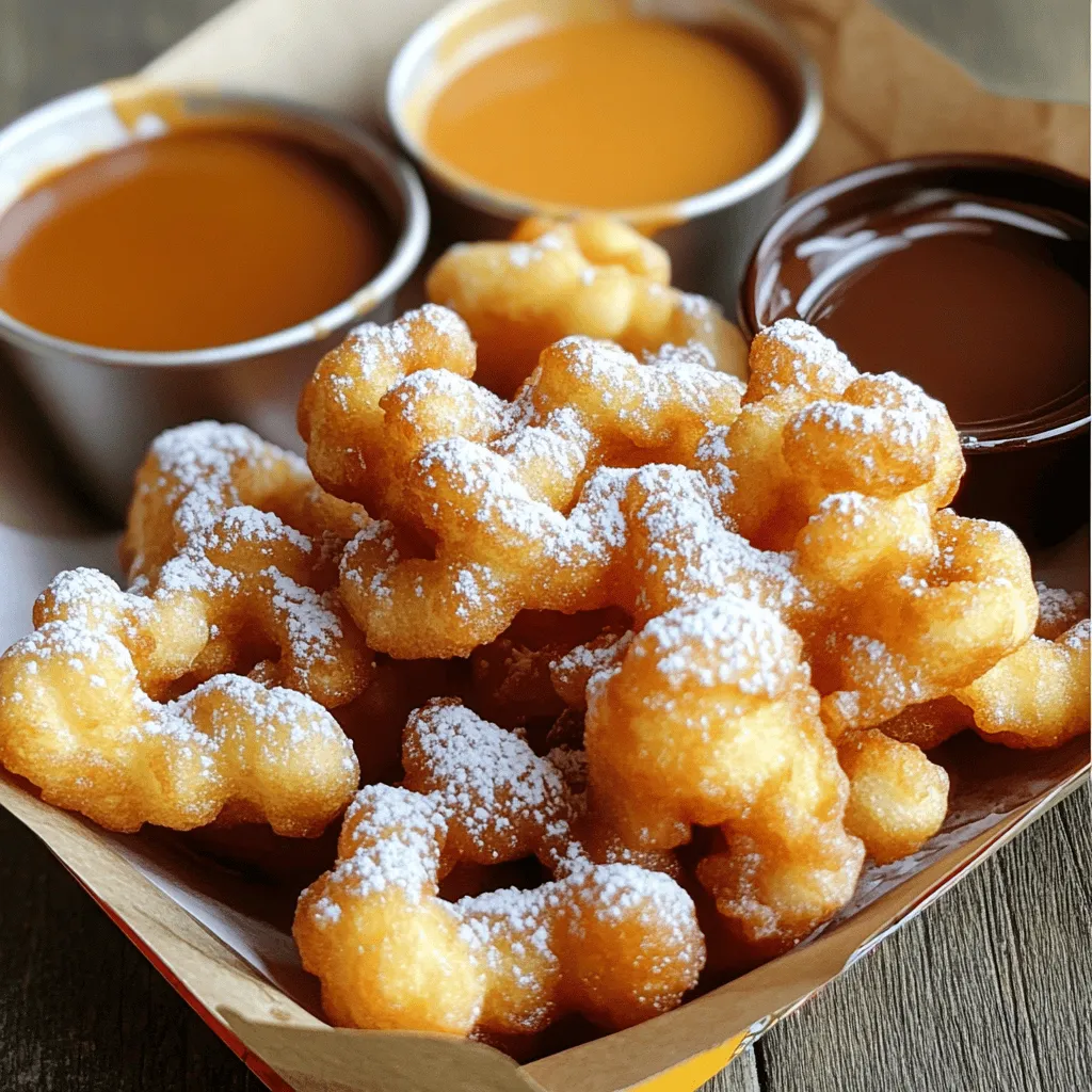 To make tasty funnel cake bites, you need a few key items. Here’s what to gather: - 1 cup all-purpose flour - 1 tablespoon sugar - ½ teaspoon baking powder - ¼ teaspoon salt - 1 large egg - 1 cup milk - 1 teaspoon vanilla extract - ½ teaspoon cinnamon (optional) - Vegetable oil, for frying - Powdered sugar, for dusting These ingredients come together to create a sweet and crispy treat. The flour gives the structure, while the egg and milk add richness. Sugar brings sweetness, and a hint of vanilla adds flavor. You can easily take your funnel cake bites up a notch! Add these enhancements for extra flavor: - ½ teaspoon almond extract - 1 tablespoon cocoa powder for a chocolate twist - A pinch of nutmeg for a warm spice These options let you customize your bites. Experiment and find your favorite blend! Toppings make funnel cake bites even better. Here are some fun ideas: - Dust with powdered sugar for classic sweetness - Drizzle chocolate syrup for a rich treat - Add fresh fruit like strawberries or bananas - Serve with whipped cream for a delightful touch These toppings can change each bite. Try different combos to find what you love most! For the full recipe, refer to the earlier section. First, gather your ingredients. This includes flour, sugar, baking powder, salt, egg, milk, vanilla, and oil. You will also need powdered sugar for dusting. Start by mixing the dry ingredients in one bowl. In another bowl, whisk the egg, then add milk and vanilla. Combine both mixtures until smooth. To get the right batter, avoid over-mixing. You want it smooth but still thick. If you want extra flavor, add cinnamon. This spice adds warmth to each bite. You can also adjust the sugar to your taste. A little more sugar makes it sweeter! Heat your oil to 350°F (175°C). Use enough oil so the bites can float. Grab a piping bag or a squeeze bottle filled with the batter. Squeeze the batter into the hot oil in fun shapes. Cook for 2-3 minutes until golden brown. Use a slotted spoon to lift them out. Let them drain on paper towels. Finally, dust with powdered sugar for sweetness. Enjoy your delicious funnel cake bites! For the full recipe, check the earlier section. When making funnel cake bites, pay attention to the batter. A common mistake is over-mixing. This can make your bites tough instead of light. Mix until just smooth. Another mistake is frying at the wrong temperature. If the oil is too cool, the bites soak up oil. If it's too hot, they burn quickly. Aim for 350°F (175°C) for perfect frying. To cook funnel cake bites evenly, use a thermometer. This helps you know the oil is the right temperature. Squeeze out the batter in small circles, about 2-3 inches wide. This size cooks well and stays crisp. Make sure not to crowd the pan. Fry in batches to give each bite space. This ensures they cook evenly and become golden. You can enhance your funnel cake bites in many ways. Try adding cinnamon to the batter for a warm spice flavor. Vanilla extract adds a nice touch, too. You can also mix in some cocoa powder or lemon zest for a twist. For texture, consider frying in a mixture of oils. A blend of vegetable and coconut oil can add a unique flavor. Dipping sauces like chocolate or caramel can take your bites to the next level. Dust with powdered sugar right before serving for a sweet finish. For the Full Recipe, check out the earlier section. {{image_2}} You can change up the flavors in funnel cake bites. Try adding lemon zest for a zesty twist. A touch of cocoa powder gives a rich chocolate flavor. Mix in pumpkin spice for a warm fall treat. You can also add almond extract for a nutty note. Each variation brings its own charm to these treats. If you need gluten-free options, use a gluten-free flour blend. For a vegan version, replace the egg with a flax egg. To make a flax egg, mix one tablespoon of flaxseed meal with three tablespoons of water. Let it sit for five minutes to thicken. Use plant-based milk, like almond or soy, in place of regular milk. The toppings can really make your funnel cake bites shine. Use classic powdered sugar for a sweet touch. Drizzle chocolate or caramel sauce for extra richness. Fresh fruits like strawberries or blueberries add freshness. You can also try whipped cream or a scoop of ice cream. Don't forget to sprinkle chopped nuts for crunch. To keep your funnel cake bites fresh, store them in an airtight container. Line the bottom with paper towels to absorb moisture. Place a layer of bites in the container, then add more paper towels between layers. This helps keep them crisp. When you want to enjoy leftover funnel cake bites, the best way to reheat them is in an oven. Preheat your oven to 350°F (175°C). Place the bites on a baking sheet and heat for about 5-7 minutes. This restores their crispiness and taste. Funnel cake bites stay tasty for about 2-3 days when stored properly. If you want them to last longer, you can freeze them. They will keep well in the freezer for about one month. Just make sure to thaw them before reheating. Yes, you can freeze Funnel Cake Bites. Let them cool first. Place them in a single layer on a baking sheet. Once frozen, move them to an airtight bag. They should last for about two months in the freezer. When ready to eat, just reheat them in the oven. The best oil for frying Funnel Cake Bites is vegetable oil. It has a high smoke point, making it great for frying. You can also use canola oil or peanut oil. Both oils work well and add a neutral flavor. Serving Funnel Cake Bites at a party is easy. Use small paper trays or cones for fun presentation. Dust them with powdered sugar right before serving. Provide dipping sauces like chocolate, caramel, or fruit sauce. This adds variety and excitement for guests. You can find pre-made Funnel Cake Bites at some grocery stores and food trucks. Check local fairs and festivals as well. If you want to try them at home, I recommend making them from scratch. It’s fun and rewarding! The Full Recipe for Funnel Cake Bites includes simple ingredients like flour, sugar, and milk. You can find the complete recipe above, along with easy steps to make these tasty treats. Making delicious funnel cake bites at home is simple and fun. We covered the key ingredients, from essentials to tasty toppings. I shared step-by-step instructions to help you master the batter and cook them crispy. With tips to avoid common mistakes, you can elevate your bites easily. We explored unique flavor combos and options for everyone. Lastly, I shared how to store and reheat them for later enjoyment. Enjoy the sweetness and joy of funnel cake bites with your loved ones. They’ll be a hit every time!