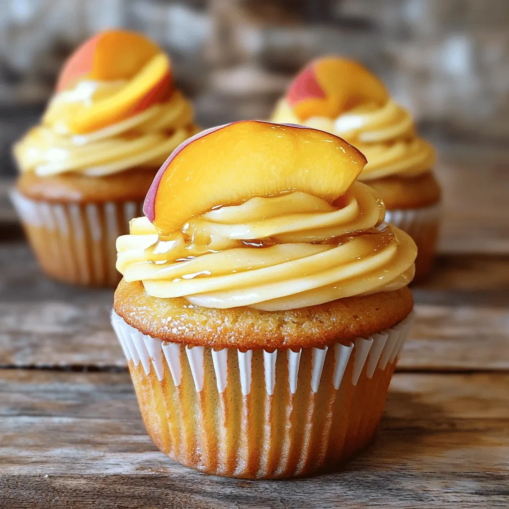 These cupcakes need fresh flavors. Here’s what you will need: - 1 ½ cups all-purpose flour - 1 cup granulated sugar - ½ teaspoon baking powder - ½ teaspoon baking soda - ¼ teaspoon salt - ½ cup unsalted butter, softened - 2 large eggs - 1 teaspoon vanilla extract - ½ cup sour cream - 1 cup fresh peaches, diced - 4 oz cream cheese, softened - ⅓ cup honey - 1 teaspoon ground cinnamon Each ingredient plays a role. The flour gives structure. The sugar adds sweetness. Butter brings moisture and richness. Eggs help bind everything together. The peaches provide a juicy burst. If you need to change some ingredients, here are some ideas: - Use whole wheat flour for a healthier choice. - Swap granulated sugar for brown sugar for a richer taste. - You can use Greek yogurt instead of sour cream. - If you do not have fresh peaches, canned peaches work too. Make sure to adjust the amounts if you change any item. The texture might change, but the taste will still be delightful. To make your cupcakes even more special, consider these garnishes: - A slice of fresh peach on top. - A drizzle of honey for extra sweetness. - A sprinkle of ground cinnamon for a warm spice note. These small touches add beauty and flavor. They make your Honey Peach Cream Cheese Cupcakes shine even more. Enjoy every bite! For the full recipe, check the details above. First, preheat your oven to 350°F (175°C). This step is key for even baking. Next, take a 12-cup muffin tin and line it with cupcake liners. This makes for easy removal and clean-up after baking. In a large mixing bowl, combine the dry ingredients. Whisk together 1 ½ cups of all-purpose flour, ½ teaspoon baking powder, ½ teaspoon baking soda, and ¼ teaspoon salt. This mix gives the cupcakes their structure. Set this bowl aside for later use. Now, take another bowl for the wet ingredients. Start by creaming ½ cup of softened butter and 1 cup of granulated sugar. Use an electric mixer on medium speed. Mix for about 3-4 minutes until the mixture looks light and fluffy. This step adds air, which helps make the cupcakes rise. Next, add 2 large eggs, one at a time, mixing well after each. Then, mix in 1 teaspoon of vanilla extract and ½ cup of sour cream. Blend until smooth. Gradually add the dry mix to the wet mix. Stir until just combined. Be careful not to over-mix; this keeps the cupcakes light. Gently fold in 1 cup of diced peaches and a sprinkle of 1 teaspoon ground cinnamon. Use a spatula to make sure they are even. Fill each cupcake liner about 2/3 full with the batter. Bake in the preheated oven for 18-20 minutes. To check if they are done, insert a toothpick in the center. It should come out clean. Once baked, let them cool before adding frosting. For the full recipe, check below. To make your cupcakes light and fluffy, start with room temperature butter and eggs. This helps them blend well. When you cream the butter and sugar, mix until it is pale and fluffy. This can take about 3-4 minutes. Avoid over-mixing the batter after adding flour. Just mix until everything is combined. This keeps the cupcakes tender. When adding peaches, be gentle. Use a spatula to fold them in. This keeps the peaches from breaking apart. If you want a peachy surprise in every bite, make sure they are evenly spread. Don't stir too hard; you want to keep that fluffy batter intact. For the frosting, use softened cream cheese. This makes it smooth and easy to spread. Mix the cream cheese and honey until creamy. If you want a thicker frosting, add more cream cheese. For a fun twist, add a pinch of cinnamon to the mix. It pairs well with the peach flavor. Once the cupcakes cool, frost them generously. You can use a piping bag for a fancy look. For the best taste, frost just before serving. Check out the Full Recipe for more tips! {{image_2}} You can add fun flavors to your cupcakes. Nuts like walnuts or pecans bring a nice crunch. Spices like nutmeg or ginger can add warmth and depth. Try mixing in chocolate chips for a sweet twist. Each addition can change the flavor and texture. Experiment until you find your favorite combo! The honey cream cheese frosting is tasty, but feel free to mix it up. Whipped cream gives a light, airy touch. You can also use flavored creams, like vanilla or almond, to enhance the taste. For a fruity twist, try adding peach puree to your frosting. Each option opens up new flavor paths. You can make these cupcakes fit different diets. For gluten-free cupcakes, swap all-purpose flour with a gluten-free blend. Make sure the blend has a good structure for baking. If you need a vegan option, replace eggs with flax eggs or applesauce. Use vegan butter and cream cheese for the frosting. These tweaks keep flavor while meeting your needs. For the Full Recipe, check out the steps to make these delightful treats! To keep your leftover Honey Peach Cream Cheese Cupcakes fresh, store them in an airtight container. This helps lock in moisture. You can keep them at room temperature for one day. If you need more time, place them in the fridge for up to five days. Just remember, the frosting may firm up in the fridge. If you have extra cupcakes, freezing is a great option. First, let the cupcakes cool completely. Then, wrap each cupcake tightly in plastic wrap. Place them in a freezer-safe bag or container. You can freeze them for up to three months. To enjoy, thaw them overnight in the fridge before serving. Frosted cupcakes need special care. To keep your frosted Honey Peach Cream Cheese Cupcakes fresh, store them in the fridge. Use an airtight container to avoid drying. If you want to freeze frosted cupcakes, place them in the freezer for a few hours until the frosting sets. After that, wrap them carefully, as mentioned above. This way, your cupcakes stay tasty and pretty! To make your cupcakes sweeter, you can add more honey or sugar. Try using 1/3 cup of honey in the cream cheese frosting. You can also sprinkle extra sugar on top, right before baking. This extra touch caramelizes and gives a nice crunch. Yes, you can use canned peaches. Just make sure to drain them well. Canned peaches can be softer, so chop them into small pieces. This will help them blend in better with the batter. Fresh peaches do have a brighter flavor, so keep that in mind. For decoration, pipe the honey cream cheese frosting high on each cupcake. You can add a slice of fresh peach on top. A drizzle of honey adds shine and taste. For a fun touch, sprinkle some cinnamon on top for warmth and flavor. These cupcakes stay fresh for about 3 to 4 days in the fridge. Keep them in an airtight container to keep them moist. If you want to keep them longer, you can freeze them. Just place them in a freezer-safe container or wrap them well. For the full recipe, check out the ingredients and instructions above. It’s simple and fun to make! You learned how to make Honey Peach Cream Cheese Cupcakes. We covered ingredients, measurements, and tips for baking. I shared ways to store your treats and answered some common questions. These cupcakes are delicious and versatile. You can mix flavors and adjust for dietary needs. With practice, you'll perfect this sweet treat. Enjoy baking, and share them with friends!
