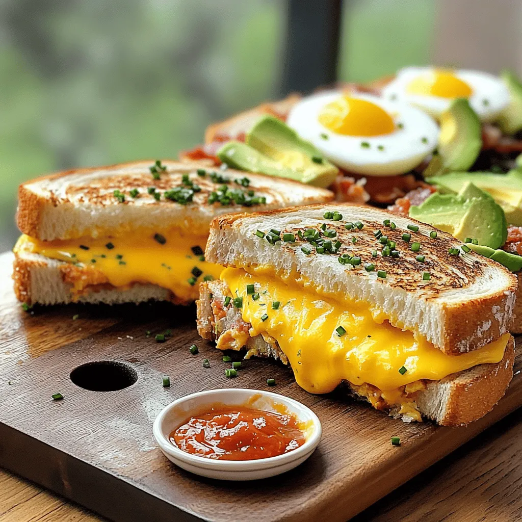 - 4 slices of sourdough bread - 2 tablespoons butter, softened - 4 slices of cheddar cheese - 2 slices of cooked turkey bacon (or vegetarian bacon) - 2 eggs - ½ avocado, sliced - Salt and pepper to taste - Fresh chives, chopped (for garnish) I choose sourdough bread for its tangy flavor and crisp texture. It holds up well when grilled, creating a nice crunch. Cheddar cheese adds a rich, creamy taste that melts beautifully. Turkey bacon gives a savory touch without being too heavy. For a vegetarian option, use plant-based bacon. Eggs provide protein and a silky texture, while avocado brings creaminess and healthy fats. Fresh chives add color and a mild onion flavor, making the dish pop. For bread, I recommend a good artisan sourdough. Look for one with a thick crust and airy inside. For cheese, go for sharp cheddar, as it has a stronger flavor. When it comes to bacon, choose brands with natural ingredients. If you pick turkey bacon, look for ones that are lower in sodium. Fresh chives should be vibrant and crisp. This attention to quality makes your breakfast grilled cheese taste even better. To make the ultimate breakfast grilled cheese, follow these easy steps: 1. Fry the Eggs: Start by frying two eggs sunny-side up in a non-stick skillet over medium heat. Use salt and pepper to season. Cook until the whites are set but the yolks are still runny. Remove the eggs and set them aside. 2. Cook the Bacon: In the same skillet, add two slices of turkey bacon. Fry them until crispy, about 2-3 minutes on each side. Remove them and set aside. 3. Butter the Bread: Take four slices of sourdough bread. Spread softened butter on one side of each slice. 4. Heat the Skillet: Place a large skillet over medium-low heat. Put two slices of the buttered bread, buttered-side down, into the skillet. 5. Layer the Ingredients: On the bread in the skillet, add two slices of cheddar cheese. Then, place the crispy turkey bacon on top. Next, add the fried eggs and sliced avocado. Finish with two more slices of cheddar cheese. 6. Top with Bread: Carefully place the other two slices of sourdough bread on top, buttered-side up. 7. Cook the Sandwiches: Cook for 3-4 minutes. The bottom should turn golden brown, and the cheese should start to melt. Use a spatula to flip the sandwiches and cook the other side for another 3-4 minutes until golden and the cheese is fully melted. 8. Serve and Enjoy: Remove the sandwiches from the skillet and let them cool for a minute. Cut them in half and sprinkle with chopped chives for a fresh touch. - Frying Eggs: Use medium heat. This helps to set the whites without overcooking the yolks. Keep an eye on them to achieve the perfect runny yolk. - Toasting Bread: Medium-low heat works best for a perfect grilled cheese. It allows the bread to toast evenly while the cheese melts. - Eggs: Look for whites that are fully cooked but still tender. The yolk should be bright and runny. - Bread: A golden brown color on both sides means your grilled cheese is ready. You should see melted cheese oozing out when you cut into it. These steps ensure you create a delicious and satisfying meal. You can find the full recipe for the Ultimate Breakfast Grilled Cheese in the recipe section above. Enjoy your cooking! To make your breakfast grilled cheese truly great, follow these tips: - Use fresh ingredients: Fresh sourdough and cheese melt better. - Butter both sides: Spread butter on the outside of the bread for a golden crust. - Low heat is key: Cooking on medium-low heat melts cheese without burning the bread. - Cover the skillet: A lid traps heat and helps melt the cheese faster. - Layer wisely: Place cheese on both sides of the filling for extra gooeyness. Having the right tools makes cooking easier and more fun. Here are some must-haves: - Non-stick skillet: This helps prevent sticking and ensures even cooking. - Spatula: Use a sturdy spatula for flipping without damaging the sandwich. - Sharp knife: A sharp knife makes cutting the sandwich easy and neat. - Measuring spoons: These help with butter and seasoning for perfect flavor. Avoid these common pitfalls for the best results: - Too high heat: This can burn the bread before the cheese melts. - Skipping seasoning: A pinch of salt and pepper makes a big difference. - Overstuffing: Too many fillings make it hard to cook evenly and can lead to spills. - Not letting it rest: Allow the grilled cheese to cool for a minute before cutting. This helps the cheese set. For a detailed recipe, refer to the Full Recipe section above. {{image_2}} You can really have fun with your breakfast grilled cheese. Instead of sourdough, try using whole wheat or rye bread. This can change the flavor and texture. You can also swap the cheese. Try using gouda or pepper jack for a kick. Want something sweet? Add a layer of apple slices for a fruity twist. If you follow a special diet, there are easy swaps. For gluten-free options, choose gluten-free bread. This way, you can still enjoy the grilled cheese. If you want to go dairy-free, use vegan cheese. There are many brands that melt well. For a meat-free option, use tofu or tempeh instead of bacon. Experimenting with herbs and spices can change your grilled cheese game. Add a sprinkle of garlic powder or paprika for extra flavor. Fresh herbs like basil or parsley can also add freshness. Mix cheeses for a creamy bite. Combine mozzarella with cheddar for a rich taste. Don't be afraid to try new things. Each new combo can lead to a new favorite dish! For the full recipe, check out the Ultimate Breakfast Grilled Cheese. After enjoying your Ultimate Breakfast Grilled Cheese, you may have leftovers. To keep them fresh, let the sandwiches cool to room temperature. Once cooled, wrap them in plastic wrap or place them in an airtight container. This keeps moisture in and prevents them from drying out. Store them in the fridge for up to three days for the best taste. To reheat your breakfast grilled cheese, you have a few options. The best method is to use a skillet. Heat a non-stick skillet over low heat. Place the sandwich in the skillet and cover it with a lid. This helps the cheese melt without burning the bread. Heat for about 5-7 minutes, flipping halfway through. You can also use a toaster oven set to 350°F (175°C) for about 10 minutes. This method keeps the sandwich crispy and warm. If you want to save your breakfast grilled cheese for later, freezing is a great option. Wrap each sandwich tightly in plastic wrap, then place them in a freezer-safe bag. This prevents freezer burn. You can freeze them for up to one month. When you’re ready to eat, thaw in the fridge overnight. Then, follow the reheating steps to enjoy them as if they were fresh. You can easily swap out the turkey bacon for vegetarian bacon. Use any plant-based option you like. You can also add extra veggies, like spinach or mushrooms. Grilled peppers or zucchini add great flavor. Just make sure to keep the cheese for that melty goodness. This grilled cheese pairs well with many sides. You can serve it with fresh fruit, like berries or sliced apples. A simple side salad works great too. Many enjoy a hot cup of tomato soup or marinara sauce for dipping. The mix of flavors is a hit! Yes, you can prep some ingredients ahead of time. You can cook the eggs and bacon the night before. Just store them in the fridge. You can also slice the avocado and cheese early. When you're ready, assemble and cook for a fresh meal! Check out the Full Recipe for more details. In this blog post, we explored the ultimate breakfast grilled cheese, from choosing top ingredients to cooking tips. I shared the importance of brands and quality while highlighting techniques for the right texture. You learned creative twists and common mistakes to avoid. This tasty dish is versatile, allowing for dietary swaps and flavor experiments. Now you have the tools to create a perfect breakfast grilled cheese that satisfies any craving. Enjoy making your own delicious versions at home!