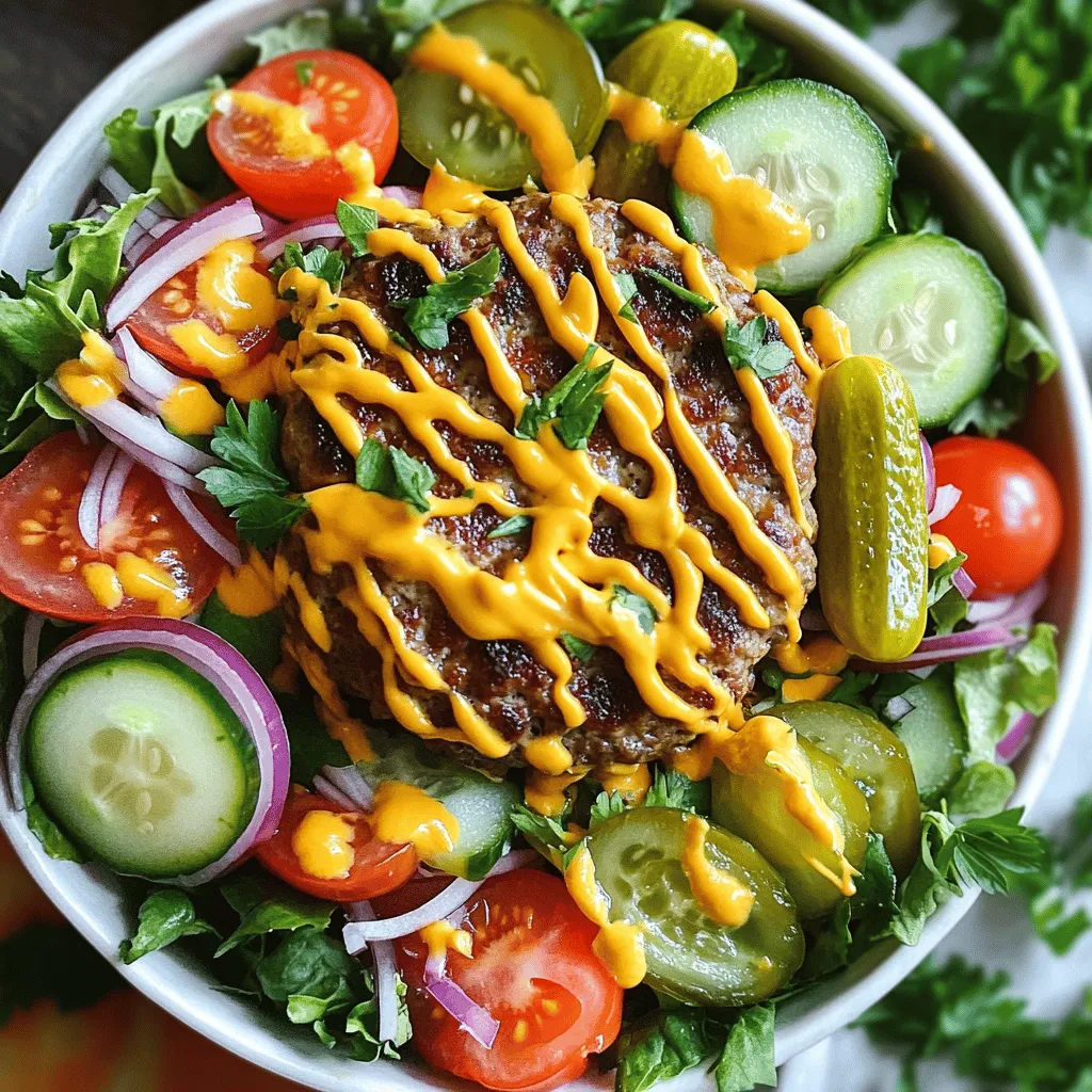 To make tasty burger bowls, gather these key items: - 1 lb ground beef (or plant-based alternative) - 1 teaspoon garlic powder - 1 teaspoon onion powder - 1 teaspoon smoked paprika - Salt and pepper to taste - 4 cups lettuce (mixed greens or your choice) - 1 cup cherry tomatoes, halved - 1 cucumber, sliced - 1/4 cup red onion, thinly sliced - 1 cup shredded cheese (cheddar or your favorite) - 1/2 cup pickles, sliced - 1/4 cup burger sauce or mayonnaise - 2 tablespoons mustard (optional) - Fresh parsley or chives for garnish These ingredients create a fun and colorful meal. The ground beef or plant-based option gives great flavor. The spices like garlic powder and smoked paprika add a nice touch. Fresh veggies keep it crisp and healthy. You can change your burger bowl with these optional items: - Avocado slices for creaminess - Jalapeños for a spicy kick - Corn for sweetness and crunch - Quinoa or rice for extra carbs - Different sauces like BBQ or ranch Feel free to mix and match these options. They let you create a burger bowl that fits your taste. Each serving of these burger bowls is packed with nutrients. Here's a quick look at what you get: - Protein: About 25-30 grams from meat or plant-based sources - Carbs: Around 10-15 grams from veggies - Fats: Approximately 15-20 grams, depending on cheese and sauces - Fiber: 2-4 grams from greens and veggies These bowls offer a balance of protein, fats, and carbs. They keep you full and satisfied while being delicious. For the full recipe, check the section above. Start by mixing the ground beef with seasonings. In a bowl, add garlic powder, onion powder, smoked paprika, salt, and pepper to the meat. Use clean hands to blend everything well. This step is key for flavor. Next, heat a pan over medium-high heat. Shape the beef mixture into patties, making them about the size of your palm. Cook the patties for about 4-5 minutes on each side. Look for a nice brown color. If you use a plant-based option, follow the cooking instructions on the package. While the patties cook, prepare the base of the bowl. Start with a layer of mixed greens at the bottom. You can use lettuce, spinach, or any greens you like. When the patties are done, place them on top of the greens. Then, add colorful toppings around the burger. Scatter halved cherry tomatoes, sliced cucumber, and thinly sliced red onion. Next, sprinkle shredded cheese and add pickles for crunch. Drizzle your burger sauce or mayonnaise over the top. If you love mustard, add that too. Finally, for a fresh look, chop some parsley or chives and sprinkle them on top. Serve each burger bowl in a deep dish. This way, the layers stay neat and pretty. Arrange the toppings artfully around the burger patty. A vibrant mix of colors makes the dish pop. You can also pair your burger bowl with crispy fries or a side salad. This adds extra texture and flavor. For a fun twist, offer a variety of sauces on the side. For the full recipe, check out the earlier section. Enjoy your tasty and colorful burger bowls! Start with good ground beef. Choose 80/20 beef for juicy patties. If you prefer plant-based, pick a brand that you love. Mix the meat gently with seasonings. Too much mixing makes tough patties. Form patties about ¾ inch thick. This size cooks evenly. Cook on medium-high heat for 4-5 minutes per side. Look for a nice brown crust. Always check for doneness. Use a meat thermometer; 160°F is safe for beef. Use a deep bowl to arrange your burger bowl. Begin with a base of mixed greens. This adds crunch and color. Place the burger patty in the center. Next, add toppings around the patty. Use bright colors like red tomatoes and green cucumbers. For a final touch, drizzle sauce over the top. Fresh herbs like parsley or chives make it pop. A well-arranged bowl looks appetizing and fun. Store your ingredients properly. Keep fresh veggies in the fridge. Use airtight containers for leftovers. If you prep ahead, cut veggies the day you use them. This keeps them crunchy. When assembling your bowl, add dressings last. This prevents sogginess and keeps flavors bright. If you use pickles, drain them well. They add flavor without extra moisture. Enjoy your burger bowl fresh for the best taste! {{image_2}} You can make tasty burger bowls without meat. Use a plant-based ground meat for a vegan option. You can also use black beans or lentils. These ingredients add protein and flavor. For the patty, mix mashed beans with spices. Then, cook them just like meat patties. This keeps the burger bowl hearty and filling. Toppings change the flavor of your burger bowl. Try avocado slices for creaminess. You can add crispy bacon bits for a salty crunch. Swap the cheese for a vegan option if you prefer. Don't forget about sauces! You can use BBQ sauce, ranch dressing, or even a spicy aioli. These choices make each bowl unique and fun. Seasonal ingredients bring fresh flavors to your burger bowls. In summer, add fresh corn and diced peppers. In fall, roasted sweet potatoes or butternut squash work great. For winter, use hearty greens like kale or Brussels sprouts. Each season offers a chance to try new tastes and keep things exciting. I often have leftover burger bowls after dinner. To keep them fresh, first store them in an airtight container. Make sure to separate the toppings and the beef patty. This way, the greens stay crisp. You can enjoy stored burger bowls within three days. If you want to keep them longer, consider freezing. Freezing burger bowls is a great way to save time. Start by making the beef patties and letting them cool. Place each patty in a freezer bag. Remove as much air as possible to avoid freezer burn. You can also freeze the vegetables, but they may lose some crunch. If you choose to freeze, use within three months for the best taste. Reheating burger bowls is simple. If you stored them in the fridge, just pop them in the microwave. Heat on medium for about two to three minutes. If frozen, allow them to thaw overnight in the fridge. Then, reheat in the microwave or on the stove until hot. Enjoy your meal without losing flavor! For a complete guide, check the Full Recipe. To make burger bowls from scratch, start with the beef. You can use ground beef or a plant-based option. Mix the beef with garlic powder, onion powder, smoked paprika, salt, and pepper. Shape the mixture into patties and cook them on a pan for about 4-5 minutes on each side. While cooking, prepare the base with greens in a bowl. Once the patties are ready, place them on the greens. Add toppings like tomatoes, cucumbers, onions, cheese, and pickles. Drizzle with burger sauce or mayonnaise. For the full recipe, check above. The best burger bowl toppings can vary by taste. I love using halved cherry tomatoes, sliced cucumbers, and thinly sliced red onions. Shredded cheese adds creaminess, while pickles bring a nice crunch. For extra flavor, add burger sauce or mayonnaise. You can also include mustard or fresh herbs like parsley or chives for a pop of color. You can find ready-made burger bowls at many grocery stores. Look in the deli section or the prepared meals area. Some restaurants and cafes also offer burger bowls. Check local meal prep services or delivery apps for more options. Ready-made bowls save time and make meal prep easy. To sum up, burger bowls are simple and fun to make. You can customize your ingredients or follow our steps for best results. Remember to keep them fresh and present them well. Explore the many variations out there, from vegetarian options to seasonal toppings. With smart storage, you can enjoy leftovers easily. I hope this guide helps you create delicious burger bowls and inspires your meals. Enjoy your cooking and eating adventure!