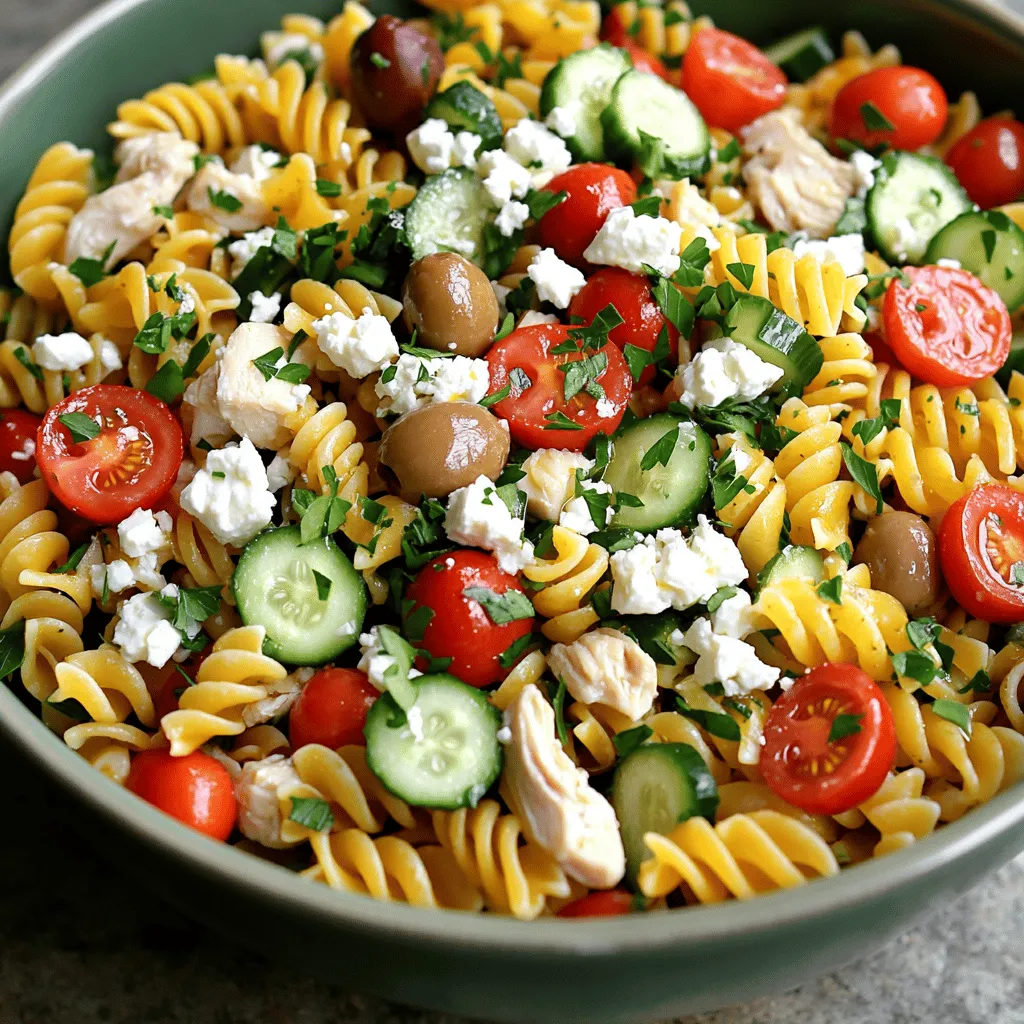 - 2 cups rotini pasta - 1 pound cooked chicken breast, diced - 1 cup cherry tomatoes, halved - 1 cup cucumber, diced - 1/2 cup Kalamata olives, pitted and sliced - 1/2 cup feta cheese, crumbled - 1/4 cup red onion, finely chopped - 1/4 cup fresh parsley, chopped - 1/4 cup olive oil - 3 tablespoons lemon juice - 1 teaspoon dried oregano - Salt and pepper, to taste When I make Mediterranean chicken pasta salad, I love the bright flavors. Each ingredient adds a unique taste that makes this dish special. For the pasta, I choose rotini. It holds the dressing well and adds a fun twist. The cooked chicken breast is easy to find. You can use leftover chicken or buy pre-cooked. It saves time and makes meal prep simple. Cherry tomatoes burst with sweetness. Their vibrant color brightens the dish. Cucumbers add a crisp and cool bite. Kalamata olives bring a rich, briny flavor. I love the creamy feta cheese. It melts slightly into the warm pasta, creating a delicious blend. Red onion gives a slight crunch and a bit of spice. Fresh parsley adds more than color; it brings freshness. For the dressing, I mix olive oil with lemon juice and oregano. This combination is zesty and uplifting. The salt and pepper balance all the flavors. - Extra feta cheese - Fresh parsley - Olive oil drizzle To make the dish even prettier, I add optional garnishes. A sprinkle of extra feta and a drizzle of olive oil look beautiful. Fresh parsley on top adds a bright green touch. These little changes make the salad pop. For the complete list of instructions and tips, refer to the Full Recipe. - Bring salted water to a boil. - Cook rotini pasta until al dente. Start by boiling a large pot of water. Add a good amount of salt. This helps the pasta gain flavor. Once the water is boiling, add the rotini pasta. Stir it well to prevent sticking. Cook according to package instructions, usually around 8 to 10 minutes. You want it firm but tender, so check for al dente. When done, drain the pasta and rinse it under cold water. This stops the cooking process and cools it down. Set the pasta aside for later. - Combine chicken and vegetables. - Mix dressing ingredients. In a big mixing bowl, combine the diced cooked chicken, halved cherry tomatoes, diced cucumber, sliced Kalamata olives, crumbled feta cheese, chopped red onion, and parsley. This mix brings bright colors and flavors together. In a separate small bowl, whisk together olive oil, lemon juice, dried oregano, salt, and pepper. This dressing adds zest to the salad. Make sure it blends well for the best taste. - Combine pasta with chicken mixture. - Toss with the dressing until well coated. Now, add the cooled pasta to the chicken and vegetable mix. Pour the dressing over everything. Gently toss all the ingredients together. You want each piece to be coated with the dressing. This step makes the salad flavorful and fresh. Taste the salad and adjust the seasoning if needed. For a chilled dish, let it sit in the fridge for at least 30 minutes before serving. Enjoy your Mediterranean Chicken Pasta Salad! To prevent pasta from sticking, use enough water. A good rule is to boil at least 4 quarts of water for every pound of pasta. Add salt once it boils. This not only adds flavor but helps keep pasta separate. Stir the pasta often for the first couple of minutes. This helps keep it from clumping together. Rinse the cooked pasta in cold water. This stops the cooking process and cools it down for your salad. For seasoning, taste as you go. Start with a pinch of salt and pepper. You can always add more later. Fresh herbs pack a punch. Use parsley, basil, or oregano to brighten your dish. When making the dressing, whisk well. This helps blend the flavors. You want a good balance of acid and oil. Lemon juice brightens the salad, so don’t skip it! If you want chicken alternatives, try grilled shrimp or turkey. Both add great flavor and protein. You can also use rotisserie chicken for a quick option. If you prefer a vegetarian dish, chickpeas or white beans work well. They add protein and texture. Use any beans you have on hand. Black beans or cannellini beans are great choices too. For a beautiful presentation, serve in a large, shallow bowl. Garnish with extra parsley and feta cheese. A drizzle of olive oil on top adds shine and flavor. You can also add lemon slices for a pop of color. For side dishes, crusty bread pairs well. A light green salad or grilled vegetables complement the pasta salad nicely. Enjoy your meal with a glass of crisp white wine for a full Mediterranean experience. {{image_2}} You can enhance your Mediterranean chicken pasta salad with some tasty ingredients. - Sun-dried tomatoes add a sweet and tangy flavor. They work well with the chicken and olives. Chop them into small pieces and mix them in for a burst of taste. - Artichoke hearts bring a unique, slightly nutty flavor. Use canned or jarred artichokes for ease. Simply cut them into quarters and fold them in. If you want to make this dish healthier, consider these swaps. - Whole grain pasta provides more fiber and nutrients. It helps keep you full longer. Cook it the same way as regular pasta for great results. - Low-fat dressing options can cut calories without losing flavor. Look for yogurt-based dressings or make your own with lemon juice and herbs. You can change this salad with the seasons. - In summer, add grilled vegetables like zucchini or bell peppers. They add a nice smoky taste. Just toss them on the grill, chop, and mix into your salad. - For a fall twist, try adding roasted squash. It gives a sweet and rich flavor. Roast it until tender, then cut it into cubes for your salad. Feel free to get creative and make this salad your own! The full recipe will guide you through all the steps. To keep your Mediterranean chicken pasta salad fresh, store leftovers in the fridge. Place the salad in an airtight container. This helps keep it moist and flavorful. If you have a large batch, divide it into smaller portions. This way, you can enjoy it over several days. Aim to eat leftovers within three to four days for the best taste and safety. You can freeze this pasta salad, but it may change texture. If you choose to freeze it, use freezer-safe containers. Avoid using glass, as it can crack. Before freezing, remove any fresh ingredients like tomatoes and cucumbers. These do not freeze well. To thaw, place the salad in the fridge overnight. This helps maintain its flavor. Enjoy your Mediterranean chicken pasta salad at its best by following these simple steps. For the full recipe, check the Mediterranean Chicken Pasta Salad. You can make Mediterranean Chicken Pasta Salad a day before. Just follow the full recipe. After mixing, cover it and store in the fridge. This allows flavors to blend well. When ready to serve, give it a quick toss for freshness. Yes, you can serve this salad warm. Just skip the chilling step after mixing. Warm pasta can be tasty too. However, I suggest serving it cold for the best flavor. The fresh veggies will crunch better chilled. To make it more filling, try adding chickpeas or quinoa. These add protein and fiber. You can also include roasted red peppers or artichoke hearts. These add flavor and texture. Nuts like pine nuts or walnuts can also boost the dish. Absolutely, this recipe is great for meal prep! It stays fresh for several days in the fridge. Just store it in an airtight container. You can grab it for lunch or dinner all week long. - Refer to the Mediterranean Chicken Pasta Salad for the complete list of instructions and tips. This article shared a simple Mediterranean Chicken Pasta Salad recipe. You learned about key ingredients, cooking steps, and helpful tips. Remember, you can customize this dish using different vegetables or proteins. It’s a great option for meal prep or sharing at gatherings. Enjoy storing, serving, and savoring this tasty salad. You’ll find it easy to make and perfect for any meal!