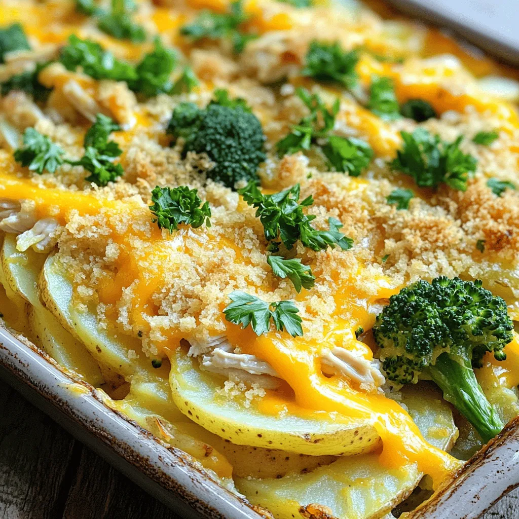 - 2 cups cooked chicken, shredded - 2 large potatoes, thinly sliced - 2 cups broccoli florets - 1 cup shredded cheddar cheese - 1 cup milk - 1 cup chicken broth - 1 small onion, diced - 2 cloves garlic, minced - 2 tablespoons olive oil - 1 teaspoon dried thyme - 1 teaspoon paprika - Salt and pepper to taste These main ingredients form the heart of your Chicken Potato Broccoli Casserole. The cooked chicken offers a rich flavor. Potatoes provide a hearty base, while broccoli adds a fresh crunch. The cheese creates a creamy texture, binding everything together. Milk and chicken broth keep the casserole moist and flavorful. - 1/2 cup breadcrumbs (optional for topping) - Fresh herbs like parsley or thyme - Spices such as black pepper or garlic powder Adding breadcrumbs gives a nice crunch on top. Fresh herbs can brighten the dish, enhancing its taste. You can also use extra spices to tailor the flavor to your liking. - Skillet - Mixing bowls - Baking dish A skillet is key for sautéing your onions and garlic. Mixing bowls help combine all the ingredients well. Finally, a baking dish is essential for cooking the casserole evenly. For the full recipe, check out Full Recipe. First, shred the cooked chicken. I like to use leftover chicken for this recipe. It saves time and adds flavor. You can use a fork or your hands to shred it into bite-sized pieces. Next, slice the potatoes. Aim for thin, even slices. This helps them cook nicely in the oven. I prefer to leave the skin on for extra taste and nutrients. After that, chop the broccoli into small florets. This ensures they cook through and blend well with the chicken and potatoes. Start by sautéing the onion and garlic in a skillet. Heat two tablespoons of olive oil over medium heat. Add the diced onion and minced garlic. Cook them for about 3-4 minutes until they are soft and fragrant. This adds a great base flavor to the casserole. Now it's time to mix everything together. In a large bowl, combine the shredded chicken, sliced potatoes, and chopped broccoli. Pour in the sautéed onion and garlic. This mix is the heart of your casserole. In another bowl, whisk together the milk, chicken broth, dried thyme, paprika, salt, and pepper. This mixture will bring moisture and flavor to the dish. Pour it over the chicken and vegetable mix, then stir it all together well. Preheat your oven to 375°F (190°C). This step is key for even cooking. While the oven heats, transfer your casserole mix into a greased 9x13 inch baking dish. Make sure to spread it out evenly. Sprinkle the shredded cheddar cheese over the top. If you want some extra crunch, add breadcrumbs now. Cover the baking dish with aluminum foil. Bake it for 25 minutes. This helps the flavors meld and the veggies to soften. After 25 minutes, remove the foil. Bake for another 15 minutes until the potatoes are tender and the cheese is bubbly and golden. Let the casserole cool for 5 minutes before serving. Enjoy this comforting dish! For more details, check out the Full Recipe. To ensure even cooking, slice the potatoes thinly. Thin slices cook faster and more evenly. Layer the ingredients in your dish carefully. This helps heat circulate well during baking. Always check for doneness by poking a potato slice. If it feels soft, the casserole is ready. Let the casserole rest for about five minutes before serving. This short wait allows the flavors to blend. It also helps the casserole set, making it easier to serve. Trust me, this small step makes a big difference! For a flavor boost, try adding spices like garlic powder or onion powder. A sprinkle of black pepper can also elevate the taste. Fresh herbs like parsley or thyme add a nice touch too. If you want a hint of heat, try adding red pepper flakes. For richness, cheese is key! While cheddar is classic, you can also use mozzarella or gouda. Mixing cheeses adds depth to the flavor. Don’t be shy to experiment with your favorites! When serving, place the casserole on a warm plate for a nice touch. Add a sprinkle of fresh parsley on top for color. If you want to impress, scoop portions onto individual plates. Place a lemon wedge on the side for a fresh contrast. This small addition brightens the dish visually and flavor-wise. For a cozy feel, serve the casserole right from the baking dish. It creates a warm, inviting atmosphere at your table. You can find the full recipe for a delightful Chicken Potato Broccoli Bake here. {{image_2}} You can easily change up the ingredients in your chicken potato broccoli casserole. - Using different vegetables: Try using cauliflower or carrots instead of broccoli. You can also mix in spinach or bell peppers for a pop of color and flavor. Each veggie brings its own taste and texture, making the dish exciting. - Alternative protein options: If you don’t have chicken, use cooked turkey or even cooked sausage. You can also skip the meat altogether and make a hearty vegetarian version. Just add more veggies or plant-based protein like chickpeas. Making this casserole fit different diets is simple. - Gluten-free and dairy-free options: Use gluten-free breadcrumbs for a crunchy topping. For a dairy-free version, swap the cheddar cheese for a dairy-free cheese. Almond milk or coconut milk can replace regular milk, keeping it creamy. - Low-carb alternative suggestions: For a low-carb meal, try using cauliflower instead of potatoes. This will cut down on carbs while still providing a comforting feel. You can also add more cheese for richness and flavor. Switching up how you cook this casserole can save time or change the texture. - Slow cooker version: To make this in a slow cooker, layer the ingredients in the slow cooker instead of baking. Cook on low for 6-8 hours or on high for 3-4 hours. This method makes the flavors blend well. - Instant Pot adaptation: If you're short on time, use the Instant Pot. Sauté the onion and garlic in the pot first, then add all the other ingredients. Cook on high pressure for 10 minutes, and allow for a natural release. This method cooks the dish quickly and keeps it moist. These variations make the dish fun and adaptable. For the full recipe, check out the Cheesy Chicken Potato Broccoli Bake. Enjoy experimenting! To keep your chicken potato broccoli casserole fresh, store it in the fridge. Use an airtight container to prevent moisture loss. This helps maintain flavor and texture. Leftovers can last about 3 to 4 days. If you want to save it longer, consider freezing. For freezing, let the casserole cool down completely. Then, wrap it tightly in plastic wrap and foil. This keeps out air and prevents freezer burn. Properly frozen, it can last up to 3 months. When it’s time to enjoy those leftovers, reheating properly is key. The best method is to use the oven. Preheat it to 350°F (175°C). Place the casserole in a baking dish, cover it with foil, and heat for about 20-25 minutes. This method keeps the texture nice and prevents drying out. You can also use a microwave, but it may not keep the texture as well. If using the microwave, heat on medium power for about 3-5 minutes. Stir halfway through to ensure even heating. Enjoy your meal! The best way to cook chicken for casserole is to use cooked chicken. You can roast, boil, or even grill it. If you roast chicken, cook it at 375°F for about 25-30 minutes. Boiling will take 15-20 minutes until the chicken is done. Grilling will give a nice smoky flavor in about 10-15 minutes. Shred the cooked chicken into small pieces before mixing it in the casserole. Yes, you can prepare the casserole in advance. Make the dish up to the baking step, then cover it tightly with foil or plastic wrap. Store it in the fridge for up to 24 hours. This helps the flavors blend nicely. Just remember to add a few extra minutes to the baking time if you bake it straight from the fridge. You can also freeze it for later. Just thaw it overnight in the fridge before baking. Leftovers of your chicken potato broccoli casserole will last about 3-4 days in the fridge. Make sure to store it in an airtight container. If you want to keep it longer, you can freeze it. Frozen leftovers will stay good for about 2-3 months. When you're ready to eat, thaw it in the fridge overnight. Reheat in the oven at 350°F until heated through for the best taste. This blog post covered everything you need for a tasty casserole. We talked about main ingredients like chicken, potatoes, and cheese, plus optional add-ins for extra flair. You learned step-by-step how to prepare and bake your dish, along with tips to perfect it and make it shine. We also explored variations and storage info to help you adapt your casserole to your needs. Now, go ahead and create your own delicious version! Enjoy the process and the tasty results.