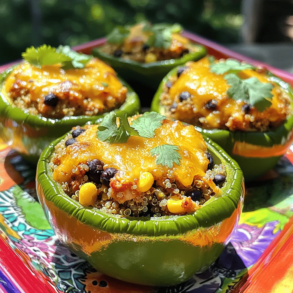 - 4 large poblano peppers - 1 pound ground chicken - 1 cup cooked quinoa - 1 cup black beans, drained and rinsed - 1 cup corn kernels (fresh or frozen) - 1 cup diced tomatoes (canned or fresh) - 1 teaspoon cumin - 1 teaspoon smoked paprika - 1 teaspoon garlic powder - ½ teaspoon onion powder - 1 cup shredded cheese (cheddar or a mix of your choice) - Salt and pepper to taste - Olive oil for drizzling - Fresh cilantro for garnish When choosing poblano peppers, look for ones that are firm, shiny, and deep green. Avoid any with soft spots or wrinkles. Fresh peppers have the best flavor and texture. If you have dietary restrictions, you can swap ground chicken for turkey or a plant-based meat. Quinoa can be replaced with brown rice or cauliflower rice for a low-carb option. These changes keep the dish tasty and enjoyable for everyone. For the cheese, feel free to use a dairy-free alternative if needed. Enjoying this dish can be inclusive for all diets! For the full recipe, check out the detailed steps above. Prepping the poblano peppers Start by washing the poblano peppers. Cut off the tops and remove the seeds. This step helps to keep the heat mild. You want big, fresh peppers for this dish. Look for ones that are firm and shiny. Cooking the ground chicken mixture In a large skillet, heat some olive oil over medium heat. Add 1 pound of ground chicken. Cook it until it turns brown, breaking it apart with a spatula. This takes about 8 minutes. Next, add cooked quinoa, black beans, corn, and diced tomatoes. Mix in cumin, smoked paprika, garlic powder, onion powder, salt, and pepper. Stir well and cook for another 5 minutes. This melds the flavors perfectly. Stuffing the peppers properly Take each poblano and fill it with the chicken mixture. Pack it down gently to fit as much as you can. This is where all the flavors come together. Set the stuffed peppers in a baking dish. Oven temperature and timing Preheat your oven to 375°F (190°C). Cover the baking dish with aluminum foil. Bake the peppers for 25 minutes. This helps them cook evenly without drying out. Tips for achieving a bubbly cheese topping After the first 25 minutes, take off the foil. Sprinkle shredded cheese on top of each pepper. Bake for another 10-15 minutes until the cheese is bubbly and golden. This makes the dish look and taste amazing. Enjoy your Chicken Stuffed Poblano Peppers! For the full recipe, check the details above. To prevent soggy peppers, make sure to dry them well after rinsing. This keeps excess water from making the filling too wet. Also, roasting them before stuffing can help enhance their flavor. Just a quick roast will add depth without losing crunch. For flavor enhancement, season each layer of your dish. Start with the chicken, and don’t forget to add salt and pepper to the quinoa mix. Using smoked paprika gives a nice, rich flavor that will impress your taste buds. Serve your chicken stuffed poblano peppers with a fresh side salad or warm tortillas. This adds great color and texture to your meal. Guacamole or avocado slices also pair well, bringing creaminess that balances the spicy peppers. For garnishing, top each pepper with fresh cilantro or a dollop of sour cream. This not only looks appealing but also adds a burst of flavor. A sprinkle of lime juice right before serving will elevate the dish even more. For the full recipe, check out [Full Recipe]. {{image_2}} You can swap the chicken for a plant-based protein. Try lentils or tofu for a tasty vegetarian option. Using quinoa gives a nice texture. You can also use brown rice or farro instead of quinoa. Both grains add fiber and flavor. Want more heat? Add some chili powder or diced jalapeños to the mix. You can also try different cheeses. Monterey Jack and pepper jack add a nice twist. Goat cheese offers a creamy taste, while feta brings a tangy touch. Each option changes the dish's flavor in great ways. For the Full Recipe, you can mix and match these ideas. Enjoy the fun of making Chicken Stuffed Poblano Peppers! After you enjoy your Chicken Stuffed Poblano Peppers, store leftovers in the fridge. Place them in an airtight container. They will stay fresh for about three to four days. When you're ready to reheat, take the peppers out and preheat your oven to 350°F (175°C). Cover the dish with foil to keep them moist. Heat for about 20 minutes, or until warm. If you want to save some for later, freezing is a great option. First, let the stuffed peppers cool completely. Wrap each pepper in plastic wrap, then place them in a freezer-safe bag. Label the bag with the date. You can freeze them for up to three months. When you’re ready to eat, take them out and let them thaw in the fridge overnight. To reheat frozen stuffed peppers, preheat your oven to 375°F (190°C). Place the peppers in a baking dish and cover with foil. Bake for about 30 to 35 minutes, until heated through. Enjoy your meal again with great taste! For the full recipe, check out the complete guide. Can I make Chicken Stuffed Poblano Peppers ahead of time? Yes, you can prepare the stuffed peppers ahead of time. Assemble them and store in the fridge. Just bake them when you're ready to eat. This makes meal prep easy and quick. What can I serve with Chicken Stuffed Poblano Peppers? These peppers pair well with many sides. Try serving them with a fresh salad or some avocado slices. Rice or quinoa can also make a nice addition. How do I know when the peppers are done baking? The peppers are done when the cheese is bubbly and golden. You can also check if the peppers are tender by gently poking them with a fork. They should feel soft but not mushy. Is this recipe adaptable for other ingredients? Absolutely! You can swap the ground chicken for ground turkey or beef. You can also use other grains like rice instead of quinoa. Feel free to add your favorite veggies or spices for a unique twist. For the full recipe, check the details above. In this post, we covered how to make delicious Chicken Stuffed Poblano Peppers. You learned about the right ingredients and how to prepare them. I shared tips for cooking, storing, and serving. You also found variations and answers to common questions. These stuffed peppers are a tasty, versatile meal. They can fit many diets and flavor preferences. I hope you feel ready to create this dish in your kitchen. Enjoy the cooking process and the great tastes!