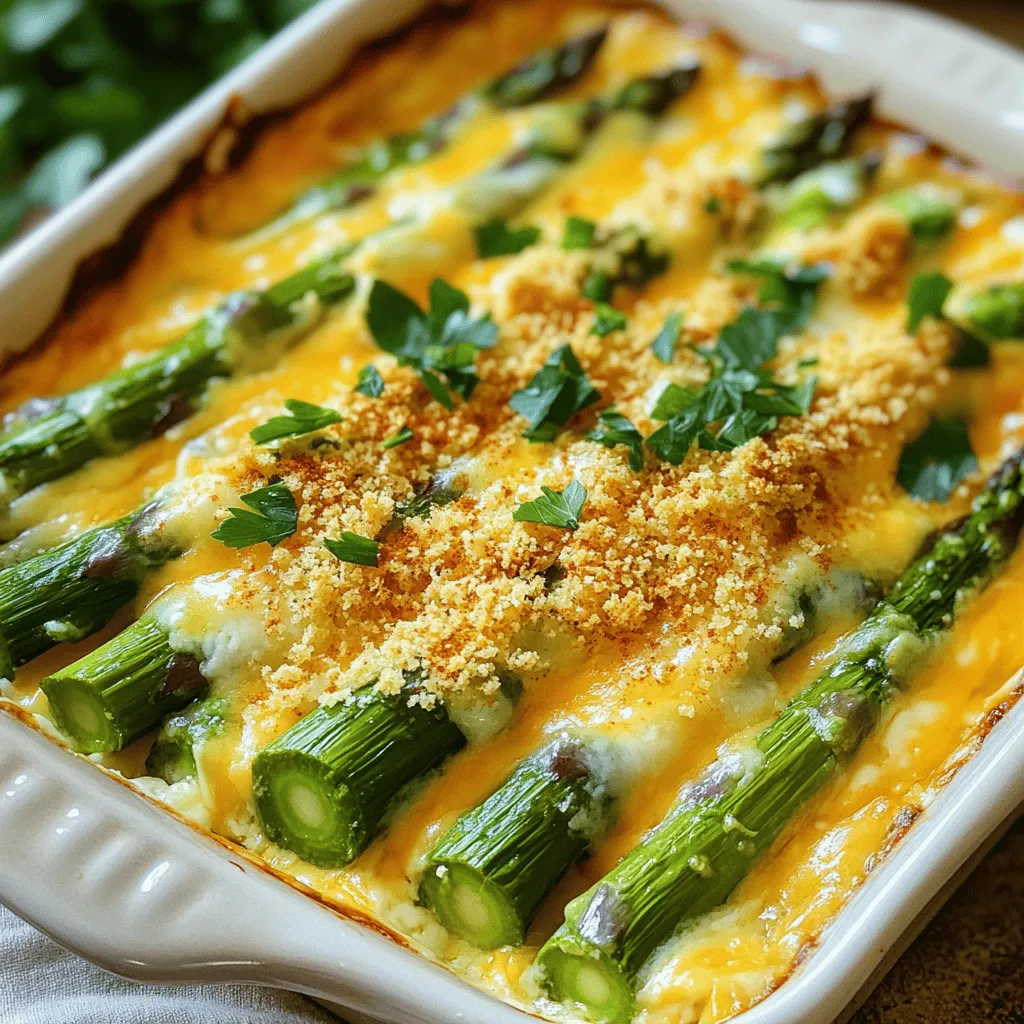 - Fresh Asparagus: I love using fresh asparagus. It adds a crisp texture and bright color. Trim the ends and cut them into 2-inch pieces. This helps them cook evenly in the casserole. - Quinoa (or Rice): You can use 1 cup of cooked quinoa for a healthy twist. If you prefer rice, go for it! Both options work well in this dish. - Onion: A small onion, finely chopped, gives the casserole a savory flavor. Sauté it before adding to the mix. - Garlic: Two cloves of minced garlic bring a warm aroma and depth. It pairs nicely with the asparagus and cheese. - Cheese Varieties: I recommend sharp cheddar and mozzarella. The sharp cheddar adds a bold taste, while mozzarella melts beautifully, giving that gooey texture we all love. - Cream or Half-and-Half: You need 1 cup of heavy cream or half-and-half. This ingredient binds everything together and adds richness to the dish. - Salt and Pepper: Use these to taste. They enhance all the flavors in the casserole. A pinch of salt and a dash of pepper go a long way! - Paprika: One teaspoon of paprika adds a hint of smokiness and a pop of color to the top. It makes the dish look as good as it tastes. - Dried Thyme: Half a teaspoon gives an earthy flavor. It complements the asparagus well. - Optional Ingredients: Feel free to add extras! You could toss in some cooked chicken for protein or even mix in some spinach for added nutrition. These options can make your casserole even more delicious. For the full recipe, check out the details above. Preheating the oven is key. Set it to 375°F (190°C). This ensures even cooking. While it heats, grease a 9x13-inch baking dish. Use cooking spray or butter. This step helps the casserole release easily after baking. In a large skillet, heat 2 tablespoons of olive oil over medium heat. Add 1 small, finely chopped onion. Sauté it for about 3-4 minutes until it turns translucent. Then, add 2 cloves of minced garlic. Cook for an additional minute so the garlic becomes fragrant. Now, add 1 pound of trimmed asparagus, cut into 2-inch pieces. Season with salt, pepper, and 1/2 teaspoon of dried thyme. Cook for about 5 minutes. The asparagus should be slightly tender but still crisp. After cooking, remove it from the heat and let it cool slightly. Grab a large mixing bowl. Combine 1 cup of cooked quinoa or rice, the sautéed veggies, and half of the cheese mix—1 cup each of sharp cheddar and mozzarella. Pour in 1 cup of heavy cream. Mix everything well until fully combined. This creates a creamy, cheesy base for the casserole. Pour the mixture into your greased baking dish. Spread it evenly across the dish. Next, sprinkle the remaining cheese on top—half a cup each of cheddar and mozzarella. Then, add 1/2 cup of breadcrumbs for a nice crunch. Dust the top with 1 teaspoon of paprika for extra flavor. Place the baking dish in the preheated oven. Bake for 25-30 minutes. Look for bubbly cheese and a golden top. Once done, let it cool for 5-10 minutes before serving. This allows all the flavors to blend nicely. For a great touch, serve it with a light salad. You can find the Full Recipe above for complete instructions. To make your casserole perfect, focus on the cheese melt and texture. Use a mix of sharp cheddar and mozzarella for the best taste and creaminess. Make sure to grate the cheese instead of using pre-shredded. Pre-shredded cheese has anti-caking agents that can prevent smooth melting. When mixing the ingredients, do not over-stir. This keeps the casserole light and fluffy. Bake until the top is golden brown and the cheese bubbles. This will give you that delightful crust. If you want to switch things up, there are great alternatives. For a gluten-free option, use rice instead of quinoa. You can also swap the heavy cream for coconut milk if you want a vegan version. For the cheeses, try cashew cheese or nutritional yeast for a dairy-free twist. These options keep your dish tasty while meeting different diet needs. Remember to adjust seasonings to balance flavors when you make substitutions. Pair your cheesy asparagus casserole with a light salad. A simple mix of greens with lemon dressing works well. You can also serve it alongside grilled chicken or fish for a complete meal. For drinks, a crisp white wine or sparkling water with lemon enhances the flavors. This way, you create a delightful dining experience that everyone will enjoy. {{image_2}} You can easily add protein to your Cheesy Asparagus Casserole. Here are some simple ideas: - Chicken: Cook and shred rotisserie chicken. Mix it in with the veggies. - Shrimp: Sauté shrimp in olive oil. Add them during the mixing step. - Vegetarian Options: Use chickpeas or lentils for a hearty, plant-based protein. Adding protein boosts nutrition and makes the dish more filling. You can customize it to fit your taste. Enhancing the flavor of your casserole can take it to the next level. Here are some tricks: - Herbs: Fresh basil or parsley can brighten the dish. - Spices: A pinch of cayenne or garlic powder adds warmth. - Cheese: Try adding feta or blue cheese for a tangy twist. Experimenting with herbs and spices gives your casserole a unique touch. You can match flavors to your mood or the season. Using seasonal veggies can change your casserole’s vibe. Here are some great options: - Spinach: Add fresh spinach for a pop of color and nutrients. - Broccoli: Broccoli florets mix well with the cheese and add crunch. - Zucchini: Thinly sliced zucchini brings a mild taste and moisture. Switching up the vegetables keeps the recipe fresh and exciting. It also makes it adaptable to what you have on hand. For the full recipe, check out the details above. To keep your cheesy asparagus casserole fresh, store it in an airtight container. This helps to prevent any unwanted odors from mixing. The casserole can last in the fridge for about 3 to 5 days. When you’re ready to eat, check for any signs of spoilage. If it looks good and smells fine, you’re good to go! Freezing your casserole is a great idea for future meals. First, let it cool completely. Then, wrap it tightly in plastic wrap and then in aluminum foil. This double layer helps keep the flavor and texture intact. You can freeze it for up to 3 months. When ready to eat, just thaw it in the fridge overnight before reheating. To keep your casserole tasty, reheat it in the oven. Preheat the oven to 350°F (175°C). Place the casserole in an oven-safe dish and cover it with foil to keep moisture in. Heat for about 20 to 25 minutes. If you like a crisp top, remove the foil for the last few minutes. This will give you that golden, bubbly cheese we all love! It takes about 45 minutes to make this dish. You will spend 15 minutes prepping the ingredients. Then, you bake it for 25 to 30 minutes. This time is perfect for a quick meal or a family dinner. Yes, you can prep this casserole in advance. You can make it one day before and store it in the fridge. Just cover it tightly with plastic wrap. When you’re ready, bake it directly from the fridge. It may take a few extra minutes to cook. This casserole pairs well with many sides. You can serve it with a light salad for a fresh touch. Garlic bread also makes a great side. If you want something more filling, try it with roasted potatoes. You can use frozen asparagus if fresh is not available. Just make sure to thaw and drain it well. Frozen asparagus tends to be softer, so reduce the cooking time a bit. Check for doneness before mixing with other ingredients. You now have all the details to make a delicious Cheesy Asparagus Casserole. We explored the key ingredients, like fresh asparagus, quinoa, and various cheeses, along with seasonings that elevate the dish. I provided step-by-step instructions to guide you through the baking process. Use the tips for perfecting texture and flavor. Don’t forget the variations for added nutrition and taste. Try this recipe at home for a hearty meal that pleases everyone. Enjoy your cooking and the delicious results!