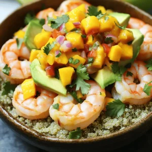 To make your shrimp and avocado bowls with mango salsa, you need fresh ingredients. Here’s a detailed list: - 1 pound shrimp, peeled and deveined - 2 ripe avocados, diced - 1 cup cooked quinoa - 1 ripe mango, diced - 1/2 red onion, finely chopped - 1 red bell pepper, diced - 1 lime, juiced - 2 tablespoons olive oil - 1 tablespoon honey - 1 teaspoon cumin - Salt and pepper to taste - Fresh cilantro for garnish Each ingredient plays a key role in the dish. The shrimp gives a nice protein boost. Avocados add creaminess and healthy fats. Quinoa serves as a hearty base. Mango brings sweetness and a tropical flair. Red onion and bell pepper offer crunch and color. Lime juice brightens flavors, while honey balances sweetness with spice. Finally, cumin adds a warm depth, and cilantro finishes the dish with fresh notes. For the full recipe, check [Full Recipe]. Using fresh ingredients ensures great taste and health benefits. Enjoy the vibrant colors and flavors as you prepare this dish! First, we will marinate the shrimp. Place your shrimp in a medium bowl. Add olive oil, cumin, salt, and pepper. Mix well to coat each shrimp. Let them sit for about 15 minutes. This helps the shrimp absorb all the flavors. Next, toss the shrimp with the seasonings. You want each piece to be covered. This simple step makes a big difference in taste. Now, let’s make the mango salsa. In a separate bowl, combine diced mango, red onion, and red bell pepper. These colors will brighten your dish. Drizzle lime juice over the mixture. Add honey for sweetness. Mix gently so you don't mash the mango. Set the salsa aside. Allowing it to sit lets the flavors meld together. It’s time to cook the shrimp. Heat a non-stick skillet over medium heat. Once hot, add the marinated shrimp. Cook for 2-3 minutes on each side. You'll know it's done when the shrimp turn pink and opaque. Remove the shrimp from heat when they are ready. Now we assemble the bowls. Start with a scoop of cooked quinoa at the bottom. This will be your base. Next, add diced avocado on top of the quinoa. Then, layer the cooked shrimp over the avocado. Finally, generously spoon the mango salsa on top. This adds color and flavor. To finish, sprinkle fresh cilantro over each bowl. This adds a pop of green and fresh flavor. For serving, you can enjoy these bowls right away. They are perfect for lunch or dinner. You can also serve them with lime wedges for extra zest. Enjoy your tropical treat! To avoid overcooking shrimp, watch the color. Cook until they turn pink and opaque. This usually takes about 2-3 minutes on each side. If you leave them too long, they can get rubbery. Flavor enhancement is key. Marinate shrimp with olive oil, cumin, salt, and pepper. Let them soak for at least 15 minutes. The longer they sit, the more flavor they absorb. Choosing ripe mangoes is important. Look for mangoes that yield slightly to pressure. They should feel soft but not mushy. If you can’t find ripe mangoes, you can use peaches or pineapples instead. For variations, mix in diced jalapeños for heat or add chopped cilantro for freshness. You can also swap in red onion for green onions for a different taste. Cooking quinoa perfectly is simple. Rinse it well to remove bitterness. Use a 2:1 water-to-quinoa ratio when cooking. Bring it to a boil, then lower the heat and cover. Let it simmer for about 15 minutes. If you want alternative base options, try brown rice or cauliflower rice. Both work well and add unique flavors to the bowl. For the full recipe, check out the recipe section above. {{image_2}} You can switch shrimp for chicken. Cook the chicken the same way as shrimp. Just marinate it with olive oil, cumin, salt, and pepper. This gives a nice flavor. Chicken holds up well in this dish. If you are vegetarian, tofu is a great choice. Use firm tofu and press it to remove excess water. Cut it into cubes and marinate like the shrimp. Cook it until golden brown for a tasty option. Feel free to add greens to your bowl. Spinach or kale works well. They add color and nutrients. You can also use beans, like black or kidney beans. Beans boost protein and fiber, making the dish heartier. For more fruity flavors, try adding pineapple or papaya. These fruits pair nicely with the mango salsa. They add sweetness and brightness to your bowl. A lime vinaigrette is a great dressing choice. Mix lime juice, olive oil, and a bit of honey. This adds a zesty kick to your dish. If you like heat, try a spicy sauce. Sriracha mixed with lime juice creates a hot and tangy flavor. Drizzle it over your bowl for a fun twist. Try these variations to keep your shrimp and avocado bowls exciting. For the full recipe, check the earlier section. To keep your shrimp bowls fresh, store them in airtight containers. This helps prevent air from getting in and keeps flavors strong. I recommend placing the shrimp, avocado, and salsa in separate containers. This way, the avocado stays creamy and does not brown. You can refrigerate the leftovers for up to 2 days. If you notice any browning on the avocado, sprinkle it with lime juice to slow down the process. Can you freeze the assembled bowls? It’s best not to freeze the entire bowl. The avocado and salsa do not freeze well and can lose flavor and texture. Instead, you can freeze the cooked shrimp and quinoa separately. For freezing tips, place the shrimp in a freezer-safe bag, removing as much air as possible. For quinoa, let it cool before placing it in a container. It can last in the freezer for up to 3 months. When you're ready to enjoy, thaw them overnight in the fridge and reheat before serving. This way, you get the best taste and texture from your shrimp and avocado bowls. For the full recipe, check out the recipe section. Yes, you can make these bowls ahead of time. For meal prep, cook the shrimp and quinoa first. Then, store them in separate containers. This keeps each part fresh. I recommend making the mango salsa on the day you plan to eat. The flavors are best when fresh. For storage, use airtight containers. Keep the shrimp and quinoa in the fridge for up to three days. If you want to keep them longer, freeze the shrimp and quinoa. They can last up to three months in the freezer. Just remember to thaw them overnight in the fridge before use. If you don’t have quinoa, you have options. Try brown rice or farro for a hearty base. Both are good choices. You can also use cauliflower rice for a lighter option. It’s low in carbs and has a nice texture. Other base ideas include mixed greens or even whole-grain pasta. Each option brings a unique flavor and feel to your bowl. To ripen an avocado faster, place it in a paper bag. This traps the ethylene gas, which helps it ripen. You can also add a ripe banana or apple to the bag for extra speed. Check the avocado often. It should feel slightly soft when ripe. If you need it right away, you can use the oven. Wrap it in foil and heat it at 200°F for 10-15 minutes. Just know this method can change the taste and texture a bit. This blog post guides you through creating delicious shrimp and avocado bowls. You learned about the key ingredients, from shrimp to mango. I shared step-by-step instructions, showing how to prepare, cook, and assemble the bowls. You also discovered tips for perfecting your dish and variations to suit your taste. Finally, storing leftovers and meal prep tips help you enjoy these bowls longer. Explore these ideas, and let your creativity shine in the kitchen! Enjoy your cooking adventure!