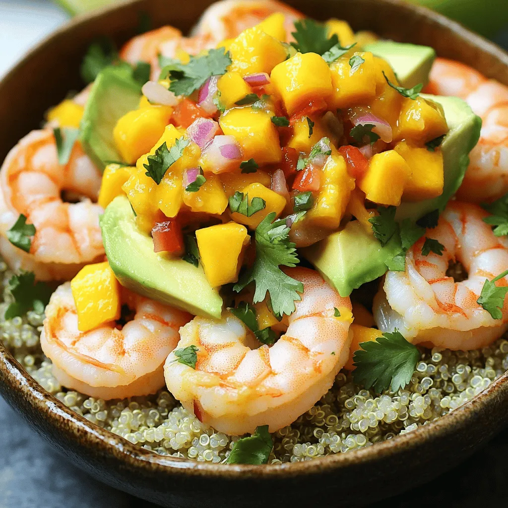 To make your shrimp and avocado bowls with mango salsa, you need fresh ingredients. Here’s a detailed list: - 1 pound shrimp, peeled and deveined - 2 ripe avocados, diced - 1 cup cooked quinoa - 1 ripe mango, diced - 1/2 red onion, finely chopped - 1 red bell pepper, diced - 1 lime, juiced - 2 tablespoons olive oil - 1 tablespoon honey - 1 teaspoon cumin - Salt and pepper to taste - Fresh cilantro for garnish Each ingredient plays a key role in the dish. The shrimp gives a nice protein boost. Avocados add creaminess and healthy fats. Quinoa serves as a hearty base. Mango brings sweetness and a tropical flair. Red onion and bell pepper offer crunch and color. Lime juice brightens flavors, while honey balances sweetness with spice. Finally, cumin adds a warm depth, and cilantro finishes the dish with fresh notes. For the full recipe, check [Full Recipe]. Using fresh ingredients ensures great taste and health benefits. Enjoy the vibrant colors and flavors as you prepare this dish! First, we will marinate the shrimp. Place your shrimp in a medium bowl. Add olive oil, cumin, salt, and pepper. Mix well to coat each shrimp. Let them sit for about 15 minutes. This helps the shrimp absorb all the flavors. Next, toss the shrimp with the seasonings. You want each piece to be covered. This simple step makes a big difference in taste. Now, let’s make the mango salsa. In a separate bowl, combine diced mango, red onion, and red bell pepper. These colors will brighten your dish. Drizzle lime juice over the mixture. Add honey for sweetness. Mix gently so you don't mash the mango. Set the salsa aside. Allowing it to sit lets the flavors meld together. It’s time to cook the shrimp. Heat a non-stick skillet over medium heat. Once hot, add the marinated shrimp. Cook for 2-3 minutes on each side. You'll know it's done when the shrimp turn pink and opaque. Remove the shrimp from heat when they are ready. Now we assemble the bowls. Start with a scoop of cooked quinoa at the bottom. This will be your base. Next, add diced avocado on top of the quinoa. Then, layer the cooked shrimp over the avocado. Finally, generously spoon the mango salsa on top. This adds color and flavor. To finish, sprinkle fresh cilantro over each bowl. This adds a pop of green and fresh flavor. For serving, you can enjoy these bowls right away. They are perfect for lunch or dinner. You can also serve them with lime wedges for extra zest. Enjoy your tropical treat! To avoid overcooking shrimp, watch the color. Cook until they turn pink and opaque. This usually takes about 2-3 minutes on each side. If you leave them too long, they can get rubbery. Flavor enhancement is key. Marinate shrimp with olive oil, cumin, salt, and pepper. Let them soak for at least 15 minutes. The longer they sit, the more flavor they absorb. Choosing ripe mangoes is important. Look for mangoes that yield slightly to pressure. They should feel soft but not mushy. If you can’t find ripe mangoes, you can use peaches or pineapples instead. For variations, mix in diced jalapeños for heat or add chopped cilantro for freshness. You can also swap in red onion for green onions for a different taste. Cooking quinoa perfectly is simple. Rinse it well to remove bitterness. Use a 2:1 water-to-quinoa ratio when cooking. Bring it to a boil, then lower the heat and cover. Let it simmer for about 15 minutes. If you want alternative base options, try brown rice or cauliflower rice. Both work well and add unique flavors to the bowl. For the full recipe, check out the recipe section above. {{image_2}} You can switch shrimp for chicken. Cook the chicken the same way as shrimp. Just marinate it with olive oil, cumin, salt, and pepper. This gives a nice flavor. Chicken holds up well in this dish. If you are vegetarian, tofu is a great choice. Use firm tofu and press it to remove excess water. Cut it into cubes and marinate like the shrimp. Cook it until golden brown for a tasty option. Feel free to add greens to your bowl. Spinach or kale works well. They add color and nutrients. You can also use beans, like black or kidney beans. Beans boost protein and fiber, making the dish heartier. For more fruity flavors, try adding pineapple or papaya. These fruits pair nicely with the mango salsa. They add sweetness and brightness to your bowl. A lime vinaigrette is a great dressing choice. Mix lime juice, olive oil, and a bit of honey. This adds a zesty kick to your dish. If you like heat, try a spicy sauce. Sriracha mixed with lime juice creates a hot and tangy flavor. Drizzle it over your bowl for a fun twist. Try these variations to keep your shrimp and avocado bowls exciting. For the full recipe, check the earlier section. To keep your shrimp bowls fresh, store them in airtight containers. This helps prevent air from getting in and keeps flavors strong. I recommend placing the shrimp, avocado, and salsa in separate containers. This way, the avocado stays creamy and does not brown. You can refrigerate the leftovers for up to 2 days. If you notice any browning on the avocado, sprinkle it with lime juice to slow down the process. Can you freeze the assembled bowls? It’s best not to freeze the entire bowl. The avocado and salsa do not freeze well and can lose flavor and texture. Instead, you can freeze the cooked shrimp and quinoa separately. For freezing tips, place the shrimp in a freezer-safe bag, removing as much air as possible. For quinoa, let it cool before placing it in a container. It can last in the freezer for up to 3 months. When you're ready to enjoy, thaw them overnight in the fridge and reheat before serving. This way, you get the best taste and texture from your shrimp and avocado bowls. For the full recipe, check out the recipe section. Yes, you can make these bowls ahead of time. For meal prep, cook the shrimp and quinoa first. Then, store them in separate containers. This keeps each part fresh. I recommend making the mango salsa on the day you plan to eat. The flavors are best when fresh. For storage, use airtight containers. Keep the shrimp and quinoa in the fridge for up to three days. If you want to keep them longer, freeze the shrimp and quinoa. They can last up to three months in the freezer. Just remember to thaw them overnight in the fridge before use. If you don’t have quinoa, you have options. Try brown rice or farro for a hearty base. Both are good choices. You can also use cauliflower rice for a lighter option. It’s low in carbs and has a nice texture. Other base ideas include mixed greens or even whole-grain pasta. Each option brings a unique flavor and feel to your bowl. To ripen an avocado faster, place it in a paper bag. This traps the ethylene gas, which helps it ripen. You can also add a ripe banana or apple to the bag for extra speed. Check the avocado often. It should feel slightly soft when ripe. If you need it right away, you can use the oven. Wrap it in foil and heat it at 200°F for 10-15 minutes. Just know this method can change the taste and texture a bit. This blog post guides you through creating delicious shrimp and avocado bowls. You learned about the key ingredients, from shrimp to mango. I shared step-by-step instructions, showing how to prepare, cook, and assemble the bowls. You also discovered tips for perfecting your dish and variations to suit your taste. Finally, storing leftovers and meal prep tips help you enjoy these bowls longer. Explore these ideas, and let your creativity shine in the kitchen! Enjoy your cooking adventure!