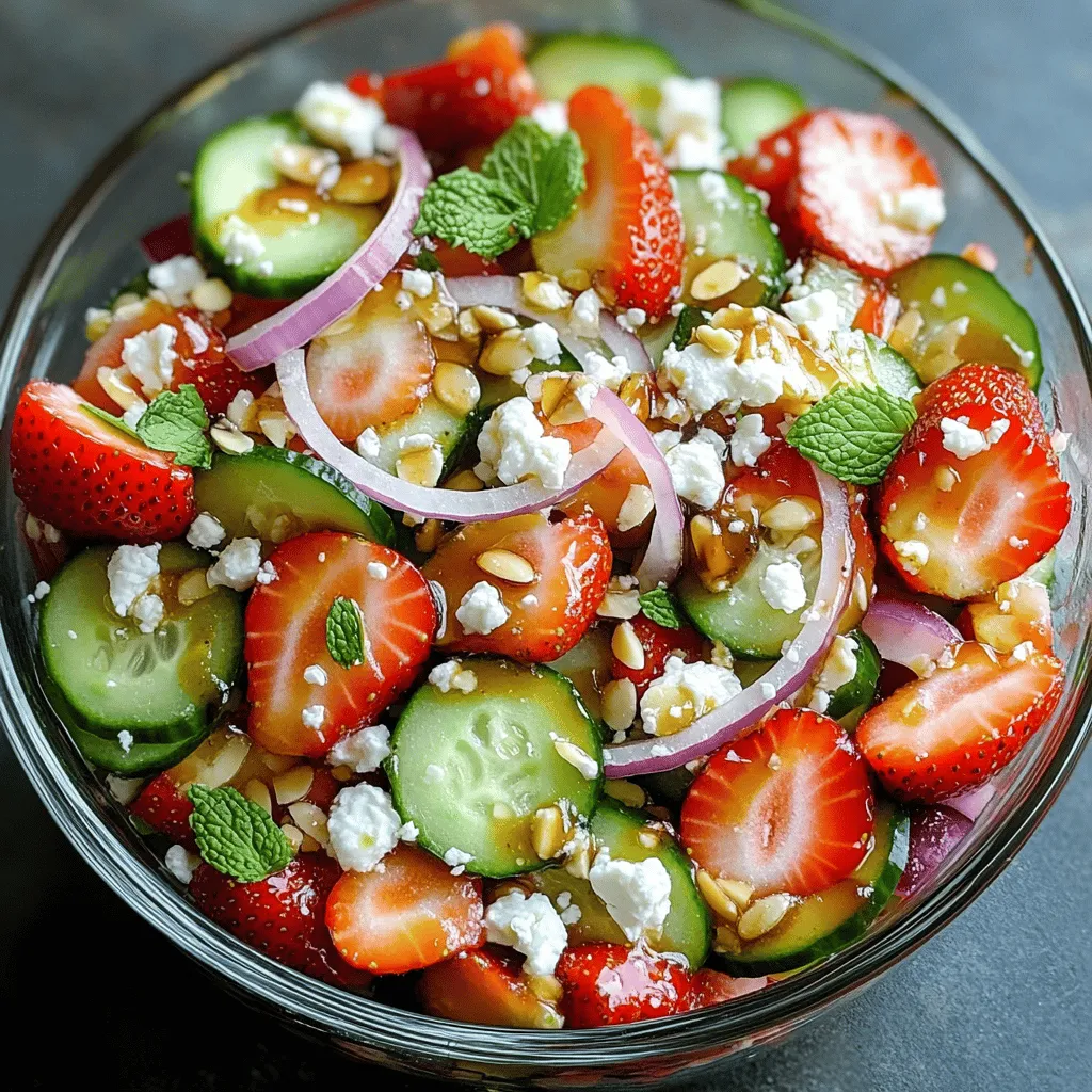 - 2 cups fresh strawberries, hulled and sliced - 1 large cucumber, thinly sliced - 1/4 red onion, thinly sliced - 1/4 cup fresh mint leaves, chopped - 1/4 cup feta cheese, crumbled - 2 tablespoons honey - 2 tablespoons balsamic vinegar - Salt and pepper to taste - Optional: 1/4 cup sliced almonds for crunch You can swap strawberries for blueberries or apples. Use any crisp vegetable, like bell peppers, instead of cucumber. Feta cheese can be replaced with goat cheese or even a vegan cheese. If you want to avoid honey, try maple syrup or agave nectar for sweetness. To pick ripe strawberries, look for bright red color and a sweet smell. Avoid any with dark spots or mushy areas. For cucumbers, choose ones that feel firm and have smooth skin. Fresh herbs should smell strong and vibrant. Always check for any wilting or browning leaves. To start, you need to hull and slice the strawberries. Use a small knife to remove the green tops. Then, slice each berry into thin pieces. This will help the strawberries mix well with the other ingredients. Next, let's slice the cucumber and onion. For the cucumber, cut off both ends. Then, slice it thinly. A sharp knife helps here for clean cuts. For the red onion, cut it in half from top to bottom. Then, slice thinly from root to tip. This gives you nice, even pieces that blend into the salad. Now, we will make a simple dressing. In a small bowl, mix two tablespoons of honey with two tablespoons of balsamic vinegar. Whisk them together until it is smooth. This dressing adds a sweet and tangy flavor to the salad. To get the right consistency, make sure there are no lumps. If it's too thick, add a bit more balsamic vinegar. You want it to coat the salad well without being too runny. Now, it's time to combine all the ingredients. In a large salad bowl, add the sliced strawberries, cucumber, and red onion. Then, sprinkle in the chopped mint leaves and crumbled feta cheese. Pour the dressing over the salad mixture. Use a large spoon to gently toss everything together. Be careful not to smash the strawberries. Gentle tossing helps keep the salad fresh and bright. Lastly, season with salt and pepper to taste. Toss lightly again to blend the flavors. If you like some crunch, add sliced almonds on top right before serving. Enjoy this fresh and tasty salad! For the full recipe, check out the details above. - This salad pairs well with grilled chicken or fish. - Serve it chilled for a refreshing bite. - Use a clear glass bowl to show off the colors. - Garnish with whole mint leaves for a fresh touch. - Prep the strawberries and cucumber a few hours before serving. - Keep the dressing separate until serving to avoid sogginess. - Store ingredients in airtight containers to keep them fresh. Make sure to check out the Full Recipe for more details! {{image_2}} You can boost your strawberry and cucumber salad by adding proteins. Grilled chicken or shrimp works great. Both options add nice texture and flavor. If you prefer vegetarian proteins, try chickpeas or black beans. These options keep the salad light while making it more filling. To enhance flavors, you can add spices or herbs. Fresh basil or dill pairs well with the salad. A pinch of cayenne pepper can add a nice kick. Adjust the sweetness by adding more honey or using maple syrup instead. You can taste as you go to find the right balance for you. Try different dressings to change the salad’s taste. A homemade yogurt dressing can add creaminess. Mix plain yogurt with lemon juice and herbs for a fresh twist. If you're short on time, grab a store-bought vinaigrette. Look for light options that won't overpower the salad. You can always mix and match to find your favorite. Check out the Full Recipe for more ideas. To store leftover strawberry and cucumber salad, use a clean, airtight container. This keeps the salad fresh and prevents odors from other foods. Place the container in the fridge. The salad stays fresh for about 1 to 2 days. The strawberries may lose some texture, but the flavor remains. You cannot freeze this salad. Freezing can change the texture of the strawberries and cucumber. They may become mushy when thawed. Instead, enjoy the salad fresh. If you have leftover dressing, you can freeze that. Just pour it into an ice cube tray and freeze. You do not need to reheat strawberry and cucumber salad. It is best served cold. If the salad seems limp, try adding fresh mint or more feta before serving. This will refresh the flavors and make it vibrant again. Enjoy your salad with a smile! To keep your salad fresh, store it in an airtight container. Place a paper towel inside. This will absorb excess moisture. Avoid adding the dressing until you are ready to eat. This prevents sogginess. If you need to store leftovers, eat them within two days for best taste. Yes, you can make this salad vegan! Swap feta cheese for avocado or vegan cheese. Use maple syrup instead of honey for sweetness. This keeps the flavors bright while meeting dietary needs. You can add many fruits for extra flavor! Try blueberries, raspberries, or peaches. These fruits pair well with strawberries and cucumbers. They add sweetness and color. You can mix and match based on what you have. To make the salad more filling, add protein. Grilled chicken or chickpeas work great. You can also mix in quinoa or farro for extra texture. Nuts, like almonds, add crunch and healthy fats too. In this post, we explored how to make a delicious strawberry and cucumber salad. You learned about the fresh ingredients, helpful tips for preparation, and ways to customize the recipe. I shared serving ideas and storage methods to keep your salad fresh. Remember, this salad is versatile, so feel free to experiment with flavors and textures. Enjoy your creation and share it with others for a refreshing meal anytime!