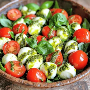 - 1 cup cherry tomatoes, halved - 8 oz fresh mozzarella balls (bocconcini) - 1 cup fresh basil leaves - 1/4 cup basil pesto (store-bought or homemade) The first step in making this salad is gathering your main ingredients. Cherry tomatoes bring a sweet burst of flavor. Halving them helps release their juices. Fresh mozzarella balls add a creamy texture. They are soft and delightful in each bite. Fresh basil leaves give your dish a fragrant touch. The basil pesto ties everything together with its rich flavor. You can use store-bought pesto for speed. If you want, you can make your own for a fresh taste. - Salt and pepper to taste - Additional fresh basil for garnish Seasoning is key for any salad. A pinch of salt can elevate the flavors. Fresh ground pepper adds a nice kick. If you want, you can add more fresh basil as a garnish. It makes the salad look pretty and adds more flavor. When you combine all this, you will have a bright and tasty dish. For the full recipe, check out the link provided. - First, take 1 cup of cherry tomatoes and cut them in half. - Next, add 8 oz of fresh mozzarella balls to your bowl. - Now, gently toss in 1 cup of fresh basil leaves. - Grab 1/4 cup of basil pesto and drizzle it over the salad. - Carefully mix everything together. Be gentle to avoid breaking the mozzarella. - Taste the salad and add salt and pepper as needed. - You can serve it right away or chill it for a better flavor. For more details on making this dish, check out the Full Recipe. To make the best Caprese pesto salad, start with ripe cherry tomatoes. Look for tomatoes that are bright and firm. They should smell sweet and fresh. This indicates they are ready to eat. For mozzarella, choose fresh mozzarella balls or bocconcini. They should feel soft and slightly springy. The taste should be mild and creamy, making your salad even more delicious. When mixing your salad, be gentle with the mozzarella balls. Use a large spoon to fold the ingredients instead of stirring. This helps keep the mozzarella intact. For serving, arrange the salad in a large bowl or on a platter. Drizzle extra pesto on top for a nice look. You can also sprinkle some fresh basil leaves for color and flavor. To add more flavor, consider toppings like pine nuts or arugula. A splash of balsamic vinegar can also brighten the dish. If you want to adjust flavors, taste the salad after mixing. You can add a pinch of salt or pepper as needed. This helps balance the flavors and makes it just right. For the full recipe, check out the details provided. {{image_2}} You can change the cheese in your salad. Feta or burrata work well. Feta adds a salty kick, while burrata offers creaminess. You can also swap cherry tomatoes for heirloom or grape tomatoes. Heirloom tomatoes bring unique flavors and colors. Grape tomatoes are sweeter and bite-sized. If you want to shake things up, try other herbs. Parsley or arugula can add fresh notes. Both herbs bring a different taste to your dish. You can also play with pesto types. Sundried tomato pesto offers a rich, tangy flavor. Switching the pesto will change the whole salad experience. Make your salad fit the season. In spring, add fresh peas or asparagus. For summer, stick with juicy tomatoes and basil. In fall, think about adding roasted squash or apples. For winter, you can use kale or spinach. These swaps keep the salad fresh and exciting year-round. To store leftovers, place the salad in an airtight container. Keep it in the refrigerator. This salad stays fresh for 1-2 days. To maintain freshness, do not mix in the pesto until serving. This way, the flavors will stay bright and tasty. You cannot freeze this salad. Freezing changes the texture of the tomatoes and mozzarella. Instead, enjoy it fresh. If you have extra ingredients, store them separately in the fridge. This helps preserve taste and texture for your next meal. Serve leftovers cold or at room temperature. If you want to refresh the salad, mix in a bit more pesto. This adds flavor and moisture. If it seems dry, a splash of olive oil can help. Enjoy your 4 Ingredient Caprese Pesto Salad with ease! Yes, you can make this salad ahead of time. To prep, wash and cut the cherry tomatoes. You can also store the mozzarella balls in the fridge. Keep the basil leaves dry to avoid wilting. Make the salad right before you serve it. This keeps the flavors fresh and the salad crisp. If you don’t have basil pesto, you have options. You can use a sun-dried tomato pesto for a rich flavor. Another option is to use a vinaigrette, like balsamic or lemon. You can even make a simple mix of olive oil and garlic. These will still give your salad a tasty twist. Yes, this salad is gluten-free. All the ingredients in the recipe are naturally gluten-free. Cherry tomatoes, mozzarella, basil, and pesto fit this diet. If you use store-bought pesto, check the label to ensure it is gluten-free. This way, everyone can enjoy it worry-free. This blog covered how to make a tasty Caprese pesto salad. It included fresh ingredients, step-by-step instructions, and tips for success. Remember to choose ripe tomatoes and quality mozzarella for the best flavor. Don’t shy away from experimenting with different ingredients or storage methods. Your salad can shine, whether served fresh or with a twist. Enjoy making and sharing this delicious dish with friends and family!