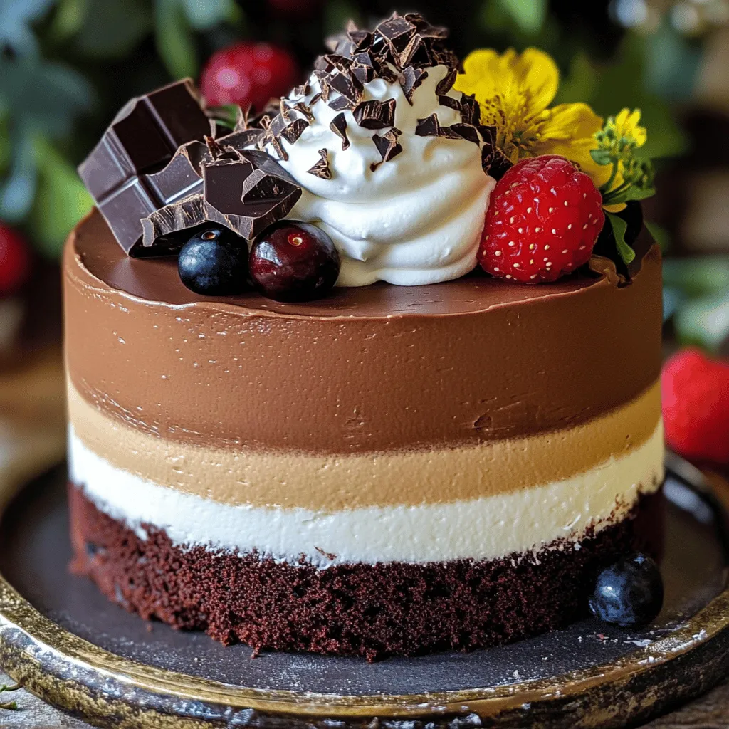 To make the perfect chocolate cake base, gather these simple ingredients: - 1 cup all-purpose flour - 1 cup granulated sugar - 1/2 cup unsweetened cocoa powder - 1/2 teaspoon baking powder - 1/2 teaspoon baking soda - 1/4 teaspoon salt - 1/2 cup unsalted butter, melted - 2 large eggs - 1/2 cup whole milk - 1 teaspoon vanilla extract These ingredients come together to create a rich and moist base. The cocoa powder gives it that deep chocolate flavor. The mousse layers are the stars of this cake. You will need: - 4 ounces dark chocolate (70% cocoa), chopped - 4 ounces milk chocolate, chopped - 4 ounces white chocolate, chopped - 3 cups heavy whipping cream - 3 tablespoons powdered sugar - 1 teaspoon vanilla extract Each chocolate layer brings its unique taste. The dark chocolate is bold, while the milk chocolate is creamy. The white chocolate adds sweetness and lightness. To make your cake look even better, consider these garnish options: - Chocolate shavings or curls - Whipped cream (optional) - Fresh berries (optional) These garnishes not only add beauty but also extra flavor. Fresh berries can cut through the richness. You can find the full recipe for this delightful treat with all the steps to make it perfect. Start by preheating your oven to 350°F (175°C). Grease and flour a 9-inch round cake pan. In a big bowl, mix the flour, sugar, cocoa powder, baking powder, baking soda, and salt. This blend gives your cake a rich chocolate taste. In another bowl, combine melted butter, eggs, milk, and vanilla. Mix the wet ingredients into the dry ones until they just come together. Don’t overmix! Pour this batter into your prepared pan. Bake for 25 to 30 minutes. To check if it's done, insert a toothpick. If it comes out clean, your cake is ready. Let it cool completely before moving on. For the dark chocolate mousse, place your dark chocolate in a bowl over simmering water. This method helps it melt smoothly. Stir until it’s fully melted. In a separate bowl, whip 1 cup of heavy cream until it forms soft peaks. Add 1 tablespoon of powdered sugar and the vanilla extract. Gently fold the whipped cream into the melted chocolate. Be careful not to deflate the cream. Once mixed, set it aside in the refrigerator to firm up. After your cake has cooled, place it on a serving plate. Start with the dark chocolate mousse. Spoon it over the top and spread it evenly. Next, layer the milk chocolate mousse on top. Finally, add the white chocolate mousse. Each layer adds a different flavor and texture. Refrigerate the cake for at least 4 hours, or overnight if you can wait. This chilling time lets all the layers set perfectly. When ready, garnish with chocolate shavings or curls, fresh berries, and whipped cream if you like. This cake is sure to impress at any gathering. For the complete recipe, check the [Full Recipe]. To get the best mousse texture, use cold cream. Cold cream whips better and faster. Start by whipping each cream until soft peaks form. Be gentle when folding the chocolate into the cream. This keeps the mousse light and airy. If you overmix, the mousse will be dense. Chill each layer before adding the next. This helps the layers stay separate and firm. When baking the cake, use room temperature ingredients. This helps them mix well. Grease and flour your cake pan to avoid sticking. Check your cake at the 25-minute mark. Use a toothpick to test doneness. If it comes out clean, your cake is ready. Let the cake cool completely in the pan before removing it. This prevents breakage and keeps the shape. For a stunning presentation, use a cake stand. Add a touch of elegance when serving. Decorate the top with chocolate shavings or curls. Fresh berries add color and flavor. You can also pipe some whipped cream for a fancy look. Slice the cake with a warm knife for clean edges. Serve with a side of extra berries or whipped cream for fun! {{image_2}} You can easily change the flavors in your triple chocolate mousse cake. Try adding a splash of espresso to the chocolate mousse. This gives it a rich coffee flavor. You can also use flavored extracts, like almond or orange, in the mousse layers. This small change makes a big impact. If you love fruit, mix in some pureed raspberries or strawberries. They add a refreshing twist to the cake. Want a lighter version? Swap the heavy cream for coconut cream. It still gives a rich texture but with fewer calories. You can also use unsweetened applesauce instead of some butter in the cake base. This keeps moisture while cutting fat. Use dark chocolate with a higher cocoa content. It has less sugar and more health benefits. These substitutions keep the taste while making it better for you. Get creative with your garnishes! Instead of chocolate shavings, try crushed nuts. Almonds or hazelnuts add a nice crunch. You can also use mint leaves for a fresh look. Fresh fruit like berries or sliced kiwi brightens up the dessert. You could drizzle some caramel or chocolate sauce over the top for extra sweetness. Each garnish can change the look and feel of your cake. For the Full Recipe, check out the main article. Enjoy experimenting with these fun variations! To keep your Triple Chocolate Mousse Cake fresh, store it in the fridge. Place it in an airtight container. This helps to lock in moisture and flavor. If you can, cover the top with plastic wrap. This avoids any unwanted odors from other foods. When stored properly, this cake lasts about 3 to 4 days in the fridge. After that, the mousse layers may start to lose their fluffiness. If you notice any changes in texture or smell, it’s best to discard it. Yes, you can freeze this cake! First, let it cool completely. Cut it into slices for easier thawing later. Wrap each slice tightly in plastic wrap. Then, place them in a freezer-safe bag or container. This keeps the cake fresh for up to 2 months. When you're ready to enjoy, thaw it in the fridge overnight. For all the details on making this dessert, check the Full Recipe. Yes, you can use different types of chocolate. Each type gives a unique taste. Dark chocolate adds deep flavor, while milk chocolate offers sweetness. White chocolate brings creaminess. Feel free to mix or match! Just keep the same amounts for each type. This flexibility allows you to personalize your cake. To check if the cake is done, use a toothpick. Insert it into the center of the cake. If it comes out clean, the cake is ready. If it has wet batter on it, bake a little longer. The edges should slightly pull away from the pan. This tells you the cake is cooked through. Yes, you can make this dessert in advance. The cake and mousse layers store well. Make the cake and mousse a day ahead. Just assemble them before serving. Refrigerate the cake to keep it fresh. This gives the flavors more time to blend, enhancing the taste. You’ll impress your guests with this make-ahead treat! For the detailed recipe, check the Full Recipe. This blog post covered how to create a rich chocolate mousse cake. We explored the key ingredients, steps, and expert tips to get the best results. You learned how to prepare the cake base, make the mousse, and assemble it all. Plus, we shared storage tips and ways to enhance the flavors. The tips will help you enjoy your cake longer. Use these ideas to impress friends and family. Now, get baking and savor every bite of your sweet creation!