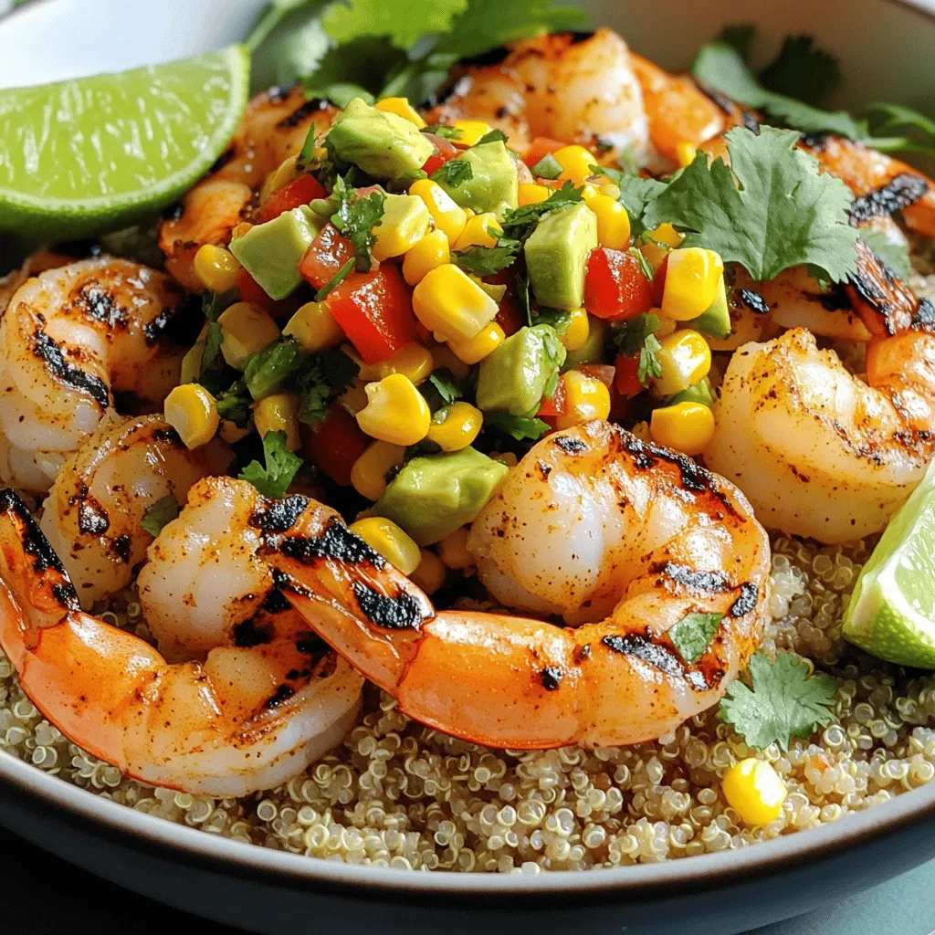 - 1 pound large shrimp, peeled and deveined - 1 tablespoon olive oil - 1 teaspoon smoked paprika - 1 teaspoon garlic powder - 1 teaspoon cumin - Salt and pepper to taste - 2 cups cooked quinoa or brown rice - 1 ripe avocado, diced - 1 cup fresh corn kernels (cooked or grilled) - 1 red bell pepper, diced - 1 small red onion, finely chopped - 1 jalapeño, seeded and minced - Juice of 2 limes - Fresh cilantro, chopped for garnish - Additional spices or herbs - Extra lime wedges for serving The main ingredients create a flavor-packed base for your grilled shrimp bowl. The shrimp is tender and juicy, thanks to the olive oil and spices. The smoked paprika adds a nice depth, while garlic powder and cumin provide warmth. Don't forget to season with salt and pepper to bring out all the flavors. The accompaniments are where it gets fun! Quinoa or brown rice forms a hearty base. The diced avocado gives creaminess, while fresh corn adds a sweet crunch. The diced red bell pepper and chopped red onion bring bright colors and fresh flavors. Adding jalapeño gives it a spicy kick, and lime juice brightens the whole dish. Garnish with cilantro for a fresh finish. You can also use optional ingredients to make the dish your own. Feel free to try different spices or serve with extra lime wedges for added zest. For the full recipe, check the details in the article. - Combine shrimp with olive oil, smoked paprika, garlic powder, cumin, salt, and pepper. - Toss well to coat the shrimp evenly. - Let marinate for 15-20 minutes while you prepare the salsa. - In a medium bowl, mix together corn, diced avocado, red bell pepper, red onion, and minced jalapeño. - Season this colorful mix with lime juice, salt, and pepper. - Gently toss everything together and set aside to let the flavors blend. - Preheat your grill or grill pan over medium-high heat. - Skewer the marinated shrimp for easy grilling or place them directly on the grill. - Grill shrimp for about 2-3 minutes on each side or until they turn pink and opaque. - Start by layering a base of cooked quinoa or brown rice in serving bowls. - Top the grains with the grilled shrimp and generous spoonfuls of the corn salsa. - Finish with a sprinkle of fresh cilantro for a pop of color and flavor. - Serve your grilled shrimp bowl right away. - Add lime wedges on the side for an extra zest. For a complete guide to this recipe, check the Full Recipe. Enjoy your cooking! To make your shrimp just right, keep a close eye on cooking time. Overcooking shrimp makes them tough. Aim for 2-3 minutes on each side. They should turn pink and opaque. Using skewers makes grilling easier. It helps keep the shrimp together and allows for even cooking. To make your corn salsa sing, add fresh herbs like cilantro or parsley. They bring bright flavors. You can also adjust the lime juice to fit your taste. A little extra lime can add a zesty kick. Taste as you go to find the right balance. Consider serving your grilled shrimp bowl with side dishes like a light salad or crusty bread. These pair well and add variety. If you like heat, think about adding a spicy sauce. A drizzle of sriracha or a sprinkle of chili flakes can elevate the dish. Enjoy exploring these options to make your meal perfect! {{image_2}} You can easily switch the shrimp for other proteins. Chicken works great in this dish. Just grill it until cooked through. Tofu is a fantastic vegan option. It soaks up flavor well and adds a nice texture. If you love seafood, consider using scallops or even fish. Both will bring their unique flavors to your bowl. Want to make this dish gluten-free? Substitute quinoa for rice. Quinoa is a great grain that is also packed with protein. For a vegan option, simply leave out the shrimp. You can add extra veggies or some beans for protein. This way, everyone can enjoy a healthy meal. To spice things up, try adding different herbs and spices. A sprinkle of cayenne can add some heat. You can also experiment with flavored oils or vinegars in your salsa. A hint of lime-infused oil can take your dish to the next level. Don’t be afraid to get creative and make it your own! For the complete recipe, check out the [Full Recipe]. After enjoying your grilled shrimp bowl, store any leftovers in an airtight container. This keeps the flavors fresh. You can keep it in the fridge for up to 2 days. The shrimp and salsa stay tasty for your next meal. If you want to save some for later, freeze the cooked shrimp separately. This helps maintain the shrimp's texture. Store the salsa and grains, like quinoa or rice, in separate containers. This way, everything stays fresh and ready when you want it. To reheat your dish, use a microwave or a skillet. Just make sure to heat the shrimp all the way through. This ensures that every bite is warm and delicious. Enjoy your meal again just like the first time! You will know the shrimp is cooked when it turns pink and opaque. This change in color shows that the shrimp is safe to eat. If you see gray or translucent areas, give it more time on the grill. It's best to avoid overcooking the shrimp, as it can become tough. Yes, you can prepare this recipe ahead of time. You can marinate the shrimp and make the corn salsa before your meal. Just store them in the fridge. This saves time when you are ready to grill. You can serve your shrimp bowl with many tasty sides. Try pairing it with fresh salads or warm bread. Extra lime wedges also make a great addition. They add a bright flavor that complements the dish well. In this post, we explored a delicious shrimp bowl recipe. We covered main ingredients, accompaniments, and tips for grilling. You learned step-by-step instructions to make it simple. Remember, you can customize this bowl to suit your taste. Try different proteins or spices for variety. Enjoy your cooking journey and share this tasty dish with others. Cooking should be fun and rewarding!
