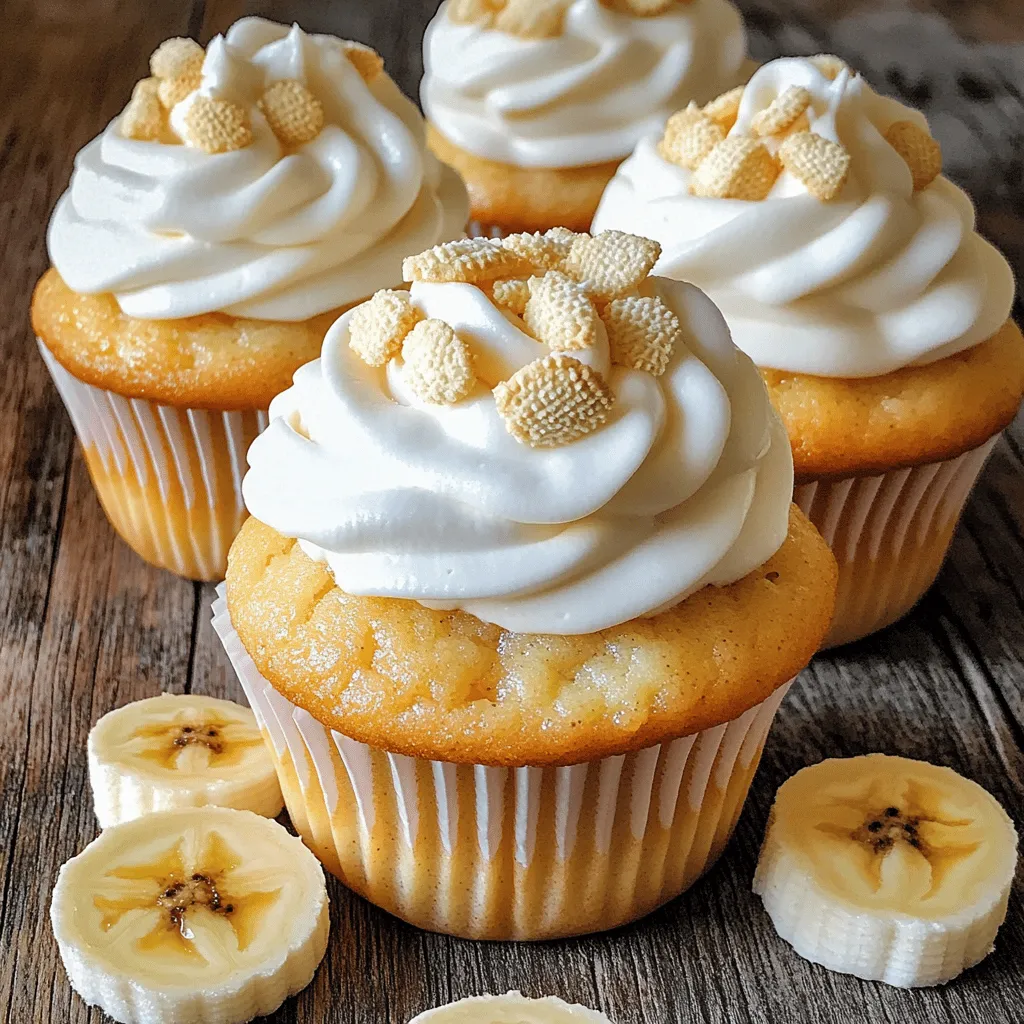 To make the best banana pudding cupcakes, you need the following ingredients: - 1 cup ripe bananas (about 2 medium), mashed - 1/3 cup vegetable oil - 1 cup granulated sugar - 2 large eggs - 1 teaspoon vanilla extract - 1 teaspoon baking powder - 1/2 teaspoon baking soda - 1/4 teaspoon salt - 1 1/2 cups all-purpose flour - 1 cup buttermilk (or substitute with milk + 1 tablespoon vinegar) - 1 box (3.4 oz) instant vanilla pudding mix - 1 cup whipped cream (store-bought or homemade) - 1 cup crushed vanilla wafer cookies - Sliced bananas for decoration You can swap some ingredients for different flavors or dietary needs. Here are some options: - Replace vegetable oil with melted coconut oil for a tropical taste. - Use brown sugar instead of granulated sugar for a deeper flavor. - For a dairy-free version, use almond milk in place of buttermilk. - You can use dairy-free whipped cream if you want a vegan option. - Instead of vanilla wafer cookies, try crushed graham crackers for a different crunch. Fresh ingredients are key to making these cupcakes shine. Ripe bananas add natural sweetness and moisture. Fresh eggs improve the texture of your cupcakes. Using fresh baking powder helps the cupcakes rise well. Fresh buttermilk ensures a rich flavor. By using good-quality ingredients, you enhance the taste and texture of your cupcakes. Trust me, fresh ingredients make a big difference! For the full recipe, check out the details above. Start by gathering all your ingredients. This makes the process smooth. You’ll need ripe bananas, oil, sugar, eggs, vanilla, and dry goods like flour and baking powder. Remember, using ripe bananas is key. They add sweetness and flavor. Make sure to mash them well, so they blend easily into the batter. 1. Preheat the Oven: Set your oven to 350°F (175°C). This step is crucial for even baking. 2. Mix Wet Ingredients: In a big bowl, whisk together mashed bananas, vegetable oil, and sugar until smooth. Then, add the eggs and vanilla extract. Mix until combined. 3. Combine Dry Ingredients: In another bowl, mix flour, baking powder, baking soda, and salt. Slowly add the dry mix to the wet mixture. Alternate this with buttermilk. Start and end with the dry mix. Stir gently until just mixed. 4. Bake the Cupcakes: Fill each cupcake liner two-thirds full with batter. Bake for 18-20 minutes. Use a toothpick to check if they’re done. If it comes out clean, they are ready. Let them cool in the pan for 5 minutes, then move to a wire rack. In a medium bowl, follow the package directions for the instant vanilla pudding. Use cold milk to mix. Once it thickens, gently fold in whipped cream. This creates a light and fluffy frosting. Make sure it’s mixed well but still airy. Now, you’re ready to assemble the cupcakes. Cut a small well in the center of each cupcake. Fill with the banana pudding mixture and top with the pudding frosting. Decorate with crushed vanilla wafers and a slice of banana. For the full recipe, check out the detailed steps above. Enjoy your sweet creation! To get fluffy banana pudding cupcakes, you need the right mix of ingredients. Start with ripe bananas. They add natural sweetness and moisture. Use room temperature eggs and buttermilk; this helps the batter blend well. When mixing, do not overmix. Stir until just combined. This keeps the cupcakes light and airy. One big mistake is using bananas that are not ripe enough. They won’t give the best flavor. Also, don’t skip the baking powder. It helps the cupcakes rise. Another error is filling the liners too full. Fill them only two-thirds full; this allows room for rising. Lastly, always wait for the cupcakes to cool completely before frosting. This keeps the frosting from melting away. To highlight the banana flavor, serve the cupcakes with fresh banana slices on top. You can also add a drizzle of caramel sauce for extra sweetness. If you want some crunch, sprinkle more crushed vanilla wafers on top. These simple touches make your cupcakes look pretty and taste even better. For the full recipe, check out the link above. {{image_2}} You can get creative with these cupcakes. Instead of whipped cream, try using cream cheese frosting for a tangy twist. You can also add a drizzle of caramel or chocolate sauce for extra flavor. For a fun crunch, sprinkle chopped nuts on top or use crushed graham crackers instead of vanilla wafers. If you want a fruity kick, add some diced strawberries or blueberries. Each option brings a new taste and texture to the classic banana pudding cupcakes. Making these cupcakes gluten-free is simple. Just swap all-purpose flour for a gluten-free baking mix. For a vegan version, replace eggs with flaxseed meal mixed with water. Use a plant-based milk like almond or oat milk instead of buttermilk. Lastly, choose a vegan whipped topping to complete your frosting. These swaps keep the cupcake delicious while catering to different diets. Banana pudding cupcakes stand out among other flavors. They offer a unique blend of sweetness and creaminess. While chocolate cupcakes are rich and indulgent, and vanilla cupcakes are classic, banana pudding cupcakes combine rich banana flavor with a light, fluffy texture. They can feel more refreshing compared to heavier options. If you want a twist on the traditional cupcake, these are the way to go. They are perfect for parties or as a sweet treat anytime. For the complete recipe, check out the [Full Recipe]. To keep your banana pudding cupcakes fresh, store them in an airtight container. This step locks in moisture and flavor. If you plan to eat them soon, just place them on your kitchen counter. Make sure they are completely cool before you store them. If you leave them warm, they might get soggy. When stored properly, banana pudding cupcakes last about three days at room temperature. If you want them to stay fresh longer, move them to the fridge. In the fridge, they can last up to a week. Just remember that cold air can dry them out, so always seal them well. If you want to save your cupcakes for later, they freeze well. To freeze, first, let them cool completely. Wrap each cupcake in plastic wrap, then place them in a freezer-safe bag. They will stay good for about three months in the freezer. When you're ready to eat them, thaw them overnight in the fridge. After thawing, frost them with the banana pudding mixture for the best taste. For the full recipe, check out the section above! To make banana pudding cupcakes from scratch, follow these key steps. First, gather your ingredients. You’ll need ripe bananas, sugar, eggs, and flour. Start by mixing the wet ingredients. Combine mashed bananas, oil, and sugar in a bowl. Add eggs and vanilla, then mix well. Next, mix the dry ingredients in another bowl. Combine flour, baking powder, baking soda, and salt. Slowly add this to the wet mix, alternating with buttermilk. Once mixed, fill cupcake liners and bake at 350°F for 18-20 minutes. Let them cool before frosting with banana pudding. For the full recipe, check out the detailed instructions. Yes, you can and should use ripe bananas for this recipe. Ripe bananas provide natural sweetness and moisture. They are easier to mash and blend into the batter. As bananas ripen, their starches turn into sugars, enhancing flavor. This makes your cupcakes extra delicious. Look for bananas with brown spots on the skin. They are perfect for baking. The best way to frost banana pudding cupcakes is to use a piping bag. First, prepare your frosting by mixing instant vanilla pudding with whipped cream. This creates a light and fluffy frosting. Once your cupcakes are cool, cut out a small well in the center of each. Fill each well with banana pudding. Then, using the piping bag, frost the top generously. You can add crushed vanilla wafers and a banana slice as a nice touch. This adds flavor and makes your cupcakes look great! In this blog post, we explored banana pudding cupcakes, from essential ingredients to storage tips. I shared ingredient lists, substitutions, and the significance of freshness. You learned how to prep, bake, and frost these treats. We also discussed helpful tips to ensure fluffy cupcakes and common mistakes to avoid. Remember, experimenting with toppings can lead to new favorites. Proper storage keeps your cupcakes fresh and tasty. Embrace these tips, and create delightful banana pudding cupcakes that everyone will enjoy!