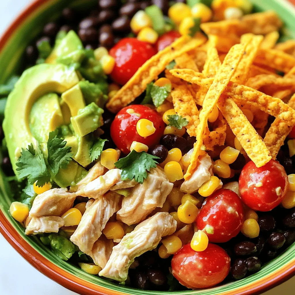 To create a tasty Spicy Southwest Chicken Salad, gather these simple ingredients: - 2 cups cooked chicken breast, diced - 1 cup black beans, drained and rinsed - 1 cup corn kernels, fresh or frozen - 1 red bell pepper, diced - 1 avocado, diced - 1 small red onion, finely chopped - 1 jalapeño, minced (adjust for spice level) - 1 cup cherry tomatoes, halved - 1/4 cup fresh cilantro, chopped - Juice of 2 limes - 3 tablespoons olive oil - 1 teaspoon cumin - 1 teaspoon chili powder - Salt and pepper to taste - Tortilla strips for garnish These ingredients blend well to create a fresh, colorful salad. You can easily adapt this recipe for different needs. Here are some swaps: - For a dairy-free option, skip any cheese. - Use quinoa or chickpeas instead of chicken for a vegan salad. - If you have a bean allergy, increase corn or add more veggies. - Substitute olive oil with avocado oil for a different flavor. - If you dislike spicy food, omit the jalapeño or use sweet bell pepper instead. These substitutions keep the salad delicious while meeting dietary needs. Each serving of Spicy Southwest Chicken Salad provides a nutritious meal. Here’s a quick breakdown: - Calories: 350 - Protein: 30g - Carbs: 30g - Fiber: 10g - Fat: 15g - Sugar: 3g This salad is rich in protein and fiber, helping you feel full and satisfied. Enjoy this healthy meal! For the full recipe, check out the detailed instructions. To make Spicy Southwest Chicken Salad, start with fresh ingredients. Gather your chicken, veggies, and spices. This salad comes together quickly, taking only 15 minutes. 1. Combine ingredients: In a large mixing bowl, add 2 cups of diced cooked chicken, 1 cup of black beans, and 1 cup of corn. Toss in 1 diced red bell pepper, 1 diced avocado, and 1 small finely chopped red onion. Add 1 minced jalapeño for heat and 1 cup of halved cherry tomatoes. 2. Make the dressing: In a small bowl, whisk the juice of 2 limes, 3 tablespoons of olive oil, 1 teaspoon of cumin, and 1 teaspoon of chili powder. Season with salt and pepper. 3. Dress the salad: Pour the dressing over the salad mix. Gently toss everything until well coated. 4. Taste and adjust: Try a bite and add more salt, pepper, or lime juice if needed. 5. Add herbs: Fold in 1/4 cup of chopped fresh cilantro for a burst of flavor. 6. Serve: Place the salad in bowls or on a platter. 7. Garnish: Top with crunchy tortilla strips for texture. To make your dressing pop, use fresh lime juice. Fresh juice tastes better than bottled. Whisk the olive oil slowly to help it mix well with the lime. Taste often and adjust. If you need more heat, add more jalapeño. For a brighter flavor, add more lime juice. Remember, balance is key! Enjoy this salad cold for the best taste. For the full recipe, check out the complete instructions. Start with fresh ingredients. They give the best taste. Dice the chicken into small pieces. This helps it mix well with other items. Rinse the black beans and corn. This removes extra salt or juice. Chop your veggies evenly for a nice look and texture. I love to use ripe avocados. They add creaminess and flavor. Use lime juice to brighten the salad. It brings out the flavors of all the ingredients. The cumin and chili powder add warmth. Adjust the spices to match your taste. If you like heat, add more jalapeño. Fresh cilantro also gives a burst of flavor. Mix everything gently, so you don’t squish the veggies. For a smoky touch, try adding smoked paprika. Crunch is key! Add tortilla strips right before serving. This keeps them crispy. You can also use roasted nuts for a different crunch. Make sure the veggies are crisp and not soggy. Serve the salad chilled for a refreshing bite. If you want extra creaminess, consider a dollop of sour cream. For the full recipe, check out the instructions above. {{image_2}} You can easily swap out the chicken for other proteins. Tofu works great for a vegetarian option. Just cube it and sauté until golden. Shrimp is another tasty choice. Cook shrimp until they turn pink and add them in. You can also use turkey or beef if you prefer. Each option brings a new flavor to the salad. The dressing can change the whole taste. Try using Greek yogurt instead of olive oil for a creamy texture. You can also add a bit of honey for sweetness. A splash of hot sauce can spice it up even more. Experiment with different herbs like dill or basil to give it a unique twist. Feel free to mix in seasonal ingredients. In summer, add fresh peaches or berries for sweetness. In fall, try roasted butternut squash for a warm flavor. You can also toss in seasonal greens like arugula or spinach. These changes keep the salad exciting and fresh all year round. For the full recipe, check out the Spicy Southwest Chicken Salad. To keep your Spicy Southwest Chicken Salad fresh, store it in the fridge. Place leftovers in an airtight container. This method keeps the salad crisp and tasty. Avoid adding dressing to the leftovers. This prevents sogginess and keeps flavors bright. Use glass or plastic food containers with tight lids. These containers help lock in moisture and flavor. If you have smaller amounts, use smaller containers. They are great for lunches or snacks. Mason jars also work well for easy storage. The salad stays fresh in the fridge for about 3 days. After that, the veggies may lose their crunch. Check for any off smells or changes in color. If you notice anything strange, it's best to toss it. Enjoy your salad while it’s still at its best! For the full recipe, check out the details above. Yes, you can make this salad ahead. It tastes great after chilling. Just mix the salad, but wait to add the dressing until serving time. This keeps it fresh and crunchy. Store the salad in an airtight container in the fridge. It stays good for up to two days. You can easily change the spice level to suit your taste. For mild heat, use less jalapeño or remove the seeds. For more heat, add extra jalapeño or some hot sauce. You can also try a pinch of cayenne pepper. Just remember to taste as you go. Serve this salad on its own for a light meal. You can also pair it with tortilla chips for crunch. It goes well with grilled chicken or fish too. For a heartier meal, serve it with rice or quinoa. Add lime wedges on the side for extra zing. We discussed how to create a Spicy Southwest Chicken Salad. I provided the ingredients, cooking steps, and tips for great flavor. You learned about substitutions for allergies and how to store leftovers. Don’t forget the variations to make it your own! Enjoy the mix of flavors and textures. This salad can fit any meal. With a few tweaks, it can be perfect for your dietary needs. Embrace these ideas to keep meals exciting and fresh!