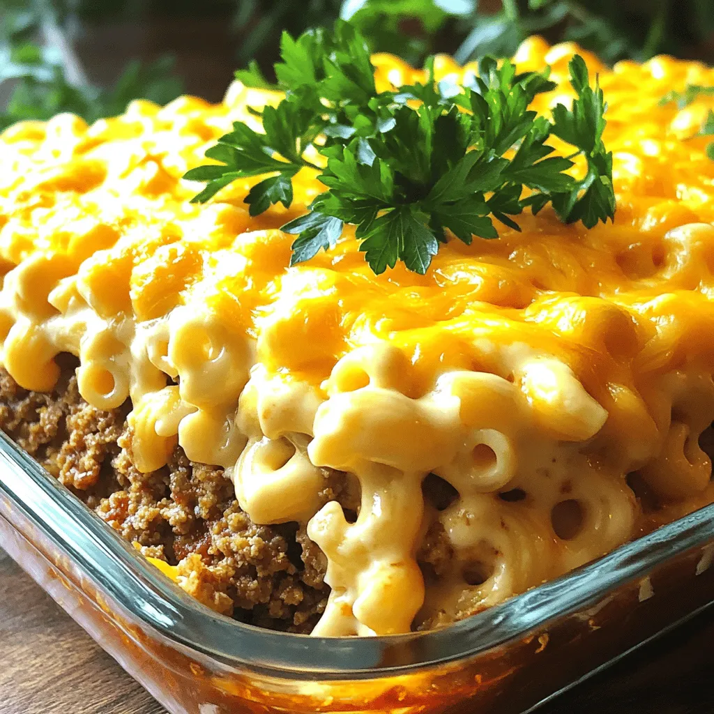 - 1 lb ground beef - 1 cup breadcrumbs - 1 egg - 2 cups cooked macaroni pasta - 2 cups shredded cheddar cheese - 1 cup milk - 1/2 cup sour cream - 1/2 cup grated Parmesan cheese - 1 teaspoon garlic powder - 1 teaspoon onion powder - 1 teaspoon smoked paprika - Salt and pepper to taste Gathering the right ingredients is key for a great Mac and Cheese Meatloaf Casserole. Start with the main ingredients. You need one pound of ground beef. This will be the heart of the dish. Add one cup of breadcrumbs to bind everything together. Crack in one egg. This helps the meatloaf hold its shape. Don't forget the two cups of cooked macaroni pasta. This makes it a true comfort meal. Next, let’s talk about the dairy. For that creamy mac and cheese flavor, you need two cups of shredded cheddar cheese. This is what makes it ooey-gooey. One cup of milk adds moisture. Half a cup of sour cream gives richness. Finally, include half a cup of grated Parmesan cheese for an extra cheesy kick. Now, let's spice things up. You want flavor in every bite. Add one teaspoon of garlic powder. This adds a nice depth. One teaspoon of onion powder gives sweetness. Then, add one teaspoon of smoked paprika for a subtle, smoky taste. Lastly, season with salt and pepper to taste. With these ingredients in hand, you are set to make a delicious dish. For the complete preparation steps, check the Full Recipe. - Preheat the oven to 350°F (175°C). - Prepare the 9x13 inch casserole dish with grease. - Combine ground beef, breadcrumbs, egg, garlic powder, onion powder, smoked paprika, salt, and pepper. - Mix until everything is well combined. - Form the meat mixture into a base layer in the casserole dish. - Mix the cooked macaroni, 1 cup of shredded cheddar cheese, milk, and sour cream. - Stir until the macaroni is well coated. - Layer the macaroni mixture on top of the meat mixture in the casserole dish. - Pour marinara sauce evenly over the macaroni layer. - Sprinkle the remaining shredded cheddar cheese and grated Parmesan cheese on top. - Bake for 30-35 minutes, until the cheese is melted and bubbly. - Remove from the oven and let it rest for 5 minutes before serving. For the full recipe, check out the ingredients listed above. - Ensure the meat is cooked thoroughly before serving. - Use a thermometer to check the internal temperature of 160°F. When you cook this dish, checking the meat is key. Undercooked meat can lead to foodborne illness. That’s why a thermometer is your best friend. It gives you a precise reading. - Pair with a fresh side salad or garlic bread. - Garnish with fresh parsley for presentation. For a tasty meal, I love serving this casserole with a crisp salad. A side of garlic bread adds a warm touch. Don’t forget to sprinkle fresh parsley on top. It adds color and a nice flavor boost. - Avoid overcooking the macaroni before mixing. - Ensure layers are even for consistent cooking. One big mistake is overcooking the macaroni. If you do this, it can get mushy in the oven. Also, make sure your layers are even. This helps the dish cook evenly and taste great. For the full recipe, check out the [Full Recipe]. {{image_2}} You can make this dish even tastier by adding different cheeses. Try using mozzarella for a stretchy texture or pepper jack for a kick. I love mixing in cream cheese; it gives the casserole a rich and creamy taste. This simple swap elevates the classic mac and cheese flavor. For a lighter version, switch the ground beef with ground turkey or chicken. This change keeps the dish healthy while still being delicious. If you want a smoky flavor, add bacon bits to the meat mixture. The crispy bits add a fun crunch and a savory twist. Adding vegetables is a great way to boost nutrition. I like to mix in spinach, zucchini, or bell peppers for color and flavor. Mushrooms also work well, giving your casserole an earthy taste. You can sneak in these veggies without losing the comfort of mac and cheese. After enjoying your Mac and Cheese Meatloaf Casserole, store leftovers in an airtight container. It will stay fresh in the fridge for 3-4 days. When you're ready to eat, reheat it in the oven or microwave. This keeps the flavors intact and the cheese melty. If you want to save some for later, freeze portions in airtight containers. They can last for up to 2 months in the freezer. When you want to enjoy it again, simply thaw it in the fridge overnight before reheating. This way, you can savor this comforting dish even on busy days. For the complete guide, check out the Full Recipe. You can boost the flavor of this dish easily. Try adding spices like cumin or chili powder. Fresh herbs, like basil or thyme, can also elevate it. A dash of hot sauce can bring some heat. Mix in some sautéed onions or peppers for added taste and texture. Yes, you can prepare this dish a day in advance. Assemble the layers and cover the casserole. Refrigerate it overnight. When you're ready to bake, take it out of the fridge and let it sit for a bit. This helps the dish to cook evenly. This casserole pairs well with a fresh side. Steamed vegetables like broccoli or green beans work great. A simple coleslaw adds crunch and a nice contrast. These sides balance the richness of the casserole. For more ideas, check the Full Recipe for extra tips! This blog post outlined how to make a tasty Mac and Cheese Meatloaf Casserole. We covered key ingredients, step-by-step instructions, and helpful tips. I’ve shared storage advice and some fun variations to try. This dish is simple to make and packed with flavor. You can customize it to fit your taste. Now, gather your ingredients and enjoy making this hearty meal with those you love. Happy cooking!