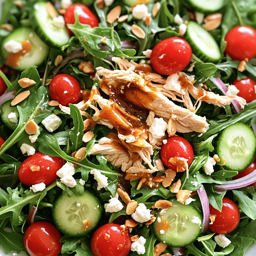 - 2 cups cooked chicken, shredded - 1/4 cup honey - 2 tablespoons hot sauce (adjust to taste) - 4 cups mixed greens (arugula, spinach, romaine) - 1 cup cherry tomatoes, halved - 1/2 cup cucumber, diced - 1/4 cup red onion, thinly sliced - 1/2 cup feta cheese, crumbled - 1/4 cup sliced almonds (toasted) - Salt and pepper to taste - 2 tablespoons olive oil When I make this Honey Hot Chicken Salad, I love how easy it is to gather the ingredients. First, I shred the cooked chicken, which gives the salad its hearty base. The honey adds a touch of sweetness, while the hot sauce brings in a spicy kick. You can adjust the hot sauce to suit your taste, which makes it fun for everyone. For the salad base, I use a mix of greens. I often choose arugula, spinach, and romaine. They create a great texture and color. I add halved cherry tomatoes for freshness and diced cucumber for crunch. Thinly sliced red onion adds a nice bite, and crumbled feta cheese gives it a salty flavor. Finally, I sprinkle toasted sliced almonds on top for an extra crunch. Salt and pepper enhance the dish, and a drizzle of olive oil ties everything together. This combination of ingredients makes every bite a delightful experience. You can find the full recipe to see how it all comes together. - In a small bowl, mix honey and hot sauce until combined. - Adjust hot sauce according to spice preference. You can add more for extra heat or less for a milder taste. This step is key. It sets the tone for your salad's flavor. - Toss shredded chicken with the honey-hot sauce mixture. - Ensure the chicken is evenly coated. This helps every bite burst with flavor. You can use leftover chicken for ease. Shredded rotisserie chicken works great. - Place mixed greens in a large bowl. - Layer cherry tomatoes, cucumber, red onion, and feta on top. You can use any fresh veggies you like. - Add the coated chicken over the salad ingredients. - Drizzle olive oil over the salad and season with salt and pepper to taste. - Top with toasted sliced almonds for added crunch. This gives the salad texture. - Gently toss the salad to combine all ingredients just before serving. Make sure every bite has the delicious flavors mixed in. For the full recipe, check the recipe section above. To get the best taste from your Honey Hot Chicken Salad, try different hot sauces. Each sauce adds a unique kick. I love using a smoky chipotle sauce for depth. If you want more heat, add extra sauce. If you prefer it sweeter, adjust the honey. A little more honey can balance the spice nicely. This salad is perfect for many occasions. You can serve it for lunch, dinner, or at potlucks. It pairs well with crusty bread or pita chips for a nice crunch. You can also add a side of fruit for freshness. Everyone loves a colorful plate! Make your salad look as good as it tastes. Arrange the ingredients neatly in the bowl. Use a large platter for family-style serving. This way, everyone can help themselves. Add some fresh herbs on top for a pop of color. Your guests will love this fun and tasty dish! {{image_2}} If you want a lighter dish, use Greek yogurt instead of honey. This swap lowers the sugar while keeping it tasty. You can also use tofu or chickpeas instead of chicken for a vegetarian option. Both choices add protein and flavor without meat. You can make this salad even more fun by adding fruits. Try apple slices or dried cranberries for a sweet touch. If you like creaminess, include avocados. They add a rich flavor and a smooth texture, making every bite delightful. Seasonal vegetables can boost the taste of your salad. Bell peppers or zucchini are great options to add crunch and color. Fresh herbs like basil or cilantro also brighten the dish. These small changes keep your salad exciting all year round. Keep your Honey Hot Chicken Salad in an airtight container in the fridge. This way, it stays fresh and safe to eat. I recommend enjoying it within 2-3 days for the best taste and texture. When reheating, gently warm the chicken in the microwave or on the stovetop. This keeps the chicken moist and tasty. Avoid reheating the greens to keep them crisp and fresh. You can freeze the unassembled salad components. This means you can store the chicken and veggies separately. Remember to thaw the chicken before mixing it with the greens. Do not freeze the greens, as they will lose their crunch and texture. For the full recipe, check out my [Full Recipe]. Honey hot chicken salad blends spicy and sweet flavors with chicken and fresh veggies. You get tender chicken tossed in a sticky honey-hot sauce. The salad base is crisp and refreshing, made with greens and colorful vegetables. This dish is perfect for lunch or dinner. To lower the heat, cut back on the hot sauce in the recipe. Start with less than two tablespoons. You can always add more later if needed. This way, you can adjust the spice to suit your taste buds. Yes, you can prep this salad ahead of time. Mix the chicken and sauce first. Keep the veggies and greens separate until you are ready to serve. This keeps everything fresh and crisp. Yes, it can be gluten-free. Make sure the hot sauce and other ingredients do not contain gluten. Always check labels to be safe. This salad matches well with quinoa, bread rolls, or grilled vegetables. These sides add variety and make your meal more filling. You can mix and match for a perfect plate. For the complete recipe, check out the [Full Recipe]. This article shared a simple way to make Honey Hot Chicken Salad. You learned about the main ingredients, preparation steps, and tips for flavor. Remember, you can customize this recipe with different veggies and proteins. It’s a great dish for any meal. Enjoy the mix of sweet and spicy flavors. Try making it your own by adding your favorite ingredients. It’s a tasty and healthy option that everyone will love.