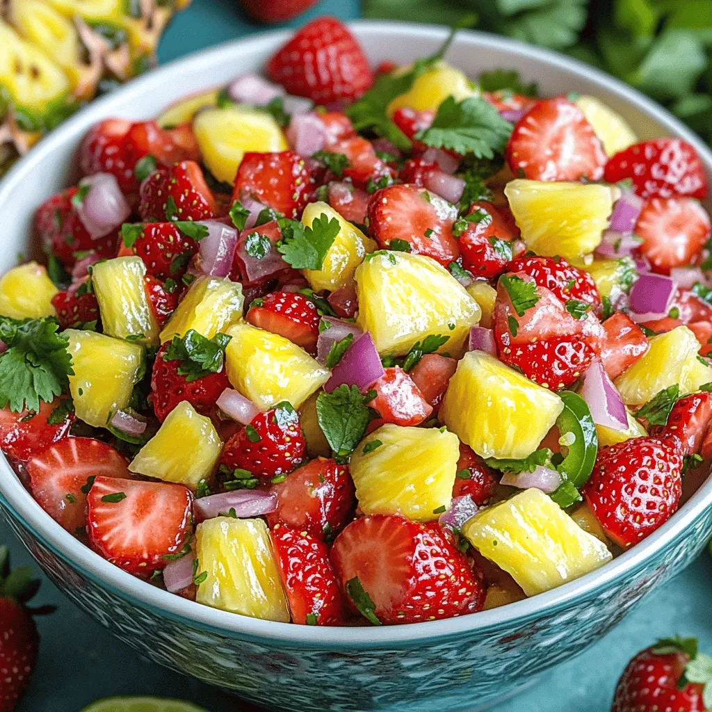 - 1 cup fresh strawberries, hulled and diced - 1 cup fresh pineapple, diced - 1/4 cup red onion, finely chopped - 1/4 cup fresh cilantro, chopped - 1 jalapeño, seeded and minced (optional for heat) - 2 tablespoons lime juice - Salt to taste - Prep Time: 10 minutes - Total Time: 30 minutes - Servings: 4-6 The key to this Strawberry Pineapple Salsa is fresh ingredients. Start with ripe strawberries and juicy pineapple. They add both sweetness and a burst of flavor. I always pick bright, vibrant fruits for the best result. The red onion brings a nice crunch. I chop it finely so it blends well. Cilantro adds freshness and zesty notes. If you like heat, the jalapeño is a great choice. Just remember to seed and mince it carefully. For flavor enhancers, lime juice is a must. It brightens the salsa and balances the sweetness. Finally, salt brings all the flavors together. You can adjust it to your taste. The prep time is just 10 minutes, but chilling enhances the flavors. This recipe makes enough for 4 to 6 servings. It’s perfect for parties or a simple snack. You can find the Full Recipe linked for more details. How to hull and dice strawberries To hull strawberries, grab a sharp knife. Cut off the green tops. Then, cut the strawberries into small pieces. Aim for uniform cubes for a neat salsa. How to dice pineapple Start by cutting off the top and bottom of the pineapple. Stand it upright and slice off the skin. Cut the pineapple into quarters. Remove the tough core. Finally, chop the fruit into small cubes. Mixing strawberries, pineapple, and red onion In a bowl, add the diced strawberries and pineapple. Next, add the finely chopped red onion. This mix brings great flavor and a nice crunch. Adding cilantro and jalapeño Now, chop the fresh cilantro and add it to the bowl. If you like heat, add the minced jalapeño. It makes the salsa lively. Drizzling with lime juice Squeeze fresh lime juice over the salsa mix. This adds a tangy taste that brightens all the flavors. Gently folding the ingredients together Using a spatula, carefully fold the ingredients. You want everything to blend well without smashing the fruit. Chilling for enhanced flavor Cover the bowl and place it in the fridge. Let the salsa chill for 15-20 minutes. This time allows the flavors to come together nicely. For the full recipe, check the main article. Serve your Strawberry Pineapple Salsa in a colorful bowl. A bright dish makes the salsa pop. You can also garnish it with whole strawberries or fresh cilantro leaves. These small touches make it look fancy and inviting. This salsa goes well with many dishes. Try it with tortilla chips for a fresh snack. It also pairs nicely with grilled chicken or fish. The sweet and tangy flavors add a fun twist to your meals. Want to adjust the heat? Add jalapeño to spice things up. If you prefer a sweeter taste, try adding a touch of honey or agave. These simple changes can make your salsa truly unique. For the full recipe, check out the steps above. {{image_2}} You can switch things up with different fruits. Try using mango or kiwi for a fresh twist. These fruits add their own sweet and tangy notes, making the salsa even better. If you don't have red onion, use green onion or shallots instead. They give a milder taste, perfect for those who prefer less bite. This salsa is vegan-friendly, so no worries there! It fits perfectly into a plant-based diet. If you're looking for gluten-free options, you are in luck. Pair it with corn tortilla chips or use it as a topping on grilled meats. It’s great for everyone to enjoy! To give your salsa a Caribbean flair, add tropical fruits like papaya or mango. These fruits bring sunshine to your dish! You can also incorporate local herbs, such as basil or mint, for a unique flavor twist. These herbs can elevate your salsa to a whole new level. For the full recipe, check out the Sweet & Tangy Strawberry Pineapple Salsa . To keep your leftover salsa fresh, store it in the fridge right away. Use an airtight container to prevent air from getting in. Glass jars or plastic containers with tight lids are great options. Make sure to fill the container without leaving too much space. This helps keep the salsa from spoiling too fast. Strawberry Pineapple Salsa lasts about 3 to 5 days in the fridge. Be sure to check for signs of spoilage. If the salsa smells off, or if you see any mold, it’s best to throw it away. Fresh salsa should look bright and colorful. If it starts to look dull, it may not be safe to eat. Yes, you can freeze Strawberry Pineapple Salsa! To freeze it properly, use a freezer-safe container. Leave some space at the top for expansion. When you're ready to eat it, thaw the salsa in the fridge overnight. Avoid microwaving it, as this can change the texture. Enjoy your fresh salsa even after a few weeks! For the full recipe, refer back to the beginning of the article. What is the best way to prepare strawberries for salsa? To prepare strawberries, start by hulling them. This means removing the green leafy top. Next, chop them into small, equal pieces. This helps them mix well with other ingredients in the salsa. I like to use fresh, ripe strawberries for the best flavor. Can I use canned pineapple instead of fresh? Yes, you can use canned pineapple. Make sure to choose pineapple in juice or water, not syrup. Drain it well before adding it to your salsa. Fresh pineapple gives a brighter taste, but canned works in a pinch. Is this salsa suitable for meal prep? Yes, this salsa is great for meal prep. You can make it ahead of time and store it in the fridge. It stays fresh for about three days. The flavors get better the longer it sits. Just give it a good stir before serving. Can kids eat salsa with jalapeño? You can make a kid-friendly version by leaving out the jalapeño. Many kids enjoy the sweet fruit flavors without the added heat. If you want a little spice, consider using just a tiny bit or a milder pepper. Is Strawberry Pineapple Salsa healthy? Yes, this salsa is healthy! It has fresh fruits and veggies, which are low in calories. Strawberries and pineapple are full of vitamins and antioxidants. This salsa adds flavor without many calories or fat. What are the calorie counts for the recipe? The full recipe has about 100 calories per serving. Each serving gives you a tasty way to enjoy fresh produce. You can enjoy it guilt-free with chips or on grilled meats. For the full recipe, check the earlier section. In summary, I shared a simple and fresh recipe for Strawberry Pineapple Salsa. You learned about key ingredients, step-by-step instructions, and tips for serving. This salsa is quick to make and pairs well with many dishes. Remember, you can customize it with different fruits or spice levels. Enjoy this tasty treat and make it your own! With a bit of care in storage, you can enjoy this salsa for days. Dive in and taste the flavors come alive!